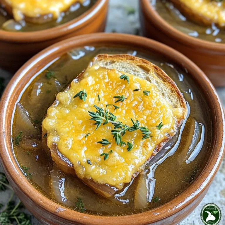 For the best French onion soup with cheesy bread, gather these key ingredients: - 4 large onions, thinly sliced - 2 tablespoons unsalted butter - 1 tablespoon olive oil - 1 teaspoon salt - 1 teaspoon sugar - 6 cups beef broth (or vegetable broth for a vegetarian option) - 2 teaspoons fresh thyme leaves (or 1 teaspoon dried thyme) - 1 bay leaf - 1/4 teaspoon black pepper - 1 baguette, sliced into 1-inch pieces - 2 cups shredded Gruyère cheese (or a mix of Gruyère and mozzarella for extra melting) - Fresh parsley, chopped (for garnish) These ingredients work together to create a warm and rich flavor. If you need to make swaps, consider these options: - Use sweet onions like Vidalia for a milder taste. - Substitute butter with olive oil for a dairy-free version. - Swap Gruyère for Swiss cheese if that’s what you have. - For a vegan option, use vegetable broth and non-dairy cheese. These alternatives can still keep your soup delicious. When buying ingredients, look for: - Fresh onions that feel firm and have no soft spots. - High-quality broth; homemade is best but store-bought works too. - Fresh thyme should be bright green and fragrant. - Choose a crusty baguette that is fresh for the best cheesy bread. Quality ingredients will elevate your French onion soup. First, slice the four large onions thinly. This step makes sure they cook evenly. In your slow cooker, add the sliced onions along with two tablespoons of unsalted butter and one tablespoon of olive oil. Sprinkle in one teaspoon of salt and one teaspoon of sugar. Stir this mix well to coat the onions. Cover the slow cooker and set it to low for 8-10 hours or high for 4-5 hours. The goal is to get the onions deeply caramelized. This adds a sweet flavor to your soup. Once the onions are caramelized, it's time to add flavor. Remove the lid from your slow cooker. Pour in six cups of beef broth or vegetable broth for a vegetarian option. Add two teaspoons of fresh thyme leaves, or one teaspoon if you're using dried thyme. Toss in one bay leaf and a quarter teaspoon of black pepper. Stir the mixture well to combine all the flavors. Cover the slow cooker again and cook on low for another 30 minutes. This allows the spices to blend into the broth. While the soup is cooking, let's get the cheesy bread ready. Preheat your oven to 400°F (200°C). Take a baguette and slice it into one-inch pieces. Arrange the slices on a baking sheet. Sprinkle half of the two cups of shredded Gruyère cheese over the bread. Bake the bread for about 8-10 minutes. Keep an eye on it until the cheese is bubbly and golden. When the soup is ready, ladle it into bowls. Top each bowl with a cheesy bread slice and sprinkle the rest of the cheese on top. For a final touch, return the bowls to the oven for another 5 minutes. This melts the cheese beautifully. Garnish with fresh parsley before serving. To get sweet, rich onions, start on low heat. This slow cooking helps them caramelize well. You should stir them every 30 minutes. This will help them cook evenly and brown nicely. The key is patience. It may take up to ten hours in the slow cooker. If you see them getting dark too fast, lower the heat. Choose cheese that melts well, like Gruyère or mozzarella. When topping your soup, use a thick layer for a gooey finish. Bake the cheesy bread until it's bubbly and golden. This adds a lovely crunch to your dish. After ladling the soup, add cheese on top and return it to the oven. This gives you a melty layer that pulls apart perfectly. Taste the soup before serving. You can add more salt or pepper if you want. Fresh thyme gives a lovely herbal note. If you prefer a little heat, try adding red pepper flakes. You can also switch up the broth. For a lighter taste, use vegetable broth. Adjusting these flavors can make the soup feel more personal and special. {{image_2}} You can enjoy French onion soup without meat. Just swap beef broth for vegetable broth. This keeps all the flavor while making it vegetarian. Use the same onions, butter, and spices. You will still get that rich, warm taste everyone loves. If you want a bit more depth, add a splash of soy sauce or miso paste. These options bring umami to your soup. Cheese makes this dish special. Gruyère is the classic choice, but you can mix it up! Try mozzarella for extra stretchiness. Or use sharp cheddar for a bold flavor. Blend cheeses for a unique taste. Just remember to use cheeses that melt well. This will give you that gooey cheese layer on top of your soup. Want to make your soup more filling? Add proteins like chicken, beef, or even lentils. Shredded rotisserie chicken works great. It adds protein without much effort. For a vegetarian option, use canned beans or lentils. They boost the soup's heartiness while keeping it healthy. Just add proteins alongside the broth and let them cook together. This way, you create a more satisfying meal. After you enjoy your French onion soup, store any leftovers in an airtight container. Let the soup cool to room temperature first. Then, place the container in the fridge. It will last for about 3 to 4 days. For the cheesy bread, wrap it in foil or plastic wrap. This keeps it fresh and tasty. To reheat the soup, pour it into a pot. Heat it on the stove over medium heat. Stir it often until it is hot. You can also use the microwave. Place the soup in a microwave-safe bowl. Heat it in short bursts, stirring in between. For the cheesy bread, pop it in the oven at 350°F (175°C) for about 10 minutes. This will make it crispy again. If you want to freeze the soup, use freezer-safe containers. Leave some space at the top for expansion. The soup can last for up to 3 months in the freezer. Thaw it overnight in the fridge before reheating. Cheese bread does not freeze as well. If you must freeze it, wrap it tightly. Just know it may not be as crispy when thawed. Yes, you can make French onion soup in advance. The flavors only get better when it sits. Cook the soup, let it cool, and store it in the fridge. You can keep it for up to three days. When you are ready to eat, just reheat it on the stove. Add the cheesy bread right before serving for that warm, gooey topping. To get the best flavor, focus on caramelizing the onions well. Cook them slowly, and let them turn a deep, rich brown. This step is key. Add fresh thyme and a bay leaf to enhance the taste. Use quality beef broth for a robust flavor. If you want a vegetarian option, vegetable broth works great too. Remember, good ingredients lead to great flavor! French onion soup is filling, but you can serve a few light sides. A simple green salad with a light vinaigrette works well. You can also add some roasted vegetables for extra color and taste. Try a crusty baguette on the side to dip in the soup. These sides will balance the rich, cheesy soup and make your meal complete! This blog post shared key points for making French onion soup. You learned about choosing fresh ingredients, step-by-step cooking, and tips for flavor. Remember, good onions make a big difference. Experiment with cheeses and proteins to fit your taste. Storing and reheating leftovers correctly keeps the soup tasty. I hope these tips help you create a delicious dish every time. Enjoy your cooking journey!