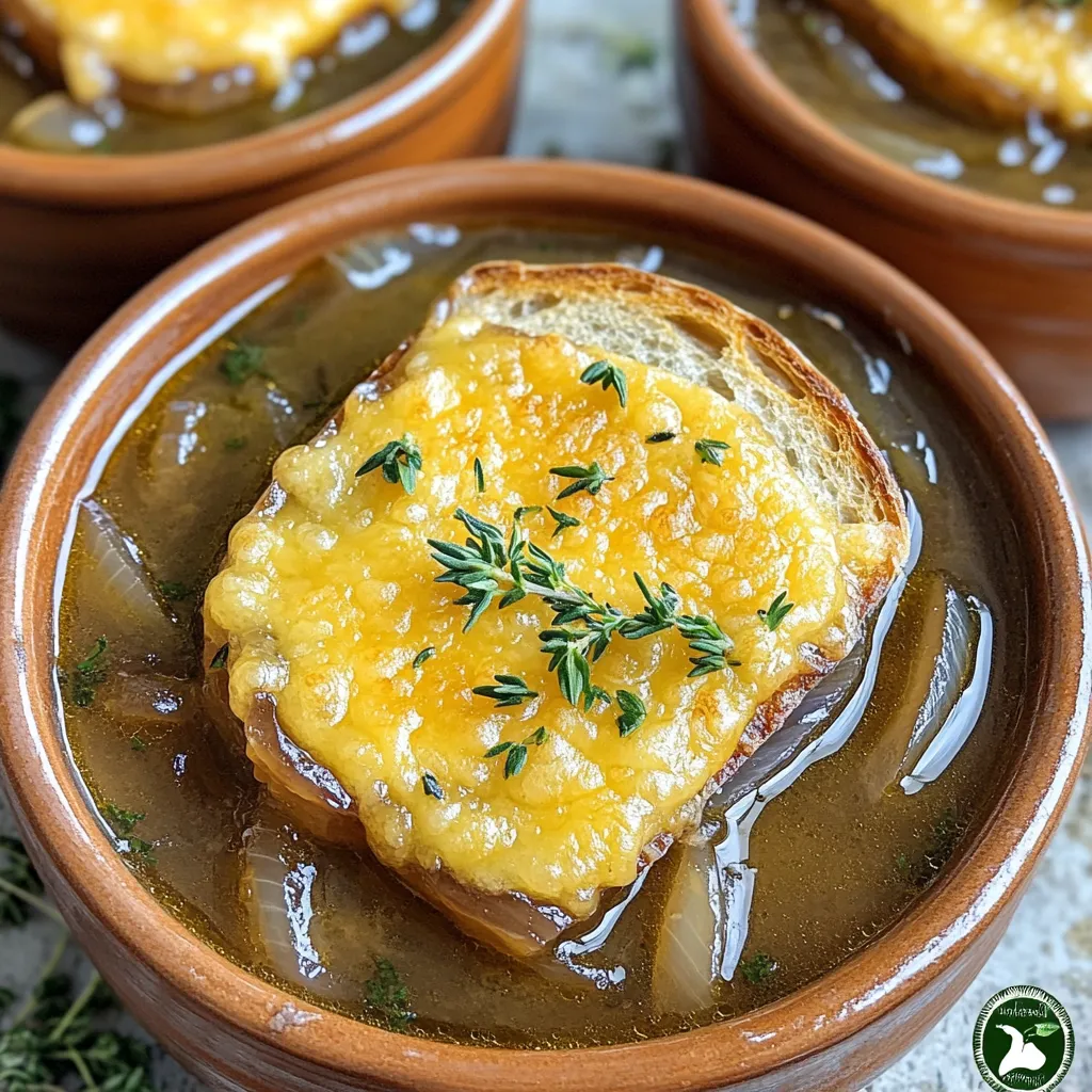 For the best French onion soup with cheesy bread, gather these key ingredients: - 4 large onions, thinly sliced - 2 tablespoons unsalted butter - 1 tablespoon olive oil - 1 teaspoon salt - 1 teaspoon sugar - 6 cups beef broth (or vegetable broth for a vegetarian option) - 2 teaspoons fresh thyme leaves (or 1 teaspoon dried thyme) - 1 bay leaf - 1/4 teaspoon black pepper - 1 baguette, sliced into 1-inch pieces - 2 cups shredded Gruyère cheese (or a mix of Gruyère and mozzarella for extra melting) - Fresh parsley, chopped (for garnish) These ingredients work together to create a warm and rich flavor. If you need to make swaps, consider these options: - Use sweet onions like Vidalia for a milder taste. - Substitute butter with olive oil for a dairy-free version. - Swap Gruyère for Swiss cheese if that’s what you have. - For a vegan option, use vegetable broth and non-dairy cheese. These alternatives can still keep your soup delicious. When buying ingredients, look for: - Fresh onions that feel firm and have no soft spots. - High-quality broth; homemade is best but store-bought works too. - Fresh thyme should be bright green and fragrant. - Choose a crusty baguette that is fresh for the best cheesy bread. Quality ingredients will elevate your French onion soup. First, slice the four large onions thinly. This step makes sure they cook evenly. In your slow cooker, add the sliced onions along with two tablespoons of unsalted butter and one tablespoon of olive oil. Sprinkle in one teaspoon of salt and one teaspoon of sugar. Stir this mix well to coat the onions. Cover the slow cooker and set it to low for 8-10 hours or high for 4-5 hours. The goal is to get the onions deeply caramelized. This adds a sweet flavor to your soup. Once the onions are caramelized, it's time to add flavor. Remove the lid from your slow cooker. Pour in six cups of beef broth or vegetable broth for a vegetarian option. Add two teaspoons of fresh thyme leaves, or one teaspoon if you're using dried thyme. Toss in one bay leaf and a quarter teaspoon of black pepper. Stir the mixture well to combine all the flavors. Cover the slow cooker again and cook on low for another 30 minutes. This allows the spices to blend into the broth. While the soup is cooking, let's get the cheesy bread ready. Preheat your oven to 400°F (200°C). Take a baguette and slice it into one-inch pieces. Arrange the slices on a baking sheet. Sprinkle half of the two cups of shredded Gruyère cheese over the bread. Bake the bread for about 8-10 minutes. Keep an eye on it until the cheese is bubbly and golden. When the soup is ready, ladle it into bowls. Top each bowl with a cheesy bread slice and sprinkle the rest of the cheese on top. For a final touch, return the bowls to the oven for another 5 minutes. This melts the cheese beautifully. Garnish with fresh parsley before serving. To get sweet, rich onions, start on low heat. This slow cooking helps them caramelize well. You should stir them every 30 minutes. This will help them cook evenly and brown nicely. The key is patience. It may take up to ten hours in the slow cooker. If you see them getting dark too fast, lower the heat. Choose cheese that melts well, like Gruyère or mozzarella. When topping your soup, use a thick layer for a gooey finish. Bake the cheesy bread until it's bubbly and golden. This adds a lovely crunch to your dish. After ladling the soup, add cheese on top and return it to the oven. This gives you a melty layer that pulls apart perfectly. Taste the soup before serving. You can add more salt or pepper if you want. Fresh thyme gives a lovely herbal note. If you prefer a little heat, try adding red pepper flakes. You can also switch up the broth. For a lighter taste, use vegetable broth. Adjusting these flavors can make the soup feel more personal and special. {{image_2}} You can enjoy French onion soup without meat. Just swap beef broth for vegetable broth. This keeps all the flavor while making it vegetarian. Use the same onions, butter, and spices. You will still get that rich, warm taste everyone loves. If you want a bit more depth, add a splash of soy sauce or miso paste. These options bring umami to your soup. Cheese makes this dish special. Gruyère is the classic choice, but you can mix it up! Try mozzarella for extra stretchiness. Or use sharp cheddar for a bold flavor. Blend cheeses for a unique taste. Just remember to use cheeses that melt well. This will give you that gooey cheese layer on top of your soup. Want to make your soup more filling? Add proteins like chicken, beef, or even lentils. Shredded rotisserie chicken works great. It adds protein without much effort. For a vegetarian option, use canned beans or lentils. They boost the soup's heartiness while keeping it healthy. Just add proteins alongside the broth and let them cook together. This way, you create a more satisfying meal. After you enjoy your French onion soup, store any leftovers in an airtight container. Let the soup cool to room temperature first. Then, place the container in the fridge. It will last for about 3 to 4 days. For the cheesy bread, wrap it in foil or plastic wrap. This keeps it fresh and tasty. To reheat the soup, pour it into a pot. Heat it on the stove over medium heat. Stir it often until it is hot. You can also use the microwave. Place the soup in a microwave-safe bowl. Heat it in short bursts, stirring in between. For the cheesy bread, pop it in the oven at 350°F (175°C) for about 10 minutes. This will make it crispy again. If you want to freeze the soup, use freezer-safe containers. Leave some space at the top for expansion. The soup can last for up to 3 months in the freezer. Thaw it overnight in the fridge before reheating. Cheese bread does not freeze as well. If you must freeze it, wrap it tightly. Just know it may not be as crispy when thawed. Yes, you can make French onion soup in advance. The flavors only get better when it sits. Cook the soup, let it cool, and store it in the fridge. You can keep it for up to three days. When you are ready to eat, just reheat it on the stove. Add the cheesy bread right before serving for that warm, gooey topping. To get the best flavor, focus on caramelizing the onions well. Cook them slowly, and let them turn a deep, rich brown. This step is key. Add fresh thyme and a bay leaf to enhance the taste. Use quality beef broth for a robust flavor. If you want a vegetarian option, vegetable broth works great too. Remember, good ingredients lead to great flavor! French onion soup is filling, but you can serve a few light sides. A simple green salad with a light vinaigrette works well. You can also add some roasted vegetables for extra color and taste. Try a crusty baguette on the side to dip in the soup. These sides will balance the rich, cheesy soup and make your meal complete! This blog post shared key points for making French onion soup. You learned about choosing fresh ingredients, step-by-step cooking, and tips for flavor. Remember, good onions make a big difference. Experiment with cheeses and proteins to fit your taste. Storing and reheating leftovers correctly keeps the soup tasty. I hope these tips help you create a delicious dish every time. Enjoy your cooking journey!