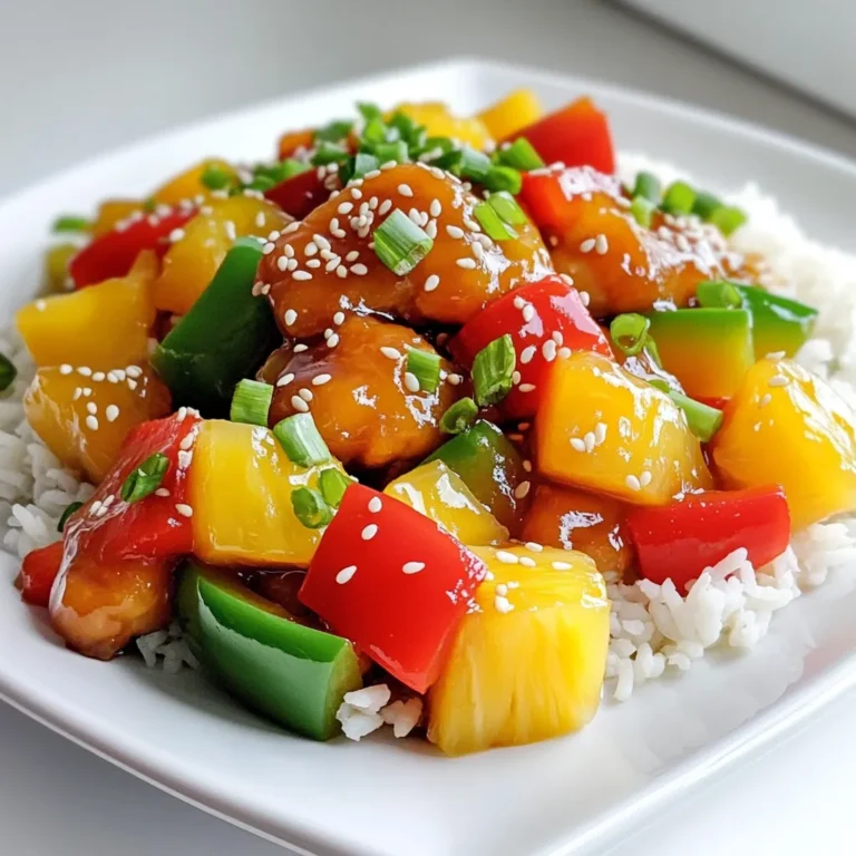 To make sweet and sour chicken, you need a few key items: - 1 pound boneless chicken breast, cut into bite-sized pieces - 1 cup bell peppers (red, green, and yellow), sliced - 1 cup pineapple chunks (fresh or canned) - 1/2 cup onion, chopped These ingredients give the dish its bright colors and great taste. The chicken provides protein while the peppers and pineapple add crunch and sweetness. For a complete meal, serve the sweet and sour chicken with: - Cooked rice Rice absorbs the sauce and balances the dish. You can use white or brown rice based on your preference. The sauce is what makes this dish special. You’ll need: - 1/2 cup sugar - 1/2 cup apple cider vinegar - 1/4 cup soy sauce (low sodium recommended) - 2 tablespoons ketchup - 1 tablespoon cornstarch - 2 tablespoons vegetable oil - 1 teaspoon garlic powder - 1/2 teaspoon ginger powder - Salt and pepper to taste These ingredients create the sweet, tangy, and savory flavors we love in this dish. The cornstarch helps thicken the sauce, making it perfect for coating the chicken and veggies. First, cut the boneless chicken breast into bite-sized pieces. Season these pieces with salt, pepper, garlic powder, and ginger powder. This adds flavor and makes the chicken tasty. Let the chicken sit for a few minutes to absorb the spices. In a large skillet, heat 1 tablespoon of vegetable oil over medium-high heat. Once the oil is hot, add the seasoned chicken. Cook it for about 5-7 minutes until the chicken is golden brown and cooked through. Make sure to stir it often. When done, remove the chicken from the pan and set it aside. In the same skillet, pour in the remaining tablespoon of vegetable oil. Add chopped onion and sliced bell peppers. Stir-fry these vegetables for about 3-4 minutes. Cook until they are slightly tender but still crisp. The colors of the peppers make the dish look bright. In a mixing bowl, whisk together the sugar, apple cider vinegar, soy sauce, ketchup, and cornstarch. Mix well until everything is combined. This sauce will bring the sweet and sour flavor to our dish. Return the cooked chicken to the skillet with the vegetables. Pour the sauce over everything and add the pineapple chunks. Stir well to combine all the ingredients. Make sure the chicken and veggies are coated with the sauce. Let the mixture simmer on medium heat for about 5-7 minutes. Stir occasionally to prevent sticking. The sauce will thicken and cling to the chicken and vegetables. This makes for a delicious coating. Remove the skillet from heat. Serve the sweet and sour chicken hot over cooked rice. You can also garnish it with sesame seeds and chopped green onions for extra flavor and color. Enjoy your homemade dish that’s better than takeout! To make your sweet and sour chicken even better than takeout, use fresh ingredients. Choose ripe bell peppers and sweet pineapple. This will add vibrant flavor and color to the dish. For the chicken, use high-quality, boneless pieces. Season it well with salt, pepper, garlic powder, and ginger powder. This enhances the taste. When cooking, let the chicken get a nice golden brown. This adds a great texture. One common mistake is overcooking the chicken. This can make it dry. Cook it just until golden and cooked through. Another mistake is not thickening the sauce enough. Be sure to whisk the cornstarch into the sauce well. It helps the sauce stick to the chicken. Also, don't skip the simmering step. This allows the flavors to blend. Lastly, avoid using too much vinegar. It can make the dish too tart. Presentation matters! Serve your sweet and sour chicken on a large platter. This gives a beautiful look. Garnish it with sesame seeds and chopped green onions. These add a pop of color and crunch. Consider using a bowl of cooked rice on the side. It makes the meal complete. A colorful plate makes for a happy table. Enjoy! {{image_2}} You can swap chicken for other proteins. Try shrimp for a seafood twist. Beef or pork also work well. Each protein offers a unique flavor. Adjust cooking times for different meats. For shrimp, cook until just pink. For beef, use thin slices for quick cooking. To make this dish vegetarian, use tofu. Press it to remove excess water, then cube it. Cook until golden for a nice texture. Seitan is another great option. It has a chewy texture that mimics meat. For vegan, ensure your sauce ingredients are plant-based. You can make some easy swaps to cut calories. Use less sugar and add more pineapple. This keeps sweetness while reducing added sugar. Choose low-sodium soy sauce for less salt. You can also use brown rice instead of white rice. This adds fiber and nutrients. To keep your sweet and sour chicken fresh, place it in an airtight container. Make sure the chicken cools to room temperature first. Store it in the fridge for up to 3 days. If you want to keep it longer, freezing is a great option. When you are ready to enjoy your leftovers, reheat them on the stove. Use a non-stick skillet over medium heat. Add a splash of water or broth to keep it moist. Stir occasionally until heated through. You can also use a microwave. Heat it in short bursts, stirring in between, until warm. You can freeze sweet and sour chicken for up to 3 months. Use a freezer-safe container or bag. Make sure to remove as much air as possible to prevent freezer burn. When ready to eat, thaw it in the fridge overnight. Reheat as mentioned above for the best taste and texture. Yes, you can use frozen chicken. Just make sure to thaw it first. Thawing helps the chicken cook evenly. If you forget to thaw, you can cook it longer. Just check that the chicken reaches 165°F to ensure it is safe to eat. To thicken the sauce, add more cornstarch. Mix 1 tablespoon of cornstarch with 2 tablespoons of water. Stir this mixture into the sauce as it cooks. Allow it to simmer until it reaches your desired thickness. You can also cook it longer to reduce the liquid. Sweet and sour chicken pairs well with cooked rice. You can use white rice, brown rice, or even cauliflower rice. For extra color, add steamed broccoli or snap peas on the side. You can also serve it with a fresh salad for crunch. To make sweet and sour chicken gluten-free, swap soy sauce for tamari. Tamari is made without wheat, making it safe for gluten-free diets. You can also check for gluten-free cornstarch, which is usually safe. Yes, you can make sweet and sour chicken ahead of time. Cook it and let it cool completely. Store it in an airtight container in the fridge. When ready to serve, reheat it in a skillet over medium heat until hot. In this post, I shared how to make sweet and sour chicken. We covered key ingredients, step-by-step cooking, and tips for a perfect dish. Remember to avoid common mistakes and think about variations. This meal can be healthier or fit your diet needs. Store leftovers properly so you can enjoy it later. Whether for a weeknight dinner or a special occasion, this dish can be a hit. Use this guide to create your own tasty version of sweet and sour chicken!