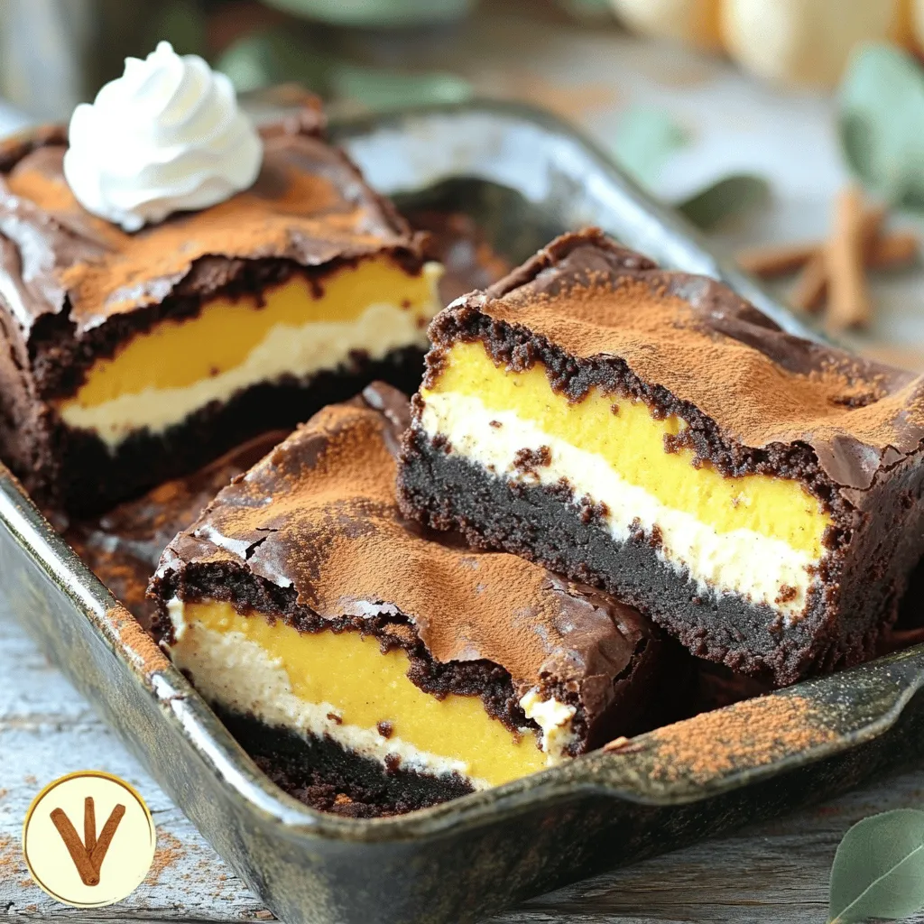 To make delightful pumpkin cheesecake brownies, you will need: - 1 cup unsweetened cocoa powder - 1 cup all-purpose flour - 1/2 teaspoon baking powder - 1/4 teaspoon salt - 1/2 cup unsalted butter, melted - 1 cup granulated sugar - 2 large eggs - 1 teaspoon vanilla extract - 1 cup pumpkin puree - 1/2 teaspoon ground cinnamon - 1/4 teaspoon ground nutmeg - 1/4 cup cream cheese, softened - 1/4 cup powdered sugar - 1 egg yolk Using high-quality ingredients makes a big difference. I always recommend using unsweetened cocoa powder for rich flavor. Choose fresh pumpkin puree for the best taste. If you need dietary options, you can make some easy swaps. Use gluten-free flour if you want a gluten-free treat. For a dairy-free version, substitute cream cheese with vegan cream cheese. Want to change the flavor? Try adding almond or maple extract instead of vanilla. You can also mix in some spices like ground ginger for a twist. Start by preheating your oven to 350°F (175°C). This heat creates the perfect bake. Next, grab a 9x9 inch baking pan. You can grease it with butter or line it with parchment paper. Either way, this helps the brownies come out easily. In a medium bowl, whisk together the dry ingredients: cocoa powder, flour, baking powder, and salt. This ensures even mixing. In a larger bowl, mix the melted butter and granulated sugar. Stir until combined. Now, add the eggs one at a time. Then, mix in the vanilla extract. This adds nice flavor. Carefully fold the dry mix into the wet mix. Do this until just combined. Overmixing can make your brownies tough. Set aside about one cup of brownie batter. Spread the rest evenly in the baking pan. Next, in a small bowl, blend the pumpkin puree, cinnamon, nutmeg, cream cheese, powdered sugar, and egg yolk. Mix until smooth. Spread this pumpkin mixture on top of the brownie base. Now, drop spoonfuls of the reserved brownie batter on top. Use a knife or toothpick to swirl the two batters together. This gives a lovely marbled effect. Bake for 30-35 minutes. Check with a toothpick; it should come out with moist crumbs. Let the brownies cool in the pan for at least 15 minutes before slicing. Enjoy this fall treat! To check if your brownies are done, use the toothpick test. Insert a toothpick into the center. If it comes out with a few moist crumbs, they are ready. If it has wet batter, bake for a few more minutes. Cooling time is very important. Let your brownies cool for at least 15 minutes in the pan. This helps them set and makes slicing easier. If you cut them too soon, they may crumble. Add chocolate chips or nuts to the brownie layer for extra flavor. Dark chocolate chips work well with pumpkin. Chopped nuts, like walnuts or pecans, add a nice crunch. When serving your brownies, top them with whipped cream. A dollop of cream makes each bite richer. You can also sprinkle a bit of cinnamon on top for added warmth. Overmixing the batter is a common mistake. Mix just until the dry ingredients are combined. This helps keep your brownies soft. Another mistake is not greasing your pan. Always grease or line your baking pan. This ensures your brownies come out easily. Lastly, avoid opening the oven door too often. Each time you open it, hot air escapes. This can cause your brownies to bake unevenly. {{image_2}} You can change up the flavor of your pumpkin cheesecake brownies easily. One fun way is to add spices like ginger or cloves to the pumpkin mix. This will give it a warm, spicy kick. Try adding one teaspoon of ground ginger or a pinch of ground cloves for a new twist. Another idea is to stir in caramel or toffee bits. These sweet bits will melt into the brownies, adding a chewy texture and rich taste. Just about half a cup will do. It’s a great way to surprise your taste buds! Want to make vegan pumpkin cheesecake brownies? Swap out the eggs for flax eggs. You can do this by mixing one tablespoon of ground flaxseed with three tablespoons of water. Let it sit for five minutes to thicken. Use dairy-free cream cheese and a sugar substitute for a low-sugar option. Coconut sugar works well and brings a nice flavor. For a gluten-free version, use almond flour or a gluten-free mix instead of all-purpose flour. This way, everyone can enjoy these tasty treats without worry! You can make these brownies fit any holiday! For Thanksgiving, add chopped pecans on top for a nutty crunch. You can sprinkle some crushed candy canes on top for a Christmas touch. This not only adds a pop of color but also a minty flavor. For Halloween, why not shape the brownies into fun spooky designs? Use a ghost or pumpkin cookie cutter for a festive treat. There are so many ways to make this dessert fit your celebrations! To keep your pumpkin cheesecake brownies fresh, use an air-tight container. This helps seal in moisture and flavor. Place a piece of parchment paper between layers if you stack them. This prevents sticking. Store the container in a cool, dry place for up to three days. For pumpkin desserts, refrigeration is best if you want to keep them longer. They can last about a week in the fridge. If you want to save some brownies for later, freezing is a great option. First, let the brownies cool completely. Then, wrap them tightly in plastic wrap. Place the wrapped brownies in a freezer bag or air-tight container. Be sure to remove as much air as possible. You can freeze them for up to three months. When you’re ready to enjoy them, thaw the brownies in the fridge overnight. This keeps them moist and tasty. Yes, you can make these brownies ahead of time. Prepare them a day or two before you serve. Once cool, slice them into squares. Wrap each square tightly in plastic wrap. This keeps them fresh. Store them in an airtight container in the fridge. For best taste, let them come to room temperature before serving. If you want to avoid cream cheese, there are good options. You can use dairy-free cream cheese. Silken tofu is another great choice. Just blend it until smooth. You can also try Greek yogurt for a tangy flavor. Each will give a nice texture to the pumpkin mixture. These brownies last about 3 to 4 days at room temperature. Keep them in a cool, dry place. If you store them in the fridge, they can last up to a week. The cold helps keep them fresh longer. Just remember to keep them in an airtight container to avoid drying out. In this post, we explored delicious pumpkin cheesecake brownies. We covered key ingredients and how to choose them wisely. You learned about substitutions for different diets and flavor tweaks to make it your own. I shared step-by-step instructions, tips for perfect baking, and ways to avoid common mistakes. Finally, we discussed storage tips and answered common questions. With these insights, you can create tasty brownies that impress everyone. Enjoy your baking adventure and savor each bite!