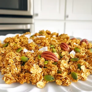 Here are the main ingredients you need: - 2 cups old-fashioned rolled oats - 1 cup pumpkin seeds - 1 cup chopped pecans - 1/2 cup shredded coconut (unsweetened) - 1/2 cup almond butter - 1/3 cup maple syrup - 1/2 cup pumpkin puree - 1 tablespoon pumpkin pie spice - 1 teaspoon vanilla extract - A pinch of salt These ingredients come together to create a tasty and crunchy snack. The oats form the base, while pumpkin seeds and pecans add texture and flavor. Unsweetened coconut brings a bit of sweetness without too much sugar. Using whole ingredients makes your granola healthy and satisfying. Old-fashioned oats provide fiber, which is good for digestion. Pumpkin seeds are high in protein and healthy fats. Pecans bring vitamins and minerals. Almond butter adds creaminess and a nutty taste. Maple syrup offers natural sweetness without refined sugar. Pumpkin puree gives moisture and a rich flavor. Each ingredient has a purpose and adds to the overall goodness. If you have dietary needs, you can swap some ingredients. Here are a few ideas: - Nut-Free: Use sunbutter or soy nut butter instead of almond butter. - Vegan: Make sure your maple syrup is vegan, and use a plant-based butter. - Gluten-Free: Choose gluten-free oats to keep this snack safe for those with gluten intolerance. These swaps let you enjoy the recipe while meeting your needs. There’s always a way to make it work for you! Making no-bake pumpkin spice granola clusters is easy and fun. You start with the dry ingredients and then mix in the wet ones. The process takes about 10 minutes of prep time. After that, you let the mixture chill to set. This recipe yields around 12 servings. Begin by gathering a large mixing bowl. Add 2 cups of old-fashioned rolled oats, 1 cup of pumpkin seeds, 1 cup of chopped pecans, and 1/2 cup of shredded coconut. Sprinkle in a pinch of salt. Use a wooden spoon to stir everything together. Make sure each ingredient gets evenly mixed. This helps with flavor and texture in every bite. Next, grab a separate bowl for the wet ingredients. Pour in 1/2 cup of almond butter. Add 1/3 cup of maple syrup and 1/2 cup of pumpkin puree. Then, mix in 1 tablespoon of pumpkin pie spice and 1 teaspoon of vanilla extract. Whisk these ingredients until the mixture is smooth. This blend adds sweetness and spice to the clusters. Now, take the wet mixture and pour it over the dry ingredients. Stir gently until everything is coated well. After that, line a baking dish with parchment paper. Press the mixture firmly into the dish. Aim for a thickness of about 1 inch. This step ensures the clusters hold together well. Place the dish in the fridge for at least 2 hours. This chilling time helps the mixture set properly. Once it’s firm, take the dish out of the fridge. Lift the mixture out using the parchment paper. Cut it into squares or clusters with a sharp knife. Store the granola clusters in an airtight container. They can stay at room temperature or in the fridge for longer freshness. To get those perfect clusters, start with fresh ingredients. Old oats can lead to dry granola. When mixing, press the mixture down firmly into the pan. This helps the clusters stick together. If they feel loose, add a bit more almond butter or maple syrup. Allow them to chill in the fridge for at least two hours. This cooling time helps them set. I promise it makes a big difference! You can easily switch up the flavors in these granola clusters. Try adding chocolate chips for a sweet touch. Dried fruits like cranberries or raisins work well too. If you want a nut-free option, use sunflower seeds instead of nuts. You can also swap almond butter for peanut butter if you prefer. Experiment with spices like cinnamon or nutmeg for a unique twist. Accurate measurements matter for the best results. Use a kitchen scale if you have one. It ensures you get just the right amount of each ingredient. For dry ingredients, use the spoon and level method. Spoon the ingredient into your measuring cup, then level it off with a knife. This keeps your measurements precise. When measuring sticky ingredients like almond butter, spray your measuring cup with oil first. This helps the nut butter slide out easily. {{image_2}} You can easily add chocolate chips to this recipe. Just mix in a cup of dark or semi-sweet chocolate chips with the dry ingredients. This makes a sweet twist that kids love. The chocolate pairs well with the pumpkin spice flavor. It adds a rich and creamy texture to each bite. For a nut-free option, replace the chopped pecans with sunflower seeds or extra pumpkin seeds. This keeps the crunch while making it safe for those with nut allergies. You can also use sunflower seed butter instead of almond butter. This swap keeps the clusters delicious and safe for everyone. You can switch up the flavors based on the season. For a maple twist, use maple syrup as your sweetener and add a teaspoon of maple extract. If you want an apple flavor, mix in dried apple pieces with the dry ingredients. You can also add a teaspoon of cinnamon for extra warmth. These variations let you enjoy different tastes all year round. To keep your no-bake pumpkin spice granola clusters fresh, store them in an airtight container. You can choose to keep them at room temperature or in the fridge. If you store them at room temperature, place them in a cool, dry area. If you want them to last longer, the fridge is a great option. No-bake granola clusters can last up to one week when stored properly. If you keep them in the fridge, they may stay fresh for up to two weeks. Make sure to check for any signs of spoilage, such as off smells or changes in texture. You can freeze granola clusters for up to three months. To freeze, wrap them tightly in plastic wrap or place them in a freezer-safe bag. To thaw, simply take them out and let them sit at room temperature for about 30 minutes. Enjoy your tasty treat without losing its flavor or texture! Yes, you can use other nut butters. Some great options include peanut butter or cashew butter. Each nut butter gives a unique taste. Choose the one you love most. Just make sure it is creamy for the best mix. These clusters can last up to one week. Store them in an airtight container. You can keep them at room temperature. For longer freshness, place them in the fridge. This helps keep them crunchy and tasty. Absolutely! This recipe is already easy to make vegan. Just use maple syrup and almond butter as is. These ingredients are plant-based. You can swap honey for more maple syrup, too. You can enjoy these clusters in many ways. Try them with yogurt for breakfast. They also make great snacks on their own. Add them to smoothies for extra crunch. You can even sprinkle them on ice cream for a tasty treat. In this post, we explored how to make no-bake pumpkin spice granola clusters. We discussed the key ingredients, their benefits, and tasty substitutions. You learned the step-by-step process, helpful tips for perfect clusters, and wonderful variations. Storing your granola properly is also key. These clusters are fun and easy to personalize. Enjoy experimenting with flavors and sharing your tasty results!