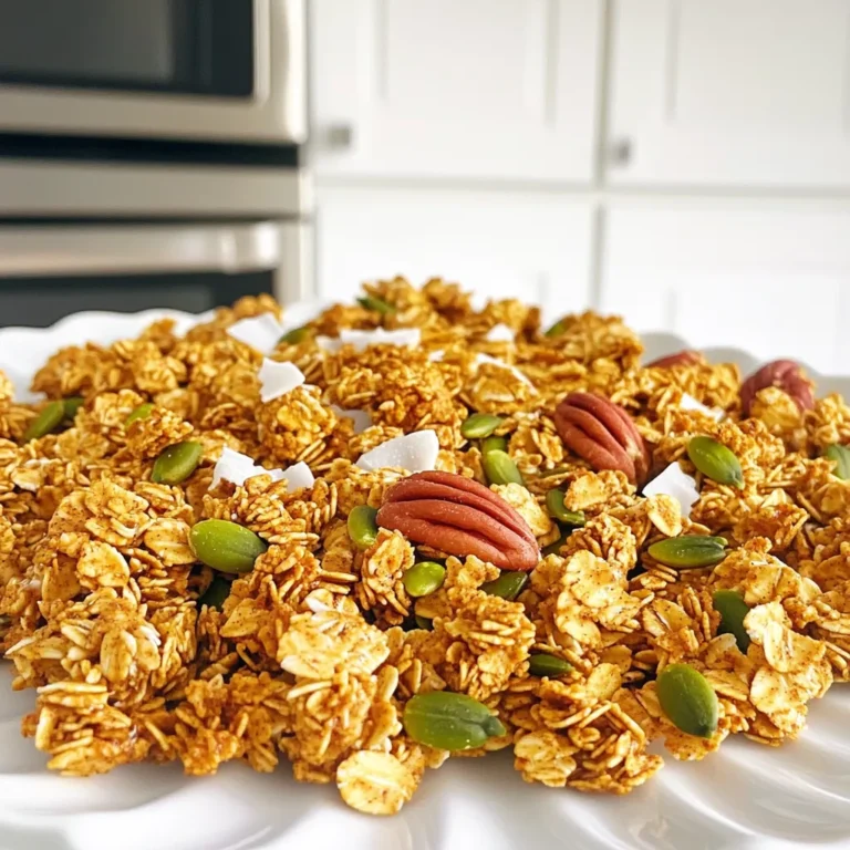 Here are the main ingredients you need: - 2 cups old-fashioned rolled oats - 1 cup pumpkin seeds - 1 cup chopped pecans - 1/2 cup shredded coconut (unsweetened) - 1/2 cup almond butter - 1/3 cup maple syrup - 1/2 cup pumpkin puree - 1 tablespoon pumpkin pie spice - 1 teaspoon vanilla extract - A pinch of salt These ingredients come together to create a tasty and crunchy snack. The oats form the base, while pumpkin seeds and pecans add texture and flavor. Unsweetened coconut brings a bit of sweetness without too much sugar. Using whole ingredients makes your granola healthy and satisfying. Old-fashioned oats provide fiber, which is good for digestion. Pumpkin seeds are high in protein and healthy fats. Pecans bring vitamins and minerals. Almond butter adds creaminess and a nutty taste. Maple syrup offers natural sweetness without refined sugar. Pumpkin puree gives moisture and a rich flavor. Each ingredient has a purpose and adds to the overall goodness. If you have dietary needs, you can swap some ingredients. Here are a few ideas: - Nut-Free: Use sunbutter or soy nut butter instead of almond butter. - Vegan: Make sure your maple syrup is vegan, and use a plant-based butter. - Gluten-Free: Choose gluten-free oats to keep this snack safe for those with gluten intolerance. These swaps let you enjoy the recipe while meeting your needs. There’s always a way to make it work for you! Making no-bake pumpkin spice granola clusters is easy and fun. You start with the dry ingredients and then mix in the wet ones. The process takes about 10 minutes of prep time. After that, you let the mixture chill to set. This recipe yields around 12 servings. Begin by gathering a large mixing bowl. Add 2 cups of old-fashioned rolled oats, 1 cup of pumpkin seeds, 1 cup of chopped pecans, and 1/2 cup of shredded coconut. Sprinkle in a pinch of salt. Use a wooden spoon to stir everything together. Make sure each ingredient gets evenly mixed. This helps with flavor and texture in every bite. Next, grab a separate bowl for the wet ingredients. Pour in 1/2 cup of almond butter. Add 1/3 cup of maple syrup and 1/2 cup of pumpkin puree. Then, mix in 1 tablespoon of pumpkin pie spice and 1 teaspoon of vanilla extract. Whisk these ingredients until the mixture is smooth. This blend adds sweetness and spice to the clusters. Now, take the wet mixture and pour it over the dry ingredients. Stir gently until everything is coated well. After that, line a baking dish with parchment paper. Press the mixture firmly into the dish. Aim for a thickness of about 1 inch. This step ensures the clusters hold together well. Place the dish in the fridge for at least 2 hours. This chilling time helps the mixture set properly. Once it’s firm, take the dish out of the fridge. Lift the mixture out using the parchment paper. Cut it into squares or clusters with a sharp knife. Store the granola clusters in an airtight container. They can stay at room temperature or in the fridge for longer freshness. To get those perfect clusters, start with fresh ingredients. Old oats can lead to dry granola. When mixing, press the mixture down firmly into the pan. This helps the clusters stick together. If they feel loose, add a bit more almond butter or maple syrup. Allow them to chill in the fridge for at least two hours. This cooling time helps them set. I promise it makes a big difference! You can easily switch up the flavors in these granola clusters. Try adding chocolate chips for a sweet touch. Dried fruits like cranberries or raisins work well too. If you want a nut-free option, use sunflower seeds instead of nuts. You can also swap almond butter for peanut butter if you prefer. Experiment with spices like cinnamon or nutmeg for a unique twist. Accurate measurements matter for the best results. Use a kitchen scale if you have one. It ensures you get just the right amount of each ingredient. For dry ingredients, use the spoon and level method. Spoon the ingredient into your measuring cup, then level it off with a knife. This keeps your measurements precise. When measuring sticky ingredients like almond butter, spray your measuring cup with oil first. This helps the nut butter slide out easily. {{image_2}} You can easily add chocolate chips to this recipe. Just mix in a cup of dark or semi-sweet chocolate chips with the dry ingredients. This makes a sweet twist that kids love. The chocolate pairs well with the pumpkin spice flavor. It adds a rich and creamy texture to each bite. For a nut-free option, replace the chopped pecans with sunflower seeds or extra pumpkin seeds. This keeps the crunch while making it safe for those with nut allergies. You can also use sunflower seed butter instead of almond butter. This swap keeps the clusters delicious and safe for everyone. You can switch up the flavors based on the season. For a maple twist, use maple syrup as your sweetener and add a teaspoon of maple extract. If you want an apple flavor, mix in dried apple pieces with the dry ingredients. You can also add a teaspoon of cinnamon for extra warmth. These variations let you enjoy different tastes all year round. To keep your no-bake pumpkin spice granola clusters fresh, store them in an airtight container. You can choose to keep them at room temperature or in the fridge. If you store them at room temperature, place them in a cool, dry area. If you want them to last longer, the fridge is a great option. No-bake granola clusters can last up to one week when stored properly. If you keep them in the fridge, they may stay fresh for up to two weeks. Make sure to check for any signs of spoilage, such as off smells or changes in texture. You can freeze granola clusters for up to three months. To freeze, wrap them tightly in plastic wrap or place them in a freezer-safe bag. To thaw, simply take them out and let them sit at room temperature for about 30 minutes. Enjoy your tasty treat without losing its flavor or texture! Yes, you can use other nut butters. Some great options include peanut butter or cashew butter. Each nut butter gives a unique taste. Choose the one you love most. Just make sure it is creamy for the best mix. These clusters can last up to one week. Store them in an airtight container. You can keep them at room temperature. For longer freshness, place them in the fridge. This helps keep them crunchy and tasty. Absolutely! This recipe is already easy to make vegan. Just use maple syrup and almond butter as is. These ingredients are plant-based. You can swap honey for more maple syrup, too. You can enjoy these clusters in many ways. Try them with yogurt for breakfast. They also make great snacks on their own. Add them to smoothies for extra crunch. You can even sprinkle them on ice cream for a tasty treat. In this post, we explored how to make no-bake pumpkin spice granola clusters. We discussed the key ingredients, their benefits, and tasty substitutions. You learned the step-by-step process, helpful tips for perfect clusters, and wonderful variations. Storing your granola properly is also key. These clusters are fun and easy to personalize. Enjoy experimenting with flavors and sharing your tasty results!