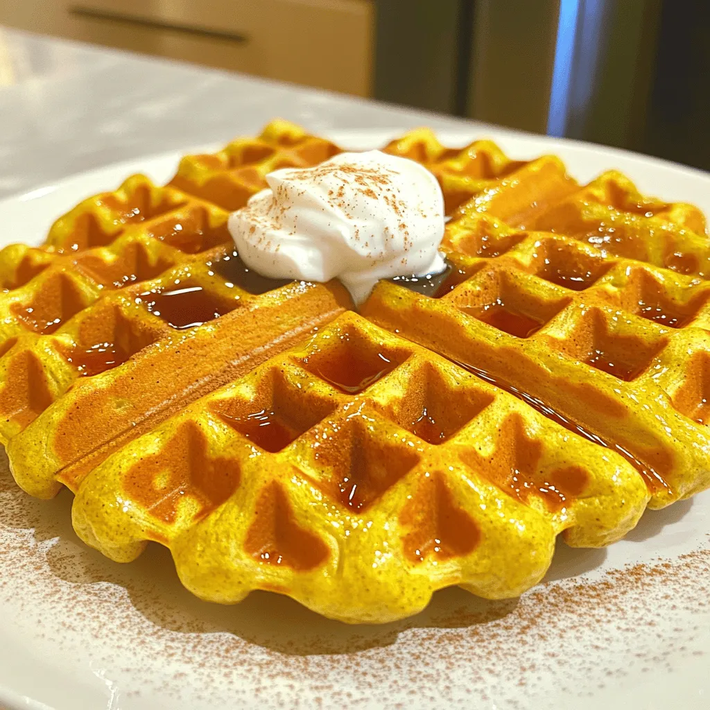 To make tasty pumpkin protein cottage cheese waffles, gather these ingredients: - 1 cup cottage cheese - 1 cup pumpkin puree (canned or fresh) - 2 large eggs - 1 cup rolled oats - 1 scoop vanilla protein powder - 1 teaspoon baking powder - 1 teaspoon cinnamon - ½ teaspoon nutmeg - ¼ teaspoon salt - 1 tablespoon maple syrup (optional) - Cooking spray or oil for the waffle iron You can easily swap some ingredients to fit your needs: - Cottage Cheese: Use Greek yogurt for a dairy-free option. - Pumpkin Puree: Sweet potato puree works well too. - Eggs: Replace with flax eggs (1 tablespoon flaxseed meal + 2.5 tablespoons water) for vegan waffles. - Rolled Oats: Use almond flour for a gluten-free version. - Protein Powder: Choose plant-based protein for a dairy-free option. - Maple Syrup: Honey or agave syrup can replace maple syrup if you want a different sweetener. Each ingredient brings something special to your waffles: - Cottage Cheese: Adds protein and creaminess. - Pumpkin Puree: Provides vitamins A and C, plus fiber. - Eggs: Offer protein and help bind the batter. - Rolled Oats: Deliver whole grains and keep you full longer. - Protein Powder: Boosts protein content for muscle health. - Baking Powder: Makes the waffles light and fluffy. - Cinnamon: Adds flavor and may help regulate blood sugar. - Nutmeg: Gives a warm spice taste and may aid digestion. - Salt: Enhances all the flavors in your waffles. - Maple Syrup: Adds a touch of sweetness if you choose to use it. - Cooking Spray or Oil: Helps prevent sticking and ensures easy waffle removal. These ingredients work together to create a delicious, nutritious breakfast option. To make these delicious pumpkin protein cottage cheese waffles, start by preheating your waffle iron. Each brand has its own settings, so check the manual. Next, grab a large mixing bowl. Combine one cup of cottage cheese, one cup of pumpkin puree, and two large eggs. Mix these until the mixture is smooth. In a separate bowl, blend one cup of rolled oats using a food processor or blender. You want a flour-like texture. Add this oat flour to the pumpkin mixture. Then, add one scoop of vanilla protein powder, one teaspoon of baking powder, one teaspoon of cinnamon, half a teaspoon of nutmeg, and a quarter teaspoon of salt. Stir everything until it’s well mixed. If you like it sweeter, add one tablespoon of maple syrup. Lightly grease your waffle iron with cooking spray or a bit of oil. Pour about three-quarters of a cup of batter onto the hot iron, or follow your iron's guidelines. Close the lid and cook for about four to five minutes. Keep an eye on it! When the waffles turn golden brown, they are ready. Carefully remove them and repeat with the rest of the batter. Serve warm with your favorite toppings. For the best waffles, make sure your ingredients are fresh. Use room-temperature eggs for a smoother mix. If your batter is too thick, add a little water or milk to loosen it. This can help the waffles cook evenly. Don’t overfill your waffle iron. Too much batter can cause a mess. Also, let the waffles cool for a minute before serving. This helps them firm up and makes them easier to handle. Cooking time for these waffles is about four to five minutes. Each waffle iron can differ, so check your waffles a minute early. If they are not brown enough, give them another minute. The ideal temperature is medium to high heat. This will help them crisp on the outside while staying soft inside. Enjoy your waffles hot for the best taste! To get the best texture in your pumpkin protein cottage cheese waffles, focus on blending. First, make oat flour by blending rolled oats. This step creates a smooth base. Next, mix the cottage cheese, pumpkin puree, and eggs well. The more you blend, the creamier your waffles will be. If the batter seems too thick, add a splash of milk. This small change can make a big difference. One common mistake is not measuring the ingredients accurately. Use measuring cups for each item. Too much or too little can change the texture. Another mistake is cooking the waffles too long. Keep an eye on the time. If you wait too long, they may burn. Lastly, do not skip greasing the waffle iron. A little cooking spray or oil prevents sticking and helps with even cooking. You can enjoy these waffles in many ways. For a fresh touch, top them with Greek yogurt and berries. Add a drizzle of maple syrup for sweetness. Sliced bananas or chopped nuts also work well. If you want something fun, try adding a scoop of ice cream on top. These toppings not only taste great but also make your dish look beautiful. {{image_2}} You can easily switch up the taste of your pumpkin protein cottage cheese waffles. Here are some fun ideas: - Chocolate: Add 2 tablespoons of cocoa powder to the batter. This gives a rich chocolate kick. - Peanut Butter: Stir in 2 tablespoons of peanut butter. It adds creaminess and a nutty flavor. - Spices: Experiment with ginger or allspice for a different spice profile. - Fruits: Toss in blueberries or chopped bananas for extra sweetness and texture. Need a gluten-free or dairy-free option? Here’s how to adapt the recipe: - Gluten-Free: Substitute rolled oats with gluten-free oats or almond flour for the base. - Dairy-Free: Use a dairy-free cottage cheese or a plant-based yogurt. Check the consistency to ensure it mixes well. - Egg Replacement: Use flax eggs (1 tablespoon of flaxseed meal mixed with 2.5 tablespoons of water) as an egg substitute for a vegan option. Serving these waffles can be just as fun as making them. Here are some creative ideas: - With Ice Cream: Top warm waffles with a scoop of vanilla ice cream. The heat melts the ice cream, creating a delicious treat. - Yogurt Parfait: Layer sliced waffles with Greek yogurt and fresh fruits for a tasty parfait. - Breakfast Sandwich: Use waffles as bread for a breakfast sandwich. Add eggs, avocado, or bacon for a hearty meal. - Sweet Dips: Serve with maple syrup, honey, or a chocolate sauce for dipping. To keep your pumpkin protein cottage cheese waffles fresh, store them in an airtight container. Let the waffles cool first. This step helps prevent moisture buildup. Place parchment paper between layers if stacking. This keeps them from sticking together. You can store them in the fridge for up to three days. To reheat your waffles, use a toaster or an oven. For the toaster, set it to medium. Toast the waffles until they are warm and crisp. If using an oven, preheat it to 350°F. Place the waffles on a baking sheet and heat for about 10 minutes. This method keeps them nice and crispy. You can freeze waffles for easy snacks or meals. First, let them cool completely. Then, wrap each waffle in plastic wrap. Place wrapped waffles in a freezer bag or container. Label the bag with the date. You can freeze them for up to three months. To eat, thaw them overnight in the fridge, or pop them straight into the toaster. Yes, you can use fresh pumpkin! Start with a small pumpkin. Cut it in half, remove the seeds, and roast it until soft. Then, scoop out the flesh and blend it until smooth. This fresh pumpkin will add a nice, vibrant flavor to your waffles. To make these waffles vegan, replace the eggs with flaxseed meal. Mix one tablespoon of flaxseed meal with three tablespoons of water. Let it sit for a few minutes until it thickens. You can also swap cottage cheese with a plant-based yogurt. This keeps the texture creamy and delicious. You can top your waffles with many fun options! Greek yogurt is a great choice for creaminess. Fresh fruits like bananas or berries add color and sweetness. A drizzle of maple syrup brings extra flavor. You can even sprinkle nuts or seeds for crunch. Enjoy experimenting! In this blog post, we reviewed key ingredients for delicious waffles, including substitutions. We explored step-by-step instructions, tips for the best texture, and common mistakes to avoid. You learned about tasty variations and how to store leftovers. The FAQs section answered questions about using fresh pumpkin and vegan-friendly options. Enjoy making these waffles. With the right ingredients, simple steps, and fun toppings, you can create something special. Happy cooking!