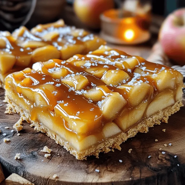 To make Caramel Apple Shortbread Bars, you need: - 2 cups all-purpose flour - 1 cup unsalted butter, softened - 1/2 cup powdered sugar - 1/4 teaspoon salt - 1/2 teaspoon vanilla extract - 3 medium apples, peeled, cored, and diced - 1 teaspoon cinnamon - 1/2 cup granulated sugar - 1/2 cup caramel sauce - 1/2 cup oats You can change a few ingredients for different flavors: - Use brown sugar instead of granulated sugar for a richer taste. - Swap out the apples for pears or peaches if you want. - Try using almond flour for a gluten-free option. - Replace butter with coconut oil for a dairy-free treat. Gather these tools before you start: - 9x13 inch baking pan - Mixing bowls - Electric mixer or whisk - Spatula - Parchment paper (optional for easy removal) - Knife for dicing apples - Measuring cups and spoons These ingredients and tools will help you make the best Caramel Apple Shortbread Bars. Enjoy the sweet process of baking! Start by preheating your oven to 350°F (175°C). Grease a 9x13 inch baking pan or line it with parchment paper. This will help you remove the bars easily later. In a large bowl, mix softened butter, powdered sugar, salt, and vanilla extract. Use an electric mixer to beat this mixture until it is light and fluffy. Slowly add the flour to the bowl. Mix until just combined. Next, take about two-thirds of the shortbread mixture and press it into the bottom of the prepared pan. Use a spatula to smooth it out evenly. For the apple filling, peel, core, and dice three medium apples. Toss the apple pieces with granulated sugar and cinnamon in another bowl. Make sure they are evenly coated. Spread this apple mixture over the shortbread base in the pan. Now, drizzle half of the caramel sauce over the apples. This adds a rich flavor. In a separate bowl, mix the remaining shortbread with oats. This will be your crumbly topping. Scatter this topping evenly over the apples and caramel. Place the pan in the preheated oven and bake for 25-30 minutes. Watch for a golden brown top and tender apples. Once baked, remove the pan from the oven. Let the bars cool in the pan for about 15 minutes. Drizzle the remaining caramel sauce on top. For serving, slice the bars into squares. You can serve them warm or at room temperature. A sprinkle of sea salt on top adds a great touch. For a special treat, add a dollop of whipped cream or a scoop of vanilla ice cream! When making Caramel Apple Shortbread Bars, avoid overmixing the dough. This can make your shortbread tough. Also, make sure your butter is softened, not melted. Using melted butter will change the texture of the bars. Don’t skip the cooling step. If you cut them too soon, they may fall apart. To get a great shortbread base, use cold butter. This helps create a nice crumb. Mix the butter with powdered sugar until fluffy. Add the flour slowly, just until combined. Press it firmly into the pan. A flat, even layer will bake better. Add a pinch of nutmeg for warmth. You can also mix in chopped nuts, like pecans or walnuts, for crunch. If you love coconut, shredded coconut adds a nice twist. For a caramel kick, try using caramel bits in the topping. Each of these extras brings a new flavor that makes your bars stand out. {{image_2}} You can use many kinds of apples for these bars. Sweet apples like Fuji or Honeycrisp work well. If you prefer a tart flavor, try Granny Smith apples. Each type of apple adds its unique taste. Mixing different apples can create a fun flavor blend. Aim for three medium apples, peeled, cored, and diced. If you need a gluten-free option, swap the all-purpose flour. Use a gluten-free flour blend instead. Make sure it has a good binding agent, like xanthan gum. This will help maintain the shortbread's texture. The taste will still be rich and delightful. Your friends won’t even know it’s gluten-free! To make these bars vegan, you can replace the butter. Use coconut oil or a vegan butter substitute. For the caramel sauce, find a vegan option at the store or make it at home. Use coconut cream and brown sugar for a quick recipe. These swaps will keep the bars creamy and satisfying. To keep your caramel apple shortbread bars fresh, store them in an airtight container. Place a piece of parchment paper between layers to prevent sticking. These bars stay good for about five days at room temperature. If you want to keep them longer, consider refrigerating them. The cold can help preserve their flavor and texture. If you want to enjoy your caramel apple bars warm, reheat them in the oven. Preheat the oven to 300°F (150°C). Place the bars on a baking sheet and warm them for about 10-15 minutes. This method helps keep the shortbread crisp and the caramel gooey. You can also microwave a single bar for 10-15 seconds if you're in a hurry. You can freeze these bars for up to three months. First, let them cool completely. Then, wrap each bar tightly in plastic wrap. Place them in a freezer-safe bag or container. When you're ready to eat, thaw them in the fridge overnight. You can reheat them for a warm treat, just like fresh from the oven! You can tell when the bars are done by looking at the color. The top should be golden brown. You can also poke the bars with a toothpick. If it comes out clean, they are ready. The apples should be tender, but not mushy. If they look set and firm, you’re good to go! Yes, you can make these bars ahead of time. They store well for a few days. Just let them cool completely before you cover them. Keep them in an airtight container at room temperature. If you want to keep them longer, you can freeze them. Just thaw them in the fridge before serving. These bars taste great on their own. But you can add fun extras! Try serving them warm with a scoop of vanilla ice cream. Whipped cream also makes a nice touch. A drizzle of extra caramel sauce adds sweetness. You can even sprinkle some sea salt for a flavor boost! This blog post covered the key steps to making delicious caramel apple shortbread bars. We discussed the ingredients, substitutions, and necessary equipment for your baking journey. I provided tips to avoid common mistakes and detailed different variations, including gluten-free and vegan options. Remember, with the right storage, you can enjoy these tasty treats longer. Explore these ideas and create your perfect batch. Happy baking!