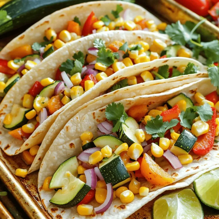 - 1 zucchini, diced - 1 red bell pepper, chopped - 1 yellow bell pepper, chopped - 1 small red onion, sliced - 1 cup corn kernels (fresh or frozen) - 1 can black beans, drained and rinsed To make these tacos, you need fresh veggies. The zucchini adds a nice crunch. Red and yellow bell peppers bring sweetness and color. The red onion adds a bit of sharpness. Corn kernels give a sweet pop. Black beans add protein and creaminess. These veggies work together to create a tasty filling. - 2 tablespoons olive oil - 2 teaspoons chipotle powder - 1 teaspoon cumin - 1 teaspoon garlic powder - Salt and pepper to taste The right seasonings make a big difference. Olive oil helps the veggies roast nicely. Chipotle powder brings a smoky heat. Cumin gives a warm, earthy flavor. Garlic powder adds depth. Salt and pepper bring out all the flavors. These seasonings make the tacos really shine. - Corn tortillas (8-10) - Fresh cilantro, chopped (for garnish) - Lime wedges (for serving) Corn tortillas are a must for taco night. They hold the filling perfectly. Fresh cilantro adds a burst of freshness. Lime wedges give a zesty kick when squeezed over the tacos. These simple additions elevate the whole meal. Enjoying these tacos is all about the balance of flavors and textures. First, preheat your oven to 400°F (200°C). This step gets the oven hot and ready for roasting. Next, in a large bowl, combine the diced zucchini, chopped red and yellow bell peppers, sliced red onion, corn, and black beans. Mix them well to get an even blend of colors and textures. Now, drizzle 2 tablespoons of olive oil over the vegetables. This oil helps with roasting and adds flavor. Sprinkle in 2 teaspoons of chipotle powder, 1 teaspoon of cumin, and 1 teaspoon of garlic powder. Don't forget to add salt and pepper to taste. Stir everything until the vegetables are thoroughly coated with the spices. Next, spread the vegetable mixture evenly on a large baking sheet lined with parchment paper. This helps keep the veggies from sticking. Roast them in the oven for about 20-25 minutes. Stir the veggies halfway through to ensure they cook evenly. Look for them to be tender and slightly charred. While the veggies roast, warm your corn tortillas on a skillet over medium heat. This makes them soft and easy to fold. Once the veggies are done, let them cool slightly. To assemble the tacos, place a generous amount of roasted veggies onto each tortilla. Finally, garnish with fresh chopped cilantro and serve with lime wedges. Enjoy the burst of flavors in every bite! Use fresh, seasonal veggies for best taste. Zucchini, bell peppers, and onions work well. You can also try squash or carrots. If you can't find an ingredient, use what you have. For example, swap red bell pepper with green bell pepper or even sweet potatoes. Set your oven to 400°F (200°C). This temperature helps veggies roast well. Stir the veggies halfway through cooking. This ensures they cook evenly and get that nice, charred flavor we love. Store leftover tacos in an airtight container. They stay fresh for about three days in the fridge. To reheat, use a skillet over medium heat. This keeps the tortillas soft and tasty. You can also microwave them, but they may get a bit soggy. Enjoy them again for a quick meal! {{image_2}} You can enjoy these tacos even more by adding proteins. Tofu is a great choice. It soaks up flavors well. Just cube it and mix it with the veggies. Tempeh is another option. It has a nutty taste and adds texture. Cook it until golden and mix it in. Both options make the tacos heartier. Want more heat? You can try different spices. Chili powder adds warmth without being too hot. Cayenne pepper gives a fiery kick. If you love citrus, add lime zest to the mix. It brightens the flavor and makes each bite pop. Adjust the spice level to fit your taste. If you want to make these tacos vegan, you can easily do it. Most of the ingredients are already plant-based. Just skip any cheese or dairy. Instead, use avocado slices for creaminess. You can also make a cashew cream for a rich touch. This way, you create a delicious, plant-based taco. To store your sheet pan chipotle veggie tacos, use airtight containers. Glass or plastic containers work best to keep the flavors fresh. Place any leftovers in the fridge within two hours of cooking. These tacos last about 3 to 4 days in the fridge. Always check for any signs of spoilage before eating. If you want to save your tacos for later, freezing is a great option. First, let the roasted veggies cool down. Then, place them in a freezer-safe bag or container. Remove as much air as possible to prevent freezer burn. The tacos can stay good for about 2 to 3 months in the freezer. When you’re ready to eat, thaw the veggies overnight in the fridge. For reheating, you can use the microwave or heat them in a skillet over medium heat until warm. Enjoy them with fresh tortillas for the best taste! Yes, you can prepare these tacos in advance. You can roast the veggies and store them in a container. Just keep the roasted mix in the fridge for up to three days. When you're ready to eat, warm the veggies in a skillet. Heat your tortillas too. This saves time and keeps your meal fresh. If you need an alternative, try flour tortillas or whole wheat tortillas. You can also use lettuce wraps for a low-carb option. These choices still taste great with the veggie mix. Just make sure they are soft and pliable before filling them. Yes, this recipe can be gluten-free. Corn tortillas are naturally gluten-free. If you choose flour tortillas, check for gluten-free labels. For added safety, you can also use rice paper wraps. Enjoy these tacos without worry if you follow these tips! This blog post showed you how to make tasty veggie tacos. We started with fresh vegetables like zucchini and bell peppers, then seasoned them for flavor. Roasting the veggies gave them a nice taste that works well in warm corn tortillas. You learned tips for choosing ingredients and how to store leftovers. With these simple steps, you can enjoy healthy tacos anytime. I hope you feel inspired to try this fun recipe!