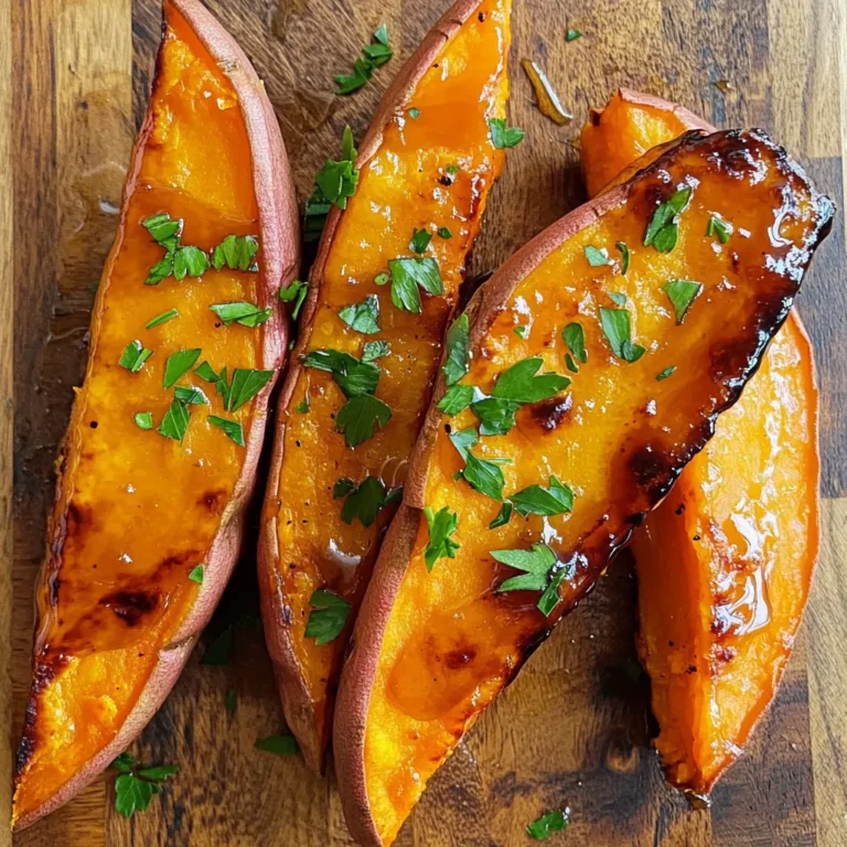 - 2 large sweet potatoes - 3 tablespoons pure maple syrup - 2 tablespoons olive oil - 1 teaspoon ground cinnamon - 1 teaspoon smoked paprika - ½ teaspoon sea salt - ¼ teaspoon black pepper - Fresh parsley for garnish To make maple glazed sweet potato wedges, you'll need just a few simple ingredients. Start with the sweet potatoes. Their natural sweetness pairs beautifully with maple syrup. I choose large sweet potatoes for this recipe because they provide a good amount of wedges. Next, grab pure maple syrup. This ingredient gives the wedges a rich, sweet flavor. You can find it in most grocery stores. Look for pure syrup, not imitation, for the best taste. Olive oil is essential too. It helps the seasoning stick and adds a nice texture. Now, let's talk seasoning. Ground cinnamon brings warmth, while smoked paprika adds depth. Sea salt and black pepper balance the sweetness and enhance the flavors. Finally, finish with fresh parsley. It adds a pop of color and freshness. This simple combination of ingredients creates a dish that’s both tasty and easy to make. - Preheat oven to 425°F (220°C). - Line the baking sheet with parchment paper. This makes cleanup easy. - Combine 3 tablespoons of pure maple syrup, 2 tablespoons of olive oil, 1 teaspoon of ground cinnamon, 1 teaspoon of smoked paprika, ½ teaspoon of sea salt, and ¼ teaspoon of black pepper in a bowl. - Whisk until well combined. The glaze should be smooth and fragrant. - Toss 2 large sweet potatoes, cut into wedges, in the glaze mixture. - Ensure even coating on all sides. Each wedge needs to shine with that sweet glaze. - Spread the wedges in a single layer on the baking sheet. - Roast for 25-30 minutes, flipping halfway through. This helps them cook evenly and get crispy. - Cool the wedges for a few minutes after roasting. - Garnish with chopped parsley before serving. This adds a fresh touch and bright color. To avoid soggy sweet potatoes, follow a few simple steps. First, slice the sweet potatoes into wedges of equal size. This helps them cook evenly. If some pieces are larger, they may take longer to cook. Next, make sure to spread the wedges in a single layer on the baking sheet. Overcrowding traps steam, which leads to sogginess. Give each wedge space to roast properly. For extra flavor, consider adding spices like cayenne pepper or garlic powder. Just a pinch can elevate the taste. You can also try different oils for varied flavor. Instead of olive oil, use coconut or avocado oil for a unique twist. Pair your maple glazed sweet potato wedges with grilled chicken or fish. They also go well with a fresh salad. To elevate the dish presentation, serve the wedges on a colorful platter. A sprinkle of fresh parsley on top adds a pop of green. Consider drizzling extra maple syrup for a sweet touch. {{image_2}} You can use different types of sweet potatoes for this recipe. White or purple sweet potatoes add unique flavors and colors. White sweet potatoes are less sweet and have a creamy texture. Purple sweet potatoes are nutty and vibrant. Both options work well with the maple glaze. Feel free to experiment with what you have on hand. You can change the sweetener in the glaze. Try using honey or agave syrup for a different taste. If you like some heat, adding chili powder or cayenne pepper gives a nice kick. Just a pinch can enhance the sweet and savory mix. These tweaks keep the dish exciting. You don’t have to roast your wedges. Air frying is a quick option. It makes the wedges crispy without much oil. Grilling is another fun method. It adds a smoky flavor that pairs well with the glaze. Both methods offer a tasty twist on the classic recipe. To keep your maple glazed sweet potato wedges fresh, store them in an airtight container. This helps prevent moisture loss and keeps them from drying out. Place the container in the fridge right after they cool down. Leftovers can last up to four days in the refrigerator. When you want to enjoy the wedges again, the best method is to use the oven. Preheat your oven to 375°F (190°C). Spread the wedges on a baking sheet and bake for about 10-15 minutes. This method helps maintain their crispy texture and sweet flavor. You can also reheat them in an air fryer for a few minutes. This keeps them nice and crunchy! Yes, you can prep sweet potato wedges ahead. - Cut and soak: Cut the sweet potatoes and soak them in water. This keeps them from browning. - Store: Keep them in a sealed bag or container in the fridge for up to 24 hours. - Coat before baking: Add the maple glaze just before roasting for the best flavor. If you don’t have maple syrup, you can use honey or agave nectar. - Honey: This adds a floral note and sweetness. Use the same amount as maple syrup. - Agave nectar: This is sweeter than maple syrup. Use about 2 tablespoons for 3 tablespoons of syrup. Sweet potatoes are very healthy and packed with nutrients. - Rich in vitamins: They contain vitamin A, which is good for your eyes. - High in fiber: Fiber helps digestion and keeps you full. - Low in calories: They are a great option for a healthy snack or side dish. You can freeze sweet potato wedges, but they are best fresh. - Freezing: Cook the wedges first, then cool them completely. Place them in a single layer on a baking sheet to freeze. - Transfer: Once frozen, put them in a freezer bag. They can last up to three months. - Thawing: To thaw, place the bag in the fridge overnight. Bake them again to warm up and crisp. This blog post offered a complete guide to making delicious maple-glazed sweet potato wedges. We covered ingredients, step-by-step instructions, and useful tips to ensure perfect results. You learned about variations, storage, and even answers to common questions. In closing, enjoy these tasty wedges alongside your favorite meals. They are simple to make and pack a punch of flavor. Try making them soon for a healthy treat!