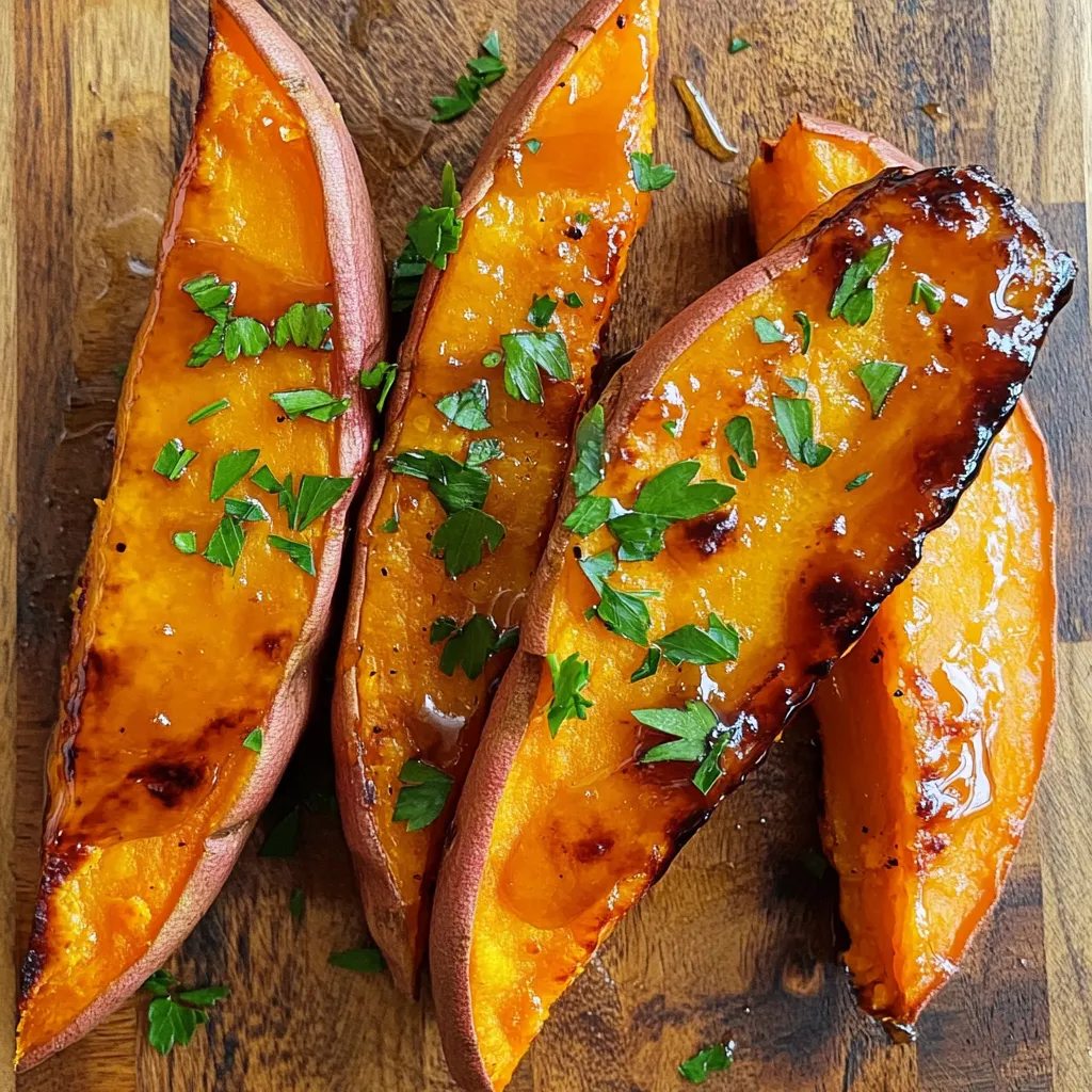 - 2 large sweet potatoes - 3 tablespoons pure maple syrup - 2 tablespoons olive oil - 1 teaspoon ground cinnamon - 1 teaspoon smoked paprika - ½ teaspoon sea salt - ¼ teaspoon black pepper - Fresh parsley for garnish To make maple glazed sweet potato wedges, you'll need just a few simple ingredients. Start with the sweet potatoes. Their natural sweetness pairs beautifully with maple syrup. I choose large sweet potatoes for this recipe because they provide a good amount of wedges. Next, grab pure maple syrup. This ingredient gives the wedges a rich, sweet flavor. You can find it in most grocery stores. Look for pure syrup, not imitation, for the best taste. Olive oil is essential too. It helps the seasoning stick and adds a nice texture. Now, let's talk seasoning. Ground cinnamon brings warmth, while smoked paprika adds depth. Sea salt and black pepper balance the sweetness and enhance the flavors. Finally, finish with fresh parsley. It adds a pop of color and freshness. This simple combination of ingredients creates a dish that’s both tasty and easy to make. - Preheat oven to 425°F (220°C). - Line the baking sheet with parchment paper. This makes cleanup easy. - Combine 3 tablespoons of pure maple syrup, 2 tablespoons of olive oil, 1 teaspoon of ground cinnamon, 1 teaspoon of smoked paprika, ½ teaspoon of sea salt, and ¼ teaspoon of black pepper in a bowl. - Whisk until well combined. The glaze should be smooth and fragrant. - Toss 2 large sweet potatoes, cut into wedges, in the glaze mixture. - Ensure even coating on all sides. Each wedge needs to shine with that sweet glaze. - Spread the wedges in a single layer on the baking sheet. - Roast for 25-30 minutes, flipping halfway through. This helps them cook evenly and get crispy. - Cool the wedges for a few minutes after roasting. - Garnish with chopped parsley before serving. This adds a fresh touch and bright color. To avoid soggy sweet potatoes, follow a few simple steps. First, slice the sweet potatoes into wedges of equal size. This helps them cook evenly. If some pieces are larger, they may take longer to cook. Next, make sure to spread the wedges in a single layer on the baking sheet. Overcrowding traps steam, which leads to sogginess. Give each wedge space to roast properly. For extra flavor, consider adding spices like cayenne pepper or garlic powder. Just a pinch can elevate the taste. You can also try different oils for varied flavor. Instead of olive oil, use coconut or avocado oil for a unique twist. Pair your maple glazed sweet potato wedges with grilled chicken or fish. They also go well with a fresh salad. To elevate the dish presentation, serve the wedges on a colorful platter. A sprinkle of fresh parsley on top adds a pop of green. Consider drizzling extra maple syrup for a sweet touch. {{image_2}} You can use different types of sweet potatoes for this recipe. White or purple sweet potatoes add unique flavors and colors. White sweet potatoes are less sweet and have a creamy texture. Purple sweet potatoes are nutty and vibrant. Both options work well with the maple glaze. Feel free to experiment with what you have on hand. You can change the sweetener in the glaze. Try using honey or agave syrup for a different taste. If you like some heat, adding chili powder or cayenne pepper gives a nice kick. Just a pinch can enhance the sweet and savory mix. These tweaks keep the dish exciting. You don’t have to roast your wedges. Air frying is a quick option. It makes the wedges crispy without much oil. Grilling is another fun method. It adds a smoky flavor that pairs well with the glaze. Both methods offer a tasty twist on the classic recipe. To keep your maple glazed sweet potato wedges fresh, store them in an airtight container. This helps prevent moisture loss and keeps them from drying out. Place the container in the fridge right after they cool down. Leftovers can last up to four days in the refrigerator. When you want to enjoy the wedges again, the best method is to use the oven. Preheat your oven to 375°F (190°C). Spread the wedges on a baking sheet and bake for about 10-15 minutes. This method helps maintain their crispy texture and sweet flavor. You can also reheat them in an air fryer for a few minutes. This keeps them nice and crunchy! Yes, you can prep sweet potato wedges ahead. - Cut and soak: Cut the sweet potatoes and soak them in water. This keeps them from browning. - Store: Keep them in a sealed bag or container in the fridge for up to 24 hours. - Coat before baking: Add the maple glaze just before roasting for the best flavor. If you don’t have maple syrup, you can use honey or agave nectar. - Honey: This adds a floral note and sweetness. Use the same amount as maple syrup. - Agave nectar: This is sweeter than maple syrup. Use about 2 tablespoons for 3 tablespoons of syrup. Sweet potatoes are very healthy and packed with nutrients. - Rich in vitamins: They contain vitamin A, which is good for your eyes. - High in fiber: Fiber helps digestion and keeps you full. - Low in calories: They are a great option for a healthy snack or side dish. You can freeze sweet potato wedges, but they are best fresh. - Freezing: Cook the wedges first, then cool them completely. Place them in a single layer on a baking sheet to freeze. - Transfer: Once frozen, put them in a freezer bag. They can last up to three months. - Thawing: To thaw, place the bag in the fridge overnight. Bake them again to warm up and crisp. This blog post offered a complete guide to making delicious maple-glazed sweet potato wedges. We covered ingredients, step-by-step instructions, and useful tips to ensure perfect results. You learned about variations, storage, and even answers to common questions. In closing, enjoy these tasty wedges alongside your favorite meals. They are simple to make and pack a punch of flavor. Try making them soon for a healthy treat!