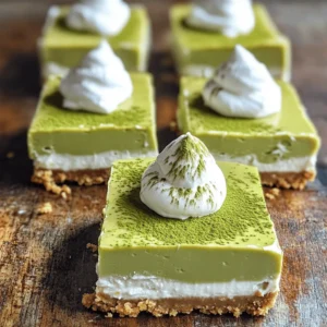 - 1 &frac12; cups graham cracker crumbs - &frac12; cup unsalted butter, melted - 1 cup white chocolate chips - 16 oz cream cheese, softened - 1 cup granulated sugar - 3 large eggs - 2 tablespoons matcha powder - 1 teaspoon vanilla extract - Pinch of salt - Whipped cream and matcha powder for serving (optional) When measuring graham cracker crumbs, pack them lightly into the cup. This helps avoid a dry crust. For the butter, melt it until fully liquid but not boiling. Cream cheese should be at room temperature for easier mixing. Beat it well with sugar until smooth to avoid lumps. You can use cookie crumbs instead of graham crackers for a different flavor. For a dairy-free option, use vegan cream cheese and plant-based butter. Instead of white chocolate, try using dark chocolate for a richer taste. You can also swap matcha powder with cocoa powder for a chocolate version. To start, preheat your oven to 325&deg;F (160&deg;C). Grab an 8x8-inch baking pan and line it with parchment paper. Let the paper hang over the edges. This makes it easy to lift out the cheesecake later. In a bowl, mix 1 &frac12; cups of graham cracker crumbs with &frac12; cup of melted unsalted butter. Stir until it looks like wet sand. Press this mix firmly into the bottom of your pan. This will be your crust. Bake it for 10 minutes, then take it out and let it cool. Now for the fun part! In a microwave-safe bowl, melt 1 cup of white chocolate chips. Do this in 30-second bursts, stirring in between. Be patient; let it cool slightly after melting. In a large bowl, beat 16 oz of softened cream cheese with 1 cup of granulated sugar. Mix until it's creamy and smooth. Add in 3 large eggs, one at a time. Mix well after each one. Next, add the melted white chocolate, 2 tablespoons of matcha powder, 1 teaspoon of vanilla extract, and a pinch of salt. Stir until everything is well combined and smooth. Now, pour this cheesecake batter over your cooled crust. Spread it evenly. Bake for about 30-35 minutes. The edges should be set, but the center can still jiggle a bit. When the baking time is up, turn off the oven. Open the oven door a crack and let the cheesecake cool inside for 1 hour. This helps prevent cracks. After an hour, take it out and let it cool completely at room temperature. Then, cover it and put it in the fridge for at least 4 hours. For the best flavor and texture, let it chill overnight. Once set, use the parchment paper to lift the cheesecake from the pan. Cut it into squares and enjoy! To get the best texture in your Matcha White Chocolate Cheesecake Squares, start with softened cream cheese. This helps blend smoothly with sugar. Beat the mixture well to add air, which gives it a light texture. When you add eggs, mix in one at a time. This step keeps the mixture smooth and creamy. Don't overmix after adding matcha and white chocolate. One big mistake is not cooling the crust enough. If it's warm, it can make the cheesecake too soft. Another error is overbaking. You want the edges set but the center should jiggle. This jiggle means it's creamy and not dry. Lastly, avoid skipping the cooling step in the oven. It helps prevent cracks on the surface. To melt white chocolate smoothly, use a microwave-safe bowl. Heat it in 30-second bursts, stirring in between. This method keeps the chocolate from burning. If it seems too thick, add a tiny bit of vegetable oil. This extra fat helps it smooth out. Once melted, let it cool slightly before mixing into the cheesecake batter. {{image_2}} You can change the taste of these squares easily. For a richer flavor, use dark chocolate instead of white chocolate. Simply melt dark chocolate in the same way as white chocolate. The dark chocolate gives a nice contrast to the matcha. You can also add a hint of mint or orange zest for a fresh twist. Just mix in a teaspoon of either flavor when you combine the other ingredients. If you need a gluten-free option, swap graham cracker crumbs for gluten-free crumbs. You can find these in stores or make your own from gluten-free cookies. For a dairy-free version, use vegan cream cheese and dairy-free chocolate. This way, you can enjoy the cheesecake squares without dairy. Just ensure all your ingredients are labeled gluten-free and dairy-free. These cheesecake squares are perfect for any event. For a casual gathering, serve them at room temperature. You can add a dollop of whipped cream on top for fun. For a more formal occasion, chill the squares first. Present them on a nice platter, dusted with matcha powder. You can even add fresh berries on the side for color. These small touches make the dessert feel special. To store your Matcha White Chocolate Cheesecake Squares, place them in an airtight container. This keeps them fresh. If you plan to eat them within three days, they can stay in the fridge. If you want them to last longer, consider freezing. You can freeze these cheesecake squares for up to three months. First, wrap each square in plastic wrap. Then, place them in a freezer-safe bag or container. Make sure to label the bag with the date. This way, you&rsquo;ll know when to use them. To enjoy your frozen cheesecake squares, transfer them to the fridge. Let them thaw for several hours or overnight. If you want to warm them slightly, use the microwave. Heat each square for about 10-15 seconds. This brings back their creamy texture without melting them too much. Enjoy your dessert as fresh as the day you made it! Yes, you can use different types of matcha powder. Look for culinary grade matcha for baking. It has a strong flavor and is more affordable. Ceremonial grade matcha is great for drinking but may be too costly for baking. These cheesecake squares last about 5 days in the fridge. Keep them in an airtight container. If you want to enjoy them longer, you can freeze them. They stay good for about 2 months in the freezer. Yes, you can make this recipe ahead of time. I often prepare it a day before serving. This allows the flavors to meld nicely. Just be sure to refrigerate it for at least 4 hours or overnight. You can serve these squares with a dollop of whipped cream. A light dusting of matcha powder adds a nice touch. Fresh berries also pair well, adding a fruity contrast. Enjoying them with a cup of green tea enhances the matcha flavor too. We covered the key ingredients and how to prepare them for your cheesecake. You learned step-by-step instructions and valuable tips for the best texture. Variations allow you to customize flavors and adapt the recipe to dietary needs. Lastly, we discussed storage methods to keep your cheesecake fresh. Remember, with practice, you can create the perfect treat for any occasion. Enjoy experimenting and sharing your delicious results!