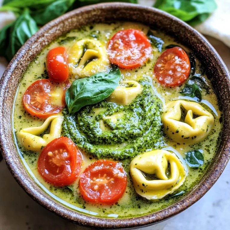 To make creamy pesto tortellini soup, gather these ingredients: - 1 tablespoon olive oil - 1 small onion, diced - 3 cloves garlic, minced - 4 cups vegetable broth - 2 cups heavy cream - 1 cup basil pesto (store-bought or homemade) - 2 cups cheese tortellini (fresh or frozen) - 1 cup cherry tomatoes, halved - 1 cup baby spinach - Salt and pepper to taste - Fresh basil leaves for garnishing - Grated Parmesan cheese for topping You can swap ingredients to suit your taste. Use chicken broth instead of vegetable broth for more flavor. If you want a lighter soup, replace heavy cream with half-and-half or coconut milk. You can also use any type of pesto, like sun-dried tomato or arugula pesto. If you prefer gluten-free options, choose gluten-free tortellini. Garnishing makes the soup look and taste better. Fresh basil leaves add a nice touch. Grated Parmesan cheese gives it a salty flavor. You can also add a drizzle of olive oil for extra richness. To spice it up, try red pepper flakes. - Start by gathering all your ingredients. - Dice one small onion. - Mince three cloves of garlic. - Halve one cup of cherry tomatoes. - Measure out the cheese tortellini, spinach, and pesto. 1. Heat one tablespoon of olive oil in a large pot over medium heat. 2. Add the diced onion and cook for about five minutes. You want it translucent. 3. Add the minced garlic and cook for one more minute. The aroma will fill your kitchen. 4. Pour in four cups of vegetable broth. Bring it to a simmer. 5. Stir in two cups of heavy cream and one cup of basil pesto. Mix well. 6. Add the cheese tortellini and simmer. This takes about five to seven minutes. They float when they are done. 7. Gently stir in the halved cherry tomatoes and one cup of baby spinach. Cook for two to three minutes. You want the spinach to wilt. 8. Season with salt and pepper to taste. - The tortellini should float to the top of the soup. - Spinach wilts and changes color to a bright green. - The soup should be creamy and warm throughout. - Look for the tomatoes to soften but not fall apart. To boost the taste of your creamy pesto tortellini soup, use fresh ingredients. Fresh garlic gives a strong kick. You can also try adding a squeeze of lemon juice. This adds brightness and balances the creaminess. If you love spice, add red pepper flakes while cooking. Fresh herbs like parsley or thyme can also enhance the dish. One common mistake is cooking the tortellini for too long. Overcooking makes them mushy. Make sure to check them when they float. Another mistake is not seasoning enough. Taste the soup before serving and adjust salt and pepper. Avoid adding the spinach too early; it should wilt just before serving. For this recipe, you need a large pot to cook everything. A wooden spoon is great for mixing. A sharp knife helps you chop the onion and garlic. A cutting board keeps your area tidy. Lastly, having measuring cups ensures you get the right amounts of broth and cream. {{image_2}} You can add protein to make this soup heartier. Cooked chicken or shrimp works well. Just toss it in during the last few minutes of cooking. If you prefer meat, try diced sausage or bacon. They add a nice flavor. For a simple option, use canned beans like chickpeas or white beans. They are tasty and filling. To make this soup vegan or dairy-free, swap the heavy cream for coconut milk. It gives a creamy feel without dairy. Use vegetable broth to keep it plant-based. Choose vegan tortellini, which you can find in stores. Make sure the pesto is dairy-free too. You can blend basil, nuts, nutritional yeast, and olive oil for a great vegan pesto. Feel free to customize ingredients based on your taste. You can add different veggies like zucchini or bell peppers. Just chop them small and toss them in with the onions. If you like heat, add red pepper flakes or a splash of hot sauce. For a fresh twist, squeeze some lemon juice right before serving. This adds a bright flavor that lifts the soup. After enjoying the creamy pesto tortellini soup, let it cool. Then, transfer it to an airtight container. Store it in the fridge for up to three days. Make sure the container is sealed well to keep the soup fresh. When you’re ready to enjoy it again, just take it out and check for any signs of spoilage. To freeze this soup, let it cool completely first. Pour the soup into freezer-safe containers or bags. Leave some space at the top of the container, as the soup will expand when frozen. You can freeze it for up to three months. When you want to eat it, just take it out and thaw it in the fridge overnight. Reheating creamy pesto tortellini soup is easy. You can use the stove or the microwave. If using the stove, pour the soup into a pot and heat it on low, stirring often. For the microwave, place the soup in a microwave-safe bowl. Heat it for 1-2 minutes, stirring halfway through. Always check that it is hot all the way through before serving. Yes, you can use frozen tortellini in this recipe. Just add it straight to the pot during cooking. Frozen tortellini cooks quickly, usually within 5 to 7 minutes. Check the package for exact times. They will float when done, just like fresh ones. To lighten up this soup, swap heavy cream for half-and-half or use a plant-based milk. You can also cut back on oil or use less pesto. Adding more veggies like zucchini or bell peppers can boost nutrition without adding heaviness. This soup pairs well with crusty bread or a fresh salad. A simple green salad with lemon dressing is a great choice. You might also enjoy it with garlic bread for extra flavor. For a fun twist, try adding a side of roasted vegetables. This article covered all you need to know for making creamy pesto tortellini soup. We discussed the key ingredients, substitutions, and garnishes that can make your dish shine. I shared step-by-step instructions along with tips to avoid common mistakes. We also explored variations and how to store leftovers properly. Remember, your choices can transform this soup into a personal favorite. Get creative with flavors and enjoy every bowl you serve!