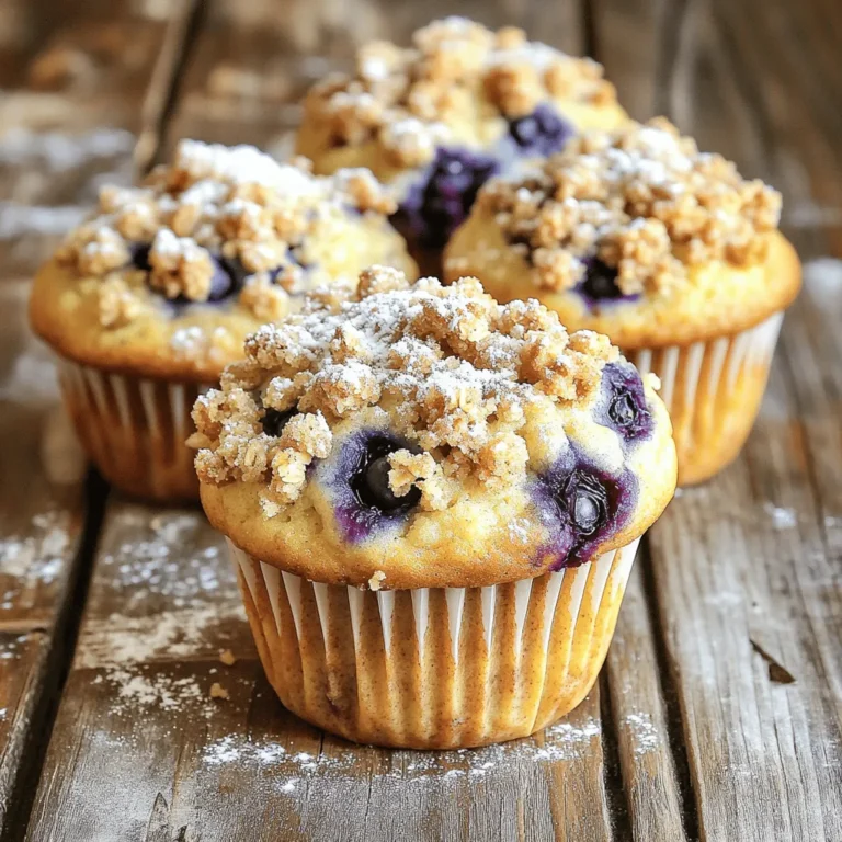 To make delicious blueberry streusel muffins, you will need the following ingredients: - 1 ½ cups all-purpose flour - ¾ cup granulated sugar - 2 teaspoons baking powder - ½ teaspoon baking soda - ½ teaspoon salt - 1 large egg - ½ cup milk - ⅓ cup vegetable oil - 1 teaspoon vanilla extract - 1 ½ cups fresh blueberries - For the Streusel Topping: - ½ cup all-purpose flour - ⅓ cup brown sugar, packed - ¼ cup rolled oats - ½ teaspoon ground cinnamon - ¼ cup cold butter, cubed These simple ingredients create a tasty muffin that bursts with fresh blueberry flavor. The streusel on top adds crunch and sweetness. Using fresh ingredients makes a big difference in taste. You will love how easy it is to find everything you need. First, set your oven to 375°F (190°C). This step is key for even baking. While the oven heats, line a 12-cup muffin tin with paper liners or grease it. This helps muffins come out easily. In a big bowl, mix 1 ½ cups flour, ¾ cup sugar, 2 teaspoons baking powder, ½ teaspoon baking soda, and ½ teaspoon salt. Whisk these together until they are well combined. This mix forms the base of your muffins. In another bowl, take 1 large egg, ½ cup milk, ⅓ cup vegetable oil, and 1 teaspoon vanilla extract. Whisk these until smooth. This mix adds moisture and flavor to your muffins. Now, pour the wet mix into the dry mix. Gently fold them together until they just combine. It’s okay if the batter is a bit lumpy. Overmixing can lead to tough muffins, which we want to avoid. Take 1 ½ cups of fresh blueberries and fold them into the batter. Be careful not to smash the berries. They add bursts of flavor and color to each muffin. In a medium bowl, mix ½ cup flour, ⅓ cup brown sugar, ¼ cup rolled oats, and ½ teaspoon ground cinnamon. Add ¼ cup cold butter, cut into cubes. Use a fork or your fingers to blend until it looks like coarse crumbs. This topping gives a sweet crunch. Distribute the batter evenly into the muffin cups. Fill each cup about ½ to ⅔ full. Top each muffin with the streusel mixture, making sure to cover them well. This ensures each muffin has a lovely topping. Place the muffin tin in your preheated oven. Bake for 18-20 minutes. The tops should be golden brown. To check for doneness, insert a toothpick into the center. If it comes out clean, they are ready. After baking, let the muffins cool in the tin for 5 minutes. Then, transfer them to a wire rack to cool completely. This prevents sogginess and keeps them fluffy. Enjoy your delicious blueberry streusel muffins! To make the best blueberry muffins, follow a few key steps. First, use fresh blueberries. They add great flavor and moisture. If you use frozen blueberries, do not thaw them. They can make your batter watery. Next, mix the wet and dry ingredients gently. You want the batter to be slightly lumpy. This helps keep the muffins light and fluffy. Lastly, do not overbake. Check them at 18 minutes. A toothpick should come out clean but moist. You can swap ingredients if needed. For flour, use whole wheat flour for a healthier option. If you need a dairy-free version, try almond milk or oat milk instead of regular milk. You can also use coconut oil in place of vegetable oil. For the streusel, brown sugar can be replaced with coconut sugar. This gives a different flavor but still tastes great. Many of these swaps can make your muffins unique and fun. Storing your muffins correctly keeps them fresh. After they cool, place them in an airtight container. They stay fresh for up to three days at room temperature. If you want them to last longer, freeze them. Wrap each muffin in plastic wrap and place them in a freezer bag. They will keep well for up to three months. When you want one, just let it thaw at room temperature or warm it up in the oven for a few minutes. {{image_2}} You can switch up the fruit in these muffins. If you love raspberries, use them instead of blueberries. They add a tart flavor. Chopped strawberries also work well. They bring sweetness and color. For a tropical twist, try diced pineapple. Just make sure to adjust the sugar if needed. Want a gluten-free version? It's easy! Replace all-purpose flour with gluten-free flour. Use a mix that has xanthan gum. This helps the muffins rise and hold together. You can also try almond flour or coconut flour. These options give a different taste and texture. Just remember, mix in the same way as the original recipe. To make these muffins vegan, swap the egg for a flax egg. Mix one tablespoon of ground flaxseed with three tablespoons of water. Let it sit until thick. Also, use plant-based milk like almond or oat milk. Replace the butter in the streusel with coconut oil. These changes keep the muffins moist and tasty. Enjoy a delicious treat that fits your diet! To keep your blueberry streusel muffins fresh, store them in an airtight container. Place parchment paper between layers to prevent sticking. Store at room temperature for up to three days. If you want to keep them longer, consider refrigerating them. However, this can make the muffins dry. Yes, you can freeze blueberry muffins! Wait for them to cool completely. Wrap each muffin in plastic wrap, then place them in a freezer bag. They will last up to three months in the freezer. When you want one, just take it out and let it thaw. To reheat muffins, preheat your oven to 350°F (175°C). Place the muffins on a baking sheet. Heat them for about 10 minutes. If you want a quicker method, use the microwave. Heat each muffin for 15 to 20 seconds. Enjoy them warm for the best taste! Blueberry muffins can last about 2 to 3 days at room temperature. Store them in an airtight container to keep them fresh. If you want them to last longer, you can refrigerate them for about a week. Yes, you can use frozen blueberries in your muffins. They work well and keep the muffins moist. Just fold them in gently, and do not thaw them first. This helps prevent the batter from turning blue. Muffins can become dense if you overmix the batter. Mixing too much adds too much air and gluten. Measuring flour incorrectly can also lead to a dense texture. For light muffins, fold gently until just combined. Streusel has a crumbly texture and often includes oats. It usually has a lighter topping because of the butter and flour mix. A crumble is thicker and denser, often baked with fruit mixed in. Muffins are done when they are golden brown on top. Insert a toothpick in the center; it should come out clean. If there are wet batter bits, give them a few more minutes. This blog post covered all you need to make perfect blueberry muffins. We explored ingredients, step-by-step instructions, and handy tips. You learned how to create variations, store muffins, and answered common questions. Now, enjoy your delicious muffins. Baking is fun and can be easy. Try different fruits or share with friends. Happy baking!