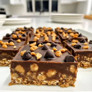 To make these Chocolate Peanut Butter Oat Bars, gather the following ingredients: - 2 cups rolled oats - 1 cup creamy peanut butter - 1/2 cup honey or maple syrup - 1/2 cup unsweetened cocoa powder - 1/2 cup dark chocolate chips - 1/2 cup chopped nuts (like almonds or walnuts) - 1/4 teaspoon sea salt - 1 teaspoon vanilla extract Each ingredient plays a key role in the recipe. Rolled oats give the bars their chewy texture. Creamy peanut butter adds richness and flavor. Honey or maple syrup sweetens the mix and keeps it moist. Unsweetened cocoa powder adds a chocolatey taste without extra sugar. Dark chocolate chips provide little bursts of sweetness. Chopped nuts add crunch and healthy fats. Sea salt enhances all the flavors, and vanilla extract gives a warm note. This recipe is great because it is simple and quick. You can easily find these ingredients in your local store. Using quality ingredients makes a big difference in taste. Enjoy the process of gathering and preparing these items. Each step brings you closer to a delicious treat you can share or enjoy alone! First, grab a large mixing bowl. Add 2 cups of rolled oats. Next, include 1/2 cup of unsweetened cocoa powder. Then, toss in 1/2 cup of chopped nuts. These add crunch and flavor. Mix everything well until combined. Now, take a small saucepan. On low heat, warm 1 cup of creamy peanut butter and 1/2 cup of honey or maple syrup. Stir gently for about 3 to 5 minutes. Make sure it turns smooth and creamy. Remove the pan from heat. Stir in 1 teaspoon of vanilla extract and 1/4 teaspoon of sea salt. Mix well. Pour the warm peanut butter mixture into your bowl of dry ingredients. Mix until the oats and nuts are completely coated. Then, add 1/2 cup of dark chocolate chips. Stir until the chocolate chips are evenly spread throughout. Line an 8x8 inch baking dish with parchment paper. Leave some paper hanging over the sides. This helps you lift the bars out later. Transfer your mixture into this dish. Press it down firmly to create an even surface. Place the dish in the refrigerator for 1 to 2 hours. This helps the bars set firmly. Once chilled, lift the bars out using the parchment paper. Cut them into squares or rectangles. Enjoy your tasty treat! To get the best texture for these bars, use rolled oats. They hold together well and give a nice chew. When mixing the dry ingredients, ensure even distribution. This helps every bite taste great. Press the mixture firmly into the dish. This step creates a solid bar. If they feel too crumbly later, you may not have pressed hard enough. I recommend creamy peanut butter for this recipe. It blends well with other ingredients. Natural peanut butter works too, but it may change the texture. Look for brands without added sugar or oils. This choice keeps the bars healthy and tasty. If you like crunch, try chunky peanut butter instead. It adds a fun texture! Cleaning up after cooking can be a hassle. To make it easier, use parchment paper in your dish. This helps you lift the bars out easily. After mixing, use a rubber spatula to scrape down the bowl. This way, you get every bit of goodness. For sticky bowls, soak them in warm water first. This loosens the residue and makes washing simpler. {{image_2}} You can easily make these bars without nuts. Just skip the chopped nuts. Use the same amount of oats. The bars will still taste great! You can add sunflower seeds or pumpkin seeds for crunch. These seeds give a nice texture without adding nuts. To make vegan-friendly bars, use maple syrup instead of honey. This swap keeps everything plant-based. Make sure your dark chocolate chips are dairy-free. These small changes keep the flavor rich and satisfying without animal products. Get creative with add-ins! You can mix in dried fruits, like raisins or cranberries. They add sweetness and chewiness to the bars. Try using coconut flakes for a tropical twist. You can also switch the cocoa powder for carob powder for a different taste. These fun additions make each bite unique! To keep your chocolate peanut butter oat bars fresh, store them in an airtight container. Place the bars in the refrigerator. This keeps them cool and helps maintain their texture. Make sure they are not exposed to air, as this can dry them out. These bars are best enjoyed fresh but can last up to one week in the fridge. After that, they might lose some of their taste and texture. Always check for any signs of spoilage before eating. Look for changes in color or smell. If you want to store them for longer, freezing is a great option. Wrap each bar in plastic wrap or foil. Then, place them in a freezer-safe bag or container. They can last up to three months in the freezer. When you're ready to eat them, thaw the bars in the fridge overnight. This keeps them tasty and ready to enjoy! Yes, you can make simple swaps. For the oats, use quick oats for a softer texture. If you prefer a different nut butter, almond or cashew butter works well. Maple syrup is a great option if you want a vegan sweetener. You can also replace honey with agave syrup. Just remember, swapping ingredients may change the taste or texture. To boost the chocolate flavor, add more cocoa powder. Try increasing it to 3/4 cup. You can also add more dark chocolate chips. If you love chocolate, consider drizzling melted chocolate on top before chilling. This makes them look fancy and taste even better. If your bars crumble, they might need more moisture. You can add a bit more peanut butter or honey. Mixing in a tablespoon of water can help too. Ensure you press the mixture firmly into the pan. This helps it hold together better when set. You will know the bars are set when they feel firm to the touch. Chill them in the fridge for at least 1-2 hours. If you press down lightly and they spring back, they are ready. After chilling, cut and enjoy! If they are too soft, let them chill longer before cutting. This blog post showed you how to make tasty no-bake bars. We covered the key ingredients, like oats and peanut butter, and shared step-by-step instructions. I also gave tips for texture and easy cleanup. You could even tweak the recipe with variations, like nut-free or vegan options. Remember to store your bars properly for the best shelf life. Try different flavors to keep things fun. Enjoy your delicious treats!