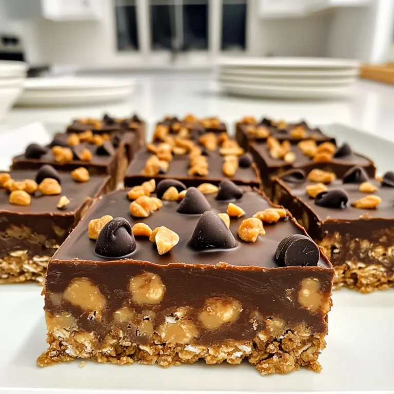 To make these Chocolate Peanut Butter Oat Bars, gather the following ingredients: - 2 cups rolled oats - 1 cup creamy peanut butter - 1/2 cup honey or maple syrup - 1/2 cup unsweetened cocoa powder - 1/2 cup dark chocolate chips - 1/2 cup chopped nuts (like almonds or walnuts) - 1/4 teaspoon sea salt - 1 teaspoon vanilla extract Each ingredient plays a key role in the recipe. Rolled oats give the bars their chewy texture. Creamy peanut butter adds richness and flavor. Honey or maple syrup sweetens the mix and keeps it moist. Unsweetened cocoa powder adds a chocolatey taste without extra sugar. Dark chocolate chips provide little bursts of sweetness. Chopped nuts add crunch and healthy fats. Sea salt enhances all the flavors, and vanilla extract gives a warm note. This recipe is great because it is simple and quick. You can easily find these ingredients in your local store. Using quality ingredients makes a big difference in taste. Enjoy the process of gathering and preparing these items. Each step brings you closer to a delicious treat you can share or enjoy alone! First, grab a large mixing bowl. Add 2 cups of rolled oats. Next, include 1/2 cup of unsweetened cocoa powder. Then, toss in 1/2 cup of chopped nuts. These add crunch and flavor. Mix everything well until combined. Now, take a small saucepan. On low heat, warm 1 cup of creamy peanut butter and 1/2 cup of honey or maple syrup. Stir gently for about 3 to 5 minutes. Make sure it turns smooth and creamy. Remove the pan from heat. Stir in 1 teaspoon of vanilla extract and 1/4 teaspoon of sea salt. Mix well. Pour the warm peanut butter mixture into your bowl of dry ingredients. Mix until the oats and nuts are completely coated. Then, add 1/2 cup of dark chocolate chips. Stir until the chocolate chips are evenly spread throughout. Line an 8x8 inch baking dish with parchment paper. Leave some paper hanging over the sides. This helps you lift the bars out later. Transfer your mixture into this dish. Press it down firmly to create an even surface. Place the dish in the refrigerator for 1 to 2 hours. This helps the bars set firmly. Once chilled, lift the bars out using the parchment paper. Cut them into squares or rectangles. Enjoy your tasty treat! To get the best texture for these bars, use rolled oats. They hold together well and give a nice chew. When mixing the dry ingredients, ensure even distribution. This helps every bite taste great. Press the mixture firmly into the dish. This step creates a solid bar. If they feel too crumbly later, you may not have pressed hard enough. I recommend creamy peanut butter for this recipe. It blends well with other ingredients. Natural peanut butter works too, but it may change the texture. Look for brands without added sugar or oils. This choice keeps the bars healthy and tasty. If you like crunch, try chunky peanut butter instead. It adds a fun texture! Cleaning up after cooking can be a hassle. To make it easier, use parchment paper in your dish. This helps you lift the bars out easily. After mixing, use a rubber spatula to scrape down the bowl. This way, you get every bit of goodness. For sticky bowls, soak them in warm water first. This loosens the residue and makes washing simpler. {{image_2}} You can easily make these bars without nuts. Just skip the chopped nuts. Use the same amount of oats. The bars will still taste great! You can add sunflower seeds or pumpkin seeds for crunch. These seeds give a nice texture without adding nuts. To make vegan-friendly bars, use maple syrup instead of honey. This swap keeps everything plant-based. Make sure your dark chocolate chips are dairy-free. These small changes keep the flavor rich and satisfying without animal products. Get creative with add-ins! You can mix in dried fruits, like raisins or cranberries. They add sweetness and chewiness to the bars. Try using coconut flakes for a tropical twist. You can also switch the cocoa powder for carob powder for a different taste. These fun additions make each bite unique! To keep your chocolate peanut butter oat bars fresh, store them in an airtight container. Place the bars in the refrigerator. This keeps them cool and helps maintain their texture. Make sure they are not exposed to air, as this can dry them out. These bars are best enjoyed fresh but can last up to one week in the fridge. After that, they might lose some of their taste and texture. Always check for any signs of spoilage before eating. Look for changes in color or smell. If you want to store them for longer, freezing is a great option. Wrap each bar in plastic wrap or foil. Then, place them in a freezer-safe bag or container. They can last up to three months in the freezer. When you're ready to eat them, thaw the bars in the fridge overnight. This keeps them tasty and ready to enjoy! Yes, you can make simple swaps. For the oats, use quick oats for a softer texture. If you prefer a different nut butter, almond or cashew butter works well. Maple syrup is a great option if you want a vegan sweetener. You can also replace honey with agave syrup. Just remember, swapping ingredients may change the taste or texture. To boost the chocolate flavor, add more cocoa powder. Try increasing it to 3/4 cup. You can also add more dark chocolate chips. If you love chocolate, consider drizzling melted chocolate on top before chilling. This makes them look fancy and taste even better. If your bars crumble, they might need more moisture. You can add a bit more peanut butter or honey. Mixing in a tablespoon of water can help too. Ensure you press the mixture firmly into the pan. This helps it hold together better when set. You will know the bars are set when they feel firm to the touch. Chill them in the fridge for at least 1-2 hours. If you press down lightly and they spring back, they are ready. After chilling, cut and enjoy! If they are too soft, let them chill longer before cutting. This blog post showed you how to make tasty no-bake bars. We covered the key ingredients, like oats and peanut butter, and shared step-by-step instructions. I also gave tips for texture and easy cleanup. You could even tweak the recipe with variations, like nut-free or vegan options. Remember to store your bars properly for the best shelf life. Try different flavors to keep things fun. Enjoy your delicious treats!