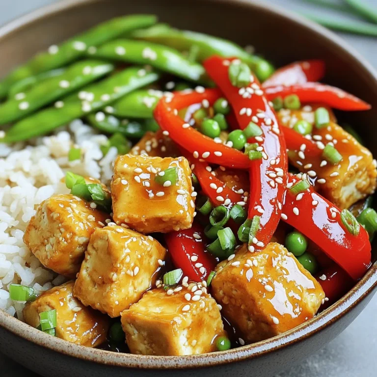 To make a Crispy Sesame Tofu Stir Fry, you need the following key ingredients: - Firm Tofu: 1 block, pressed and cubed - Sesame Oil: 3 tablespoons - Vegetables: - 1 red bell pepper, sliced - 1 cup snap peas, trimmed - Seasonings: - 2 tablespoons soy sauce (or tamari for gluten-free) - 1 tablespoon maple syrup - 2 cloves garlic, minced - 1 teaspoon fresh ginger, grated - 1 tablespoon sesame seeds - 3 green onions, chopped - Additional: - 2 tablespoons cornstarch - Salt and pepper to taste Each ingredient plays a role in making this dish special. Firm tofu gives you the right texture. Sesame oil adds a rich flavor. The veggies bring color and crunch. Soy sauce and maple syrup balance salty and sweet flavors. Garlic and ginger add warmth and depth. Finally, sesame seeds and green onions give a nice finish. Gather these ingredients to get started. You’ll love how quickly you can whip this up! Pressing and Cubing the Tofu First, take your block of firm tofu. Press it to squeeze out extra moisture. You can use a clean kitchen towel or a tofu press for this. Once pressed, cut the tofu into 1-inch cubes. This size helps it cook evenly. Coating with Cornstarch Next, place the cubed tofu in a bowl. Sprinkle 2 tablespoons of cornstarch over it. Toss gently until all sides are coated. This will give your tofu that crispy texture. Heating the Pan Heat 2 tablespoons of sesame oil in a non-stick pan or wok. Set the heat to medium-high. Wait until the oil shimmers in the pan. This means it’s ready for cooking. Achieving Perfect Crispiness Add the coated tofu cubes to the hot pan. Cook them for about 5-7 minutes. Turn them often to ensure they brown evenly. You want them golden and crispy on all sides. This step makes the tofu delicious and crunchy. Cooking the Bell Pepper and Snap Peas Once the tofu is crispy, remove it from the pan. Set it aside on a plate. In the same pan, add the sliced red bell pepper and snap peas. Stir-fry these for about 2-3 minutes. They should be tender but still bright in color. Adding Aromatics: Garlic and Ginger Now, add the minced garlic and grated ginger to the pan. Stir-fry for 1 minute. This will fill the kitchen with a lovely aroma. The garlic and ginger add great flavor to your dish. Adding Sauce and Tofu Return the crispy tofu to the pan. Pour in 2 tablespoons of soy sauce and 1 tablespoon of maple syrup. Toss everything gently to coat the tofu and veggies evenly. Final Cooking Steps Cook for another 1-2 minutes. This allows the flavors to blend together. Finally, sprinkle sesame seeds and chopped green onions over the stir-fry. Mix gently to combine everything. Season with salt and pepper to taste. Your dish is now ready to serve! Pressing your tofu is key. This step removes moisture. Moist tofu won't crisp up. Use a tofu press or wrap it in a clean towel. Place a heavy object on top for 15-30 minutes. For coating, cornstarch works great. But you can try other methods too. Some use a mix of flour and spices. Others prefer breadcrumbs for a crunchier bite. Experiment to find your favorite. Want more flavor? Try adding sauces or spices. A splash of sriracha gives heat. You can also use chili paste for a spicy kick. For marinades, mix soy sauce with ginger and garlic. Let the tofu soak for 30 minutes. This adds depth to the dish. You can also use teriyaki sauce or even peanut sauce for a twist. Serving matters! Place the stir-fry in a deep bowl. It looks great and keeps everything warm. Garnish with extra sesame seeds and green onions. This adds color and texture. Pair your stir-fry with steamed rice or noodles. They soak up the tasty sauce. You could also add a side salad for freshness. {{image_2}} You can swap tofu for tempeh or seitan. Tempeh has a nutty taste and firm texture. It also adds extra protein. Seitan is chewy and mimics meat well. Both options make your stir fry hearty and satisfying. You can change the veggies in this dish. Try carrots, broccoli, or bell peppers. They all add crunch and color. You can also use mushrooms for a savory twist. Use seasonal vegetables for fresh flavors. In spring, use asparagus or snap peas. In summer, zucchini or bell peppers shine. In fall, add squash or Brussels sprouts. Winter brings kale or carrots to your plate. Make this dish gluten-free by using tamari instead of soy sauce. This simple swap keeps the flavor intact. You can add more veggies or tofu without changing the recipe. Try adding nuts for crunch or more garlic for flavor. These additions keep your dish vegan and delicious. To keep your crispy sesame tofu stir fry fresh, you need the right storage. Here are some best practices for refrigerating stir fry: - Cool Before Storing: Let the stir fry cool down to room temp. This avoids steam and sogginess. - Use Airtight Containers: Choose containers that seal tightly. This keeps out air and moisture. - Separate Tofu and Veggies: If possible, store tofu and vegetables in separate containers. This helps keep textures intact. When it's time to enjoy your leftovers, reheating correctly is key. Here are methods for reheating tofu stir fry: - Stovetop Method: Heat a non-stick pan over medium heat. Add a splash of water or oil to prevent sticking. Stir gently for 5 minutes. - Microwave Method: Place in a microwave-safe bowl. Cover with a damp paper towel. Heat in short bursts, stirring in between, until warm. To avoid soggy tofu, here are tips: - Don’t Overheat: Heating too long can make tofu rubbery. Just warm it until hot. - Use High Heat on Stovetop: This helps keep tofu crispy. If it starts to get soggy, increase the heat slightly. Following these steps will keep your crispy sesame tofu stir fry tasty for the next meal! Yes, you can use frozen tofu. Freezing changes the texture of the tofu. It becomes spongy and absorbs flavors better. This makes it great for stir-frying. Just remember to thaw it first, press it, and cube it. You may need to adjust cooking time for frozen tofu. If you don't have sesame oil, use other oils. Good alternatives include canola oil or peanut oil. Both have a high smoke point and good flavor. For a nutty taste, try toasted sesame oil. It adds great depth to your stir-fry. To add heat, use red pepper flakes or sriracha sauce. Mix these into the soy sauce for extra spice. You can also add sliced jalapeños or chili paste. Adjust the amount based on your heat level preference. Yes, you can prep this dish in advance. Cook the tofu and vegetables separately. Store them in airtight containers in the fridge. When you are ready to eat, just reheat and combine. This makes it a perfect option for quick meals. This blog post covered how to make a delicious tofu stir-fry. We explored the key ingredients, like firm tofu and colorful veggies. I shared easy steps for cooking and tips for making it crispy. You can even swap ingredients or adapt it for your diet. Remember to store leftovers properly and reheat them just right. This dish is versatile and tasty, perfect for any meal. Try it out and enjoy!