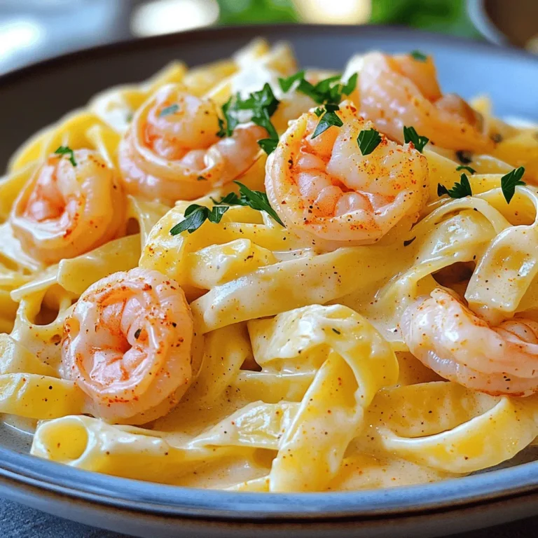 - 12 oz fettuccine pasta - 1 lb large shrimp, peeled and deveined - 2 tablespoons Cajun seasoning The main ingredients make this dish a standout. Fettuccine pasta provides a perfect base. Large shrimp add a juicy protein. Cajun seasoning brings a bold kick to the meal. - 1 cup heavy cream - 1/2 cup grated Parmesan cheese - 1/4 cup cream cheese, softened Creamy textures come from dairy. Heavy cream creates a rich sauce. Parmesan cheese adds a sharp flavor. Cream cheese smooths everything out. These dairy ingredients make the dish luxurious. - 2 tablespoons olive oil - 3 cloves garlic, minced - Salt and pepper to taste - Fresh parsley, chopped (for garnish) Olive oil helps to sauté the shrimp. Garlic gives a savory note to the dish. You’ll need salt and pepper to enhance flavors. Fresh parsley brightens the plate and adds color. Each of these ingredients plays a key role in flavor. Start by boiling a large pot of water. Make sure to add a good amount of salt. This helps the pasta taste better. Once the water is boiling, add the fettuccine. Cook it according to the package directions until it is al dente. This usually takes about 8 to 10 minutes. When done, drain the pasta and save a cup of the pasta water for later. Next, take your shrimp and place them in a bowl. Sprinkle Cajun seasoning over the shrimp. Toss them well until they are fully coated. Now, heat olive oil in a large skillet over medium heat. Once hot, add the seasoned shrimp. Cook them for 2 to 3 minutes on each side. They should turn pink and be cooked through. Remove the shrimp from the skillet and set them aside. In the same skillet, lower the heat. Add the minced garlic and sauté for about 30 seconds. You want the garlic to smell nice but not burn. Now, pour in the heavy cream, stirring as you go. Next, add the Parmesan cheese and cream cheese. Keep stirring until the cheeses melt and the sauce becomes smooth. If the sauce is too thick, add some reserved pasta water bit by bit until you get your desired thickness. Return the cooked shrimp to the skillet. Gently toss them in the creamy sauce, ensuring they get well coated. Then, add the drained fettuccine to the skillet. Mix everything together. Taste it and adjust the seasoning with salt and pepper as needed. To get a creamy sauce, use heavy cream and cheese. Heat the cream on low. Stir it gently to avoid burning. I like to add the cheese slowly. This helps it melt better. If the sauce is too thick, you can add some reserved pasta water. This water has starch that helps the sauce stick. Timing is key when cooking shrimp. Cook them for just 2 to 3 minutes on each side. They turn pink when done. If you cook them too long, they can get rubbery. Use medium heat to keep them tender. Always check for a nice golden color. Pair your creamy Cajun shrimp Alfredo with a fresh side salad. Garlic bread also works well. For wine lovers, a light white wine is perfect. To make it pretty, add fresh parsley on top. Fresh herbs not only look good but also add flavor. You can even sprinkle some extra Parmesan for a tasty touch. {{image_2}} You can swap shrimp for chicken or scallops. If you choose chicken, cut it into bite-sized pieces. Season the chicken with Cajun spice just like you do with shrimp. Cook the chicken until it’s no longer pink. Scallops are a great choice too. Sear them for about 2-3 minutes on each side. Both options work well in this creamy sauce. Want a meatless dish? Use veggies instead of shrimp. Bell peppers, zucchini, and mushrooms add great flavor. Sauté the veggies in the skillet before adding the garlic. Cook them until they are tender. Toss the veggies into the creamy sauce. This keeps the dish rich and tasty while being plant-based. Adjust the spice to fit your taste. If you like it mild, use less Cajun seasoning. Start with one tablespoon and add more if needed. For extra heat, consider adding cayenne pepper or hot sauce. This way, you can control the flavor and heat level. Enjoy the dish just how you like it! To keep your Creamy Cajun Shrimp Alfredo fresh, store it in the fridge. Use an airtight container for best results. It stays good for up to three days. Before storing, let it cool down. This helps prevent sogginess. Always label your container with the date. When you want to enjoy leftovers, reheat them gently. The best method is on the stove. Add a splash of milk or cream to help restore creaminess. Heat over low heat and stir often. This keeps the dish from getting dry. You can also use a microwave. Heat it in short bursts, stirring in between. If you want to freeze your dish, use a freezer-safe container. Divide it into portions for easy meals later. Creamy Cajun Shrimp Alfredo can be frozen for up to two months. To thaw, place it in the fridge overnight before reheating. Avoid freezing with fresh parsley on top; add that just before serving. Cajun seasoning is a mix of spices. It usually has paprika, cayenne pepper, garlic powder, onion powder, and black pepper. Some blends may also include oregano and thyme. This spice mix brings a warm, bold flavor to dishes. It adds a kick that makes meals exciting. You can adjust the mix based on your taste. Yes, you can! To increase heat, add more Cajun seasoning. You can also include crushed red pepper flakes or diced jalapeños. Start with small amounts, then taste as you go. This way, you can control the heat level. If you want a milder dish, reduce the seasoning. To make this dish gluten-free, choose gluten-free pasta. Many brands offer rice, quinoa, or chickpea options. These pastas work well in this recipe. Just follow the cooking instructions on the package. Ensure all other ingredients are gluten-free, like the Cajun seasoning and cream. Serve Creamy Cajun Shrimp Alfredo in a large bowl. This makes it easy for everyone to share. Garnish with fresh parsley for a pop of color. You can also add extra Parmesan cheese on top. Serve with a side salad or garlic bread for a complete meal. Creamy Cajun Shrimp Alfredo is a delicious dish packed with flavor and comfort. We covered the key ingredients, from fettuccine to shrimp, and the creamy dairy components. I shared steps to cook the pasta, prepare the shrimp, and create that perfect sauce. You also learned tips for making the dish even better and ways to store leftovers. In the end, this recipe offers tasty options for everyone. Whether you enjoy the classic way or want a twist, you can make it your own. Enjoy cooking and sharing this dish!