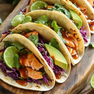- 1 lb salmon fillets - 1/4 cup barbecue sauce - 1 tablespoon olive oil - 1 teaspoon garlic powder - 1 teaspoon smoked paprika - 1/2 teaspoon cumin - Salt and pepper to taste - 8 small corn tortillas - 1 cup red cabbage, shredded - 1/2 cup cilantro, chopped - 1 avocado, sliced - Lime wedges for serving To create these tasty tacos, you need some simple ingredients. Start with one pound of salmon fillets. Use your favorite barbecue sauce for flavor. A quarter cup works perfectly. You will also need a tablespoon of olive oil to keep the salmon moist. Next, add some spices. One teaspoon of garlic powder gives a great taste. Smoked paprika adds a nice touch too. You can also use half a teaspoon of cumin. Don&rsquo;t forget to add salt and pepper to suit your taste. For the taco assembly, grab eight small corn tortillas. They hold the filling well. Shred one cup of red cabbage for crunch. You will want half a cup of chopped cilantro for freshness. One sliced avocado adds creaminess. Lastly, lime wedges will brighten the flavors when you serve the tacos. These ingredients come together to make a meal that's both fun and delicious! 1. Preheat your oven to 400&deg;F (200&deg;C). This helps the salmon cook evenly and quickly. 2. Line a sheet pan with parchment paper. This makes cleanup easy. 3. Place the salmon fillets on the sheet pan. 4. Drizzle olive oil over the fillets. This adds flavor and keeps them moist. 5. Season the salmon. Sprinkle garlic powder, smoked paprika, cumin, salt, and pepper evenly on top. 1. Brush barbecue sauce on the salmon. Use enough to coat each fillet well. 2. Bake the salmon for 12-15 minutes. It should flake easily with a fork when done. 3. While the salmon bakes, warm your corn tortillas. - You can heat them on a skillet for 30 seconds on each side. - Alternatively, wrap them in foil and place them in the oven for the last 5 minutes of cooking. 1. Remove the salmon from the oven. Let it cool for a minute. 2. Flake the salmon into large pieces using a fork. 3. To build your tacos, place shredded red cabbage on each tortilla. 4. Top with flaked salmon and avocado slices. 5. Finish with chopped cilantro and a squeeze of fresh lime juice. 6. Serve the tacos with lime wedges on the side for extra zest. To cook salmon just right, aim for 12 to 15 minutes at 400&deg;F (200&deg;C). The salmon should flake easily with a fork when done. If you want a bit more flavor, try different barbecue sauces. Sweet, spicy, or tangy sauces all work great. You can even mix sauces for a unique taste. Warming tortillas is simple and makes a big difference. You can warm them on a skillet for about 30 seconds on each side. If you prefer, wrap them in foil and place them in the oven for the last five minutes of cooking the salmon. Choose small corn tortillas for the best texture. They add a nice flavor and hold the filling well. For a stunning presentation, serve the tacos on a colorful platter. Add lime wedges and extra cilantro for a fresh look. Pair your tacos with sides like black beans, rice, or a simple salad. These sides balance the meal and add more flavor. {{image_2}} You can easily switch out the salmon for chicken or shrimp. Chicken thighs work well for a juicy bite, and shrimp cooks fast, making it a great option. Just season them like the salmon and coat with barbecue sauce. Bake at the same temperature for about 15-20 minutes for chicken or 8-10 minutes for shrimp until they are fully cooked. For a vegetarian twist, swap the salmon for grilled vegetables. Peppers, zucchini, and mushrooms can add great flavor. Toss them in olive oil and your favorite spices. Grill or roast them until tender, about 10-15 minutes. Use the same taco assembly, and you&rsquo;ll have a fresh and colorful meal. Explore different barbecue sauces to change the taste of your tacos. A sweet honey BBQ can give a nice glaze. For heat, try a spicy chipotle sauce. You can also mix in herbs like rosemary or thyme for added depth. Experimenting with flavors can make each taco night exciting and new! To keep your leftover tacos fresh, store them in the fridge. Place the salmon, tortillas, and toppings in separate containers. This way, they won't get soggy. Use airtight containers for best results. Cooked salmon lasts about three days in the fridge. Shredded cabbage and cilantro can also stay fresh for a few days. Avocado should be eaten quickly, as it browns fast. When you&rsquo;re ready to enjoy leftovers, reheat the salmon gently. The best method is in the oven. Preheat the oven to 300&deg;F (150&deg;C). Place the salmon on a baking sheet and heat for about 10 minutes. This helps keep it moist. For the tortillas, warm them in a skillet over medium heat. Just 30 seconds on each side will do. You can also wrap them in foil and heat them in the oven with the salmon. Yes, you can freeze these tacos, but it works best for the salmon. To freeze, let the salmon cool completely. Wrap it tightly in plastic wrap, then place it in a freezer bag. It can last for up to three months. Tortillas can also be frozen. Stack them with parchment paper in between. Thaw both the salmon and tortillas in the fridge overnight before reheating. To cook salmon in the oven, I recommend 12-15 minutes at 400&deg;F (200&deg;C). This time ensures the fish is tender and flakes easily. Always check for doneness with a fork. If it&rsquo;s not flaking, give it a few more minutes. Yes, you can prepare these tacos in advance. Cook the salmon and store it in the fridge for up to three days. You can also chop the cabbage and cilantro ahead of time. Just warm the tortillas just before serving for the best taste. These tacos go great with several sides. Try serving them with: - Mexican rice - Black beans - Grilled corn - A fresh salad For drinks, I suggest a light beer or a refreshing iced tea. These pair well with the flavors of the tacos. These BBQ salmon tacos are simple and tasty. We covered key ingredients, cooking steps, and helpful tips. You can customize with different proteins and flavors. Storing leftovers and reheating are easy with the right methods. Enjoy making these tacos for family and friends. They are great for any meal. Try them soon, and you'll impress everyone with your cooking!