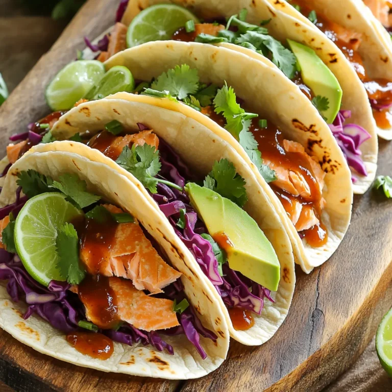 - 1 lb salmon fillets - 1/4 cup barbecue sauce - 1 tablespoon olive oil - 1 teaspoon garlic powder - 1 teaspoon smoked paprika - 1/2 teaspoon cumin - Salt and pepper to taste - 8 small corn tortillas - 1 cup red cabbage, shredded - 1/2 cup cilantro, chopped - 1 avocado, sliced - Lime wedges for serving To create these tasty tacos, you need some simple ingredients. Start with one pound of salmon fillets. Use your favorite barbecue sauce for flavor. A quarter cup works perfectly. You will also need a tablespoon of olive oil to keep the salmon moist. Next, add some spices. One teaspoon of garlic powder gives a great taste. Smoked paprika adds a nice touch too. You can also use half a teaspoon of cumin. Don’t forget to add salt and pepper to suit your taste. For the taco assembly, grab eight small corn tortillas. They hold the filling well. Shred one cup of red cabbage for crunch. You will want half a cup of chopped cilantro for freshness. One sliced avocado adds creaminess. Lastly, lime wedges will brighten the flavors when you serve the tacos. These ingredients come together to make a meal that's both fun and delicious! 1. Preheat your oven to 400°F (200°C). This helps the salmon cook evenly and quickly. 2. Line a sheet pan with parchment paper. This makes cleanup easy. 3. Place the salmon fillets on the sheet pan. 4. Drizzle olive oil over the fillets. This adds flavor and keeps them moist. 5. Season the salmon. Sprinkle garlic powder, smoked paprika, cumin, salt, and pepper evenly on top. 1. Brush barbecue sauce on the salmon. Use enough to coat each fillet well. 2. Bake the salmon for 12-15 minutes. It should flake easily with a fork when done. 3. While the salmon bakes, warm your corn tortillas. - You can heat them on a skillet for 30 seconds on each side. - Alternatively, wrap them in foil and place them in the oven for the last 5 minutes of cooking. 1. Remove the salmon from the oven. Let it cool for a minute. 2. Flake the salmon into large pieces using a fork. 3. To build your tacos, place shredded red cabbage on each tortilla. 4. Top with flaked salmon and avocado slices. 5. Finish with chopped cilantro and a squeeze of fresh lime juice. 6. Serve the tacos with lime wedges on the side for extra zest. To cook salmon just right, aim for 12 to 15 minutes at 400°F (200°C). The salmon should flake easily with a fork when done. If you want a bit more flavor, try different barbecue sauces. Sweet, spicy, or tangy sauces all work great. You can even mix sauces for a unique taste. Warming tortillas is simple and makes a big difference. You can warm them on a skillet for about 30 seconds on each side. If you prefer, wrap them in foil and place them in the oven for the last five minutes of cooking the salmon. Choose small corn tortillas for the best texture. They add a nice flavor and hold the filling well. For a stunning presentation, serve the tacos on a colorful platter. Add lime wedges and extra cilantro for a fresh look. Pair your tacos with sides like black beans, rice, or a simple salad. These sides balance the meal and add more flavor. {{image_2}} You can easily switch out the salmon for chicken or shrimp. Chicken thighs work well for a juicy bite, and shrimp cooks fast, making it a great option. Just season them like the salmon and coat with barbecue sauce. Bake at the same temperature for about 15-20 minutes for chicken or 8-10 minutes for shrimp until they are fully cooked. For a vegetarian twist, swap the salmon for grilled vegetables. Peppers, zucchini, and mushrooms can add great flavor. Toss them in olive oil and your favorite spices. Grill or roast them until tender, about 10-15 minutes. Use the same taco assembly, and you’ll have a fresh and colorful meal. Explore different barbecue sauces to change the taste of your tacos. A sweet honey BBQ can give a nice glaze. For heat, try a spicy chipotle sauce. You can also mix in herbs like rosemary or thyme for added depth. Experimenting with flavors can make each taco night exciting and new! To keep your leftover tacos fresh, store them in the fridge. Place the salmon, tortillas, and toppings in separate containers. This way, they won't get soggy. Use airtight containers for best results. Cooked salmon lasts about three days in the fridge. Shredded cabbage and cilantro can also stay fresh for a few days. Avocado should be eaten quickly, as it browns fast. When you’re ready to enjoy leftovers, reheat the salmon gently. The best method is in the oven. Preheat the oven to 300°F (150°C). Place the salmon on a baking sheet and heat for about 10 minutes. This helps keep it moist. For the tortillas, warm them in a skillet over medium heat. Just 30 seconds on each side will do. You can also wrap them in foil and heat them in the oven with the salmon. Yes, you can freeze these tacos, but it works best for the salmon. To freeze, let the salmon cool completely. Wrap it tightly in plastic wrap, then place it in a freezer bag. It can last for up to three months. Tortillas can also be frozen. Stack them with parchment paper in between. Thaw both the salmon and tortillas in the fridge overnight before reheating. To cook salmon in the oven, I recommend 12-15 minutes at 400°F (200°C). This time ensures the fish is tender and flakes easily. Always check for doneness with a fork. If it’s not flaking, give it a few more minutes. Yes, you can prepare these tacos in advance. Cook the salmon and store it in the fridge for up to three days. You can also chop the cabbage and cilantro ahead of time. Just warm the tortillas just before serving for the best taste. These tacos go great with several sides. Try serving them with: - Mexican rice - Black beans - Grilled corn - A fresh salad For drinks, I suggest a light beer or a refreshing iced tea. These pair well with the flavors of the tacos. These BBQ salmon tacos are simple and tasty. We covered key ingredients, cooking steps, and helpful tips. You can customize with different proteins and flavors. Storing leftovers and reheating are easy with the right methods. Enjoy making these tacos for family and friends. They are great for any meal. Try them soon, and you'll impress everyone with your cooking!