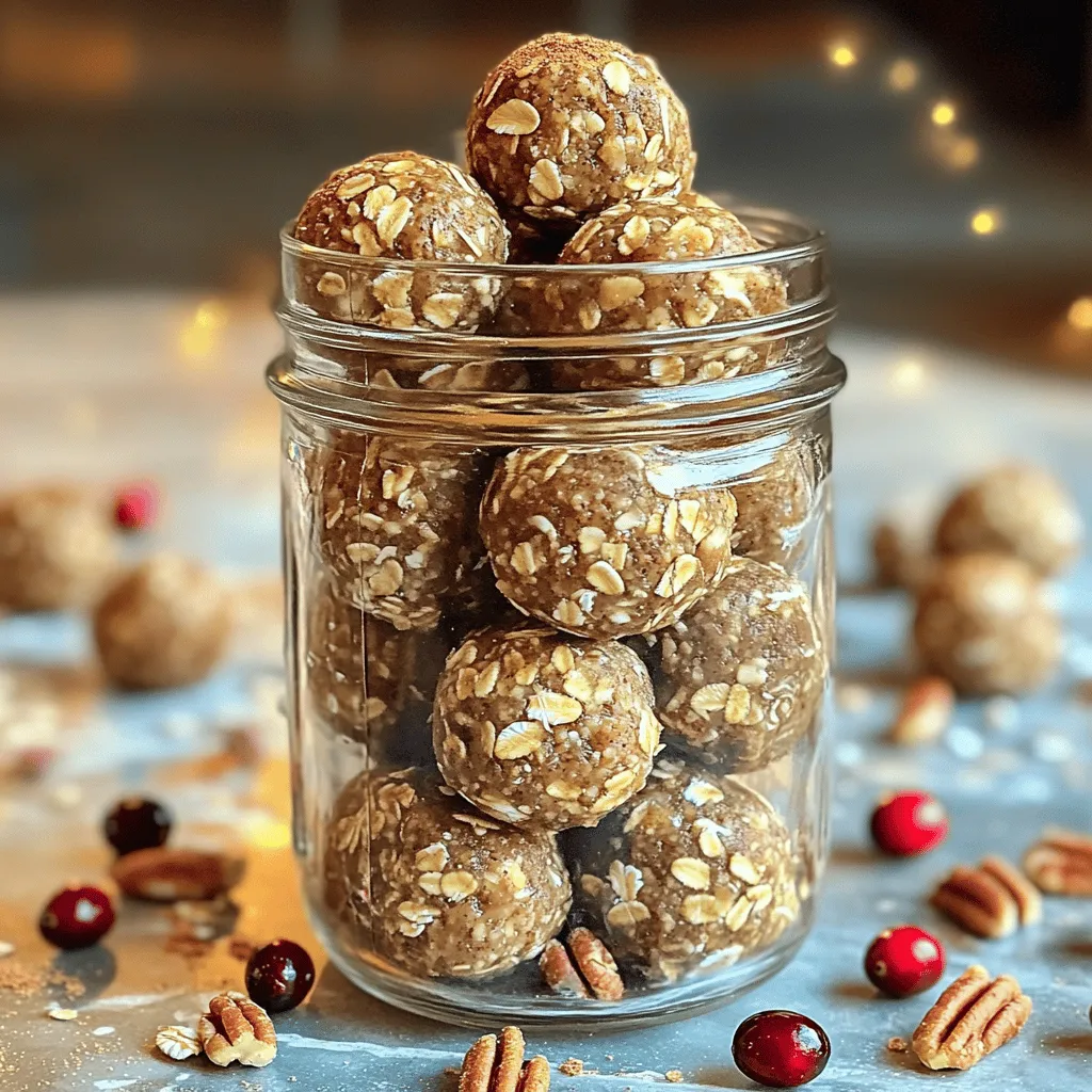 To make no-bake gingerbread energy balls, you need a few simple ingredients. Here’s the list: - 1 cup rolled oats - 1/2 cup almond butter (or any nut butter of your choice) - 1/4 cup honey or maple syrup - 1 teaspoon ground ginger - 1 teaspoon ground cinnamon - 1/4 teaspoon ground nutmeg - 1/4 teaspoon allspice - 1/4 cup molasses - 1/2 cup chopped nuts (like pecans or walnuts) - 1/4 cup dried cranberries or raisins - Pinch of salt - Optional: 1/4 cup chocolate chips for extra sweetness If you have nut allergies, you can swap almond butter with sunflower seed butter. This keeps the recipe safe and tasty. For a vegan option, use maple syrup instead of honey. Feel free to add chocolate chips for a sweet twist or other dried fruits for different flavors. This recipe is flexible, so have fun with it! To start, grab a large mixing bowl. Add 1 cup of rolled oats, 1/2 cup of almond butter, and 1/4 cup of honey or maple syrup. Pour in 1/4 cup of molasses too. Mix everything well until smooth. You want all the ingredients to blend nicely. Next, sprinkle in the spices. Add 1 teaspoon of ground ginger, 1 teaspoon of ground cinnamon, 1/4 teaspoon of ground nutmeg, 1/4 teaspoon of allspice, and a pinch of salt. Stir the mixture thoroughly. This helps the spices spread evenly throughout. Now, fold in 1/2 cup of chopped nuts and 1/4 cup of dried cranberries or raisins. If you like chocolate, toss in 1/4 cup of chocolate chips. This adds a sweet surprise in every bite. To form the energy balls, wet your hands slightly. This helps with the sticky mixture. Take small amounts of the mixture and roll them into balls, about 1 inch in size. Refrigeration is key for these energy balls. Place each ball on a baking sheet lined with parchment paper. Make sure to leave space between them. They need room to firm up. Chill the energy balls for at least 30 minutes. This helps them hold their shape. After chilling, store the energy balls in an airtight container. Keep them in the fridge for up to a week. If you find them too tasty, they may not last that long! To boost the flavor of your no-bake gingerbread energy balls, try adding some zest. Orange zest works great! It gives a fresh twist that complements the spices. You can also tweak the spice levels. If you love heat, add more ground ginger or cinnamon. These spices bring warmth and depth to each bite. When it comes to sweetness, you have options. Honey and maple syrup are popular choices. For less sweetness, you can use agave syrup. This keeps the energy balls tasty without being too sweet. Balance is key, so adjust as needed to fit your taste. Shaping the energy balls can be tricky at first. To make it easier, wet your hands slightly before you start. This helps prevent the mixture from sticking to your skin. Take about a tablespoon of the mixture and roll it into a ball. Aim for about one inch in diameter for the perfect bite-sized treat. If the mixture feels too sticky, don’t worry! Just add a little more oats or nut butter to help with the texture. Keep forming until you have all your energy balls ready. Place them on a baking sheet lined with parchment paper. This makes cleanup easy and keeps them from sticking. {{image_2}} You can easily switch up the flavors in your gingerbread energy balls. Try adding pumpkin spice for a fall twist. You can also mix in vanilla extract or cocoa powder for a chocolatey flavor. Different nuts can change the texture. Use cashews or pistachios instead of almonds. If you love dried fruit, try apricots or dates for a unique taste. For a vegan option, replace honey with agave syrup or maple syrup. Both work well and keep the sweetness. To make these energy balls gluten-free, use certified gluten-free oats. This ensures everyone can enjoy them without worries. You can also add chia seeds or flaxseeds for extra nutrition. These swaps keep your energy balls tasty and inclusive for all diets. To keep your no-bake gingerbread energy balls fresh, store them in the fridge. Place them in an airtight container. This method keeps them good for up to a week. If you want them to last longer, make sure to check for any moisture in the container. Moisture can make them spoil faster. If you want to save some energy balls for later, freezing is a great option. First, place the balls on a baking sheet. Make sure they are not touching each other. Freeze them for about 1-2 hours. Once firm, transfer them to a freezer-safe container or bag. This way, they can last for up to three months in the freezer. When you are ready to eat them, take out the number you want. Let them thaw in the fridge for a few hours or at room temperature for about 30 minutes. You can also enjoy them straight from the freezer if you like them cold! What can I use instead of almond butter? You can use any nut butter you like. Peanut butter works well. Sunflower seed butter is also great for nut-free options. Each choice adds its own flavor. How long do no-bake gingerbread energy balls last? These energy balls last about a week in the fridge. Store them in an airtight container. They may not last that long because they are so tasty! Can I make these energy balls without molasses? Yes, you can skip molasses if you want. Use more honey or maple syrup instead. This will change the flavor but keep the sweetness. Each serving of these energy balls gives you about 150 calories. They are packed with good nutrients. Here are some benefits of key ingredients: - Rolled oats: They provide fiber and help keep you full. - Nuts: They add healthy fats and protein. Pecans or walnuts boost heart health. - Honey or maple syrup: These natural sweeteners give energy without refined sugars. - Spices: Ginger and cinnamon can help with digestion and add warmth to the flavor. These energy balls are a great snack choice. They are simple to make and full of good stuff! No-bake gingerbread energy balls are simple to make and fun to enjoy. We covered the key ingredients, how to blend them, and tips for perfect sizes. You can customize flavors with spices or different nuts to fit your taste. Storing them properly keeps them fresh for longer. These energy balls are nutritious and perfect for snacks. I hope you feel inspired to create your own tasty variations. Enjoy making these easy treats!
