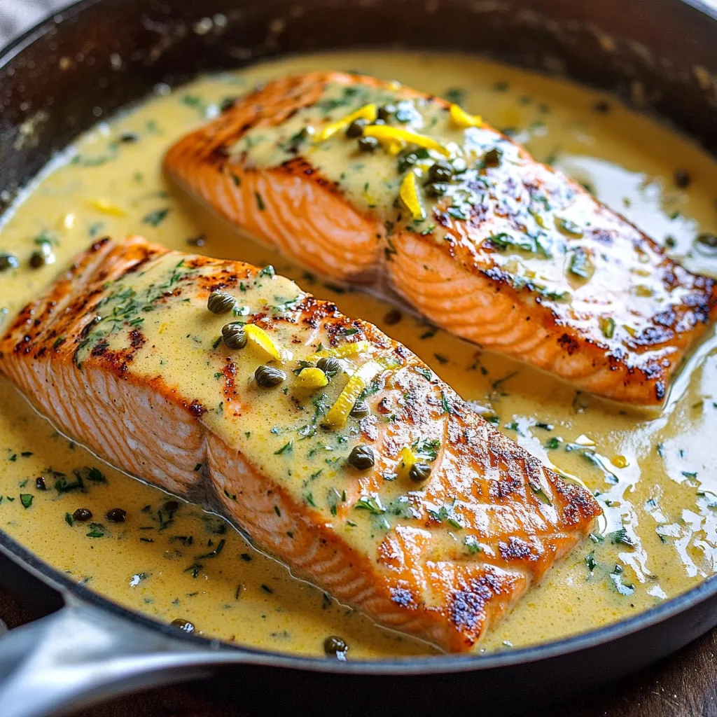 When making One-Pan Creamy Lemon Herb Salmon, using fresh and quality ingredients is key. Here’s what you need: - 4 salmon fillets (6 oz each) - 2 tablespoons olive oil - 1 teaspoon garlic powder - Salt and pepper to taste - 1 cup heavy cream - Zest of 1 lemon - Juice of 1 lemon - 1 teaspoon dried dill - 1 teaspoon dried parsley - 1 tablespoon capers (rinsed) - Fresh herbs for garnish (parsley or dill) Each ingredient plays a key role in the dish. The salmon gives a rich flavor and healthy fats. Olive oil helps in cooking and adds a light taste. Garlic powder enhances the overall taste without overpowering it. Salt and pepper balance the flavors. Heavy cream adds that creamy texture we love, while lemon zest and juice bring brightness. Dried dill and parsley add freshness and depth. Lastly, capers give a nice briny touch that elevates the dish. Feel free to experiment with fresh herbs for garnish. They will add color and flavor. This dish is straightforward but full of taste. Enjoy the process of gathering these ingredients, as they will create a delightful meal! Preheat your oven to 400°F (200°C). This temperature helps cook the salmon evenly. Preheating is key. It ensures your dish cooks right and flavors blend well. In a large oven-safe skillet, heat 2 tablespoons of olive oil over medium-high heat. Pat the salmon fillets dry. Season them with garlic powder, salt, and pepper on both sides. The oil should be hot before you add the salmon. Place the fillets in the skillet, skin-side down. Sear for 3-4 minutes until the skin turns crispy. Flip the fillets carefully and cook for 2-3 more minutes. Then, remove the salmon and set it aside on a plate. Reduce the heat to medium in the same skillet. Add 1 cup of heavy cream, lemon zest, lemon juice, dried dill, dried parsley, and 1 tablespoon of rinsed capers. Stir these ingredients together. Bring the sauce to a gentle simmer for about 3-5 minutes. This helps the sauce thicken slightly and enhances the flavors. Now, return the salmon fillets to the skillet. Nestle them in the creamy sauce and spoon some sauce over the top. Transfer the skillet to your preheated oven. Bake for 10-12 minutes until the salmon flakes easily with a fork. This step cooks the salmon through while keeping it moist. Once done, remove it from the oven and let it sit for a couple of minutes to cool slightly. When choosing salmon, look for bright, moist fillets. Fresh salmon should have a clean scent, like the sea. Avoid any fish with a strong, fishy smell. The skin should be shiny, and the flesh should bounce back when pressed. For sustainable options, look for salmon labeled as wild-caught or certified by the Marine Stewardship Council. This ensures that your choice supports healthy fish populations and ecosystems. Using an oven-safe skillet is key. This allows you to sear the salmon and bake it all in one pan. A good skillet retains heat well, giving you a nice sear on the fish. If you don’t have an oven-safe skillet, you can use a regular skillet and transfer the salmon to a baking dish after searing. This way, you get the same great flavor and texture. For the best presentation, serve the salmon right from the skillet. It looks rustic and inviting. Garnish with fresh herbs like parsley or dill for a pop of color. Pair this dish with sides like steamed vegetables or fluffy rice. These sides complement the creamy sauce and provide a balanced meal. You could also serve a light salad for freshness. {{image_2}} You can make this dish fit your needs. Here are some easy swaps: - Dairy-free options: Use coconut cream or almond milk instead of heavy cream. This keeps the sauce creamy while making it dairy-free. - Fresh herb variations: If you have fresh herbs on hand, use them instead of dried ones. Fresh dill or parsley will add a vibrant taste. Want to change the taste? Here are some fun ideas: - Adding heat with spices: Sprinkle in some red pepper flakes or cayenne pepper. This will give your salmon a nice kick. - Alternative citrus fruits: If you want a twist, try lime or orange juice. These fruits will brighten up the dish in a different way. You can cook this salmon in various ways. Here are two options: - Grilling vs. baking: Grilling adds a smoky flavor. Cook the salmon on a hot grill for about 6-8 minutes per side. - Skillet-only methods: For a quick meal, cook the salmon entirely in a skillet. Just skip the oven step and cook it longer on the stove until fully cooked. These variations let you enjoy the dish in different styles. Feel free to mix and match! To keep your One-Pan Creamy Lemon Herb Salmon fresh, follow these tips: - Let the salmon cool to room temperature. - Place the salmon in an airtight container. - Add the creamy sauce on top for moisture. - Store in the fridge for up to three days. - Avoid storing in metal containers as they can react with the lemon. - Use glass or plastic containers for best results. To reheat salmon without losing its great taste, try these steps: - Preheat your oven to 350°F (175°C). - Place the salmon in an oven-safe dish. - Cover it with aluminum foil to keep moisture in. - Heat for about 10-15 minutes, or until warm. - Check on it often to avoid overcooking. - If using a microwave, heat in short bursts of 30 seconds. - Add a splash of water if it seems dry. These methods will help keep your salmon tender and juicy. The cooking time depends on the thickness of the salmon fillet. For a 6 oz fillet, bake at 400°F for 10 to 12 minutes. If your fillet is thicker, increase the time by a couple of minutes. Always check for doneness by seeing if it flakes easily with a fork. Yes, you can use frozen salmon. Thaw it overnight in the fridge or under cold water for quicker results. Make sure to pat it dry before cooking. This helps get that nice crispy skin when searing it. If you want a lighter option, try using half-and-half or whole milk mixed with a bit of flour. For a dairy-free choice, coconut cream works well. It adds a nice creaminess and a hint of sweetness. You can also use nut-based creams for different flavors. This blog post covered everything you need to know about baking delicious salmon. We reviewed key ingredients, such as fresh salmon and heavy cream, and shared simple steps to get crispy skin and a creamy sauce. I also provided tips on selecting quality salmon and creative variations. Finally, we discussed storage and reheating to keep leftovers tasty. Remember, cooking can be fun! Enjoy experimenting with flavors and techniques as you create your tasty salmon dish.