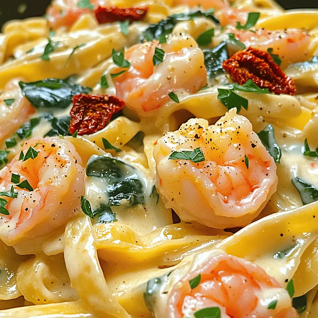 - 8 oz fettuccine pasta - 1 lb large shrimp, peeled and deveined - 2 tablespoons Cajun seasoning - 2 tablespoons olive oil - 1 cup heavy cream - 1 cup freshly grated Parmesan cheese - 3 cloves garlic, minced - 1/2 cup sun-dried tomatoes, chopped - 1 cup baby spinach - Salt and pepper to taste - Fresh parsley, chopped (for garnish) To make a great Creamy Cajun Shrimp Alfredo, you need the right ingredients. First, fettuccine pasta is key. Its wide shape holds the sauce well. You will also need large shrimp, peeled and deveined. The shrimp add a nice texture and taste. Cajun seasoning gives the dish its bold flavor. Next, for the sauce, heavy cream makes it rich and creamy. Freshly grated Parmesan cheese adds depth. Garlic brings in a lovely aroma and taste. Sun-dried tomatoes add a sweet and tangy twist. Baby spinach not only adds color but also nutrition. Always season with salt and pepper to balance the flavors. Finally, fresh parsley is perfect for garnish. It brightens up the dish and adds a fresh note. Gather these ingredients, and you’ll be on your way to a delightful dinner. Enjoy the process and make it your own! - Start by bringing a large pot of salted water to a boil. - Use about 1 tablespoon of salt per quart of water. - Once boiling, add the fettuccine. - Cook it according to the package instructions, usually about 8-10 minutes. - Stir gently to prevent sticking. - Check for doneness; it should be al dente. - Drain the pasta and set it aside. - In a bowl, toss the shrimp with Cajun seasoning. - Use 2 tablespoons of seasoning for 1 pound of shrimp. - Make sure every shrimp gets a nice coating. - This gives the shrimp great flavor. - In the same skillet, heat 2 tablespoons of olive oil over medium heat. - Add 3 minced garlic cloves and sauté for 1 minute. - This step makes the kitchen smell amazing! - Next, pour in 1 cup of heavy cream slowly. - Bring it to a gentle simmer, stirring occasionally for about 2-3 minutes. - Gradually whisk in 1 cup of freshly grated Parmesan cheese until smooth. - Taste and adjust with salt and pepper if needed. - Add the drained fettuccine to the skillet. - Toss in 1/2 cup of chopped sun-dried tomatoes and 1 cup of baby spinach. - Mix everything gently, allowing the spinach to wilt slightly. - After 1-2 minutes, return the shrimp to the pan. - Stir to coat the shrimp in the creamy sauce. - Serve it in bowls, and garnish with chopped fresh parsley. Fettuccine is the best pasta for Alfredo. Its wide shape holds the creamy sauce well. This makes every bite rich and flavorful. If you don't have fettuccine, you can use linguine or penne. Both options work nicely with the sauce. You can boost the flavor of your Alfredo with extra spices. Consider adding a pinch of smoked paprika or cayenne for a kick. Fresh herbs like basil or thyme also add depth. Always taste your dish as you cook. Adjust salt and pepper to make it just right. To cook shrimp perfectly, avoid overcooking. Cook them until they turn pink and firm, which takes about 2-3 minutes per side. Overcooked shrimp can become rubbery, ruining your dish. When selecting shrimp, look for large, firm ones that smell fresh. Avoid shrimp that smell fishy or have a dull color. {{image_2}} You can add many vegetables to this dish. Beyond baby spinach, consider these options: - Zucchini, sliced thin - Bell peppers, chopped - Broccoli florets - Asparagus, cut into pieces Seasonal vegetables also work well. In summer, use fresh tomatoes or corn. In fall, try pumpkin or butternut squash. Each adds flavor and color. While shrimp shines in this dish, you can switch proteins easily. Chicken is a great choice. Just cook it until golden, then add it to the sauce. Scallops offer a sweet and delicate taste. Sear them just like shrimp. If you prefer vegetarian options, use mushrooms or tofu. Both soak up the sauce well. Want to spice things up? Add more Cajun seasoning for a kick. You can also explore other cuisines. Try adding a splash of soy sauce for an Asian twist. For a Mediterranean flair, mix in olives and capers. Each variation gives you a new dish to enjoy. To keep your Creamy Cajun Shrimp Alfredo fresh, follow these steps: - Cool Down: Let the dish cool at room temperature. Do not leave it out for more than two hours. - Refrigerate: Place the pasta in an airtight container. This keeps moisture in and prevents odors from the fridge. - Best Containers: Glass or plastic containers work well. Make sure the lid seals tightly. When you want to enjoy your leftovers, you can reheat easily: - Microwave: This is quick. Heat in short bursts of 30 seconds. Stir in between to avoid hot spots. - Stove: For the best taste, use a skillet. Add a splash of cream or milk to keep it creamy. Heat on low, stirring gently. If you want to save your dish for later, freezing is a good choice: - Best Practices: Use freezer-safe containers. Leave some space at the top for expansion. Avoid freezing if you added spinach, as it may lose texture. - Thawing and Reheating Tips: Thaw in the fridge overnight. Reheat on the stove with a bit of cream to get that creamy texture back. Yes, you can make this dish ahead. Cook the fettuccine and shrimp first. Store them separately in airtight containers. You can make the sauce too, but wait to add the pasta and shrimp until you are ready to serve. This keeps everything fresh. When you're ready to eat, just reheat the sauce. Toss in the pasta and shrimp, and warm them up. If you want a lighter version, use half-and-half or whole milk. You can also try coconut milk for a dairy-free option. Just remember that using lighter cream will change the sauce's thickness and richness. Adjust the cheese to get a nice, creamy texture. Yes, this recipe has a kick from Cajun seasoning. If you want less heat, use less Cajun seasoning. You can also add more cream or cheese to soften the spice. Tasting as you go helps to find the right balance for your palate. To make a gluten-free version, use gluten-free fettuccine. Many brands offer pasta made from rice or corn. Just follow the package instructions for cooking time. The sauce remains gluten-free as long as your other ingredients are safe. Creamy Cajun Shrimp Alfredo is a dish full of flavor and texture. You need just a few basic ingredients like fettuccine, shrimp, and Cajun seasoning. The steps are simple, making this meal great for any night. Remember to cook shrimp just right and choose your fresh veggies wisely. Experimenting with proteins and spices keeps the dish exciting. Store leftovers correctly for quick meals later. With a few tweaks, you can make it your own. Enjoy making this tasty meal, and share it with family and friends!