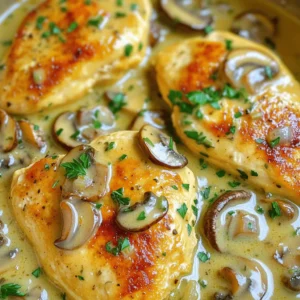 - Chicken breasts: You need 4 boneless, skinless chicken breasts. Choose fresh, high-quality chicken for the best taste. - Mushrooms: Use 2 cups of sliced mushrooms. Button or cremini mushrooms add great flavor. Clean them with a damp cloth before slicing. - Garlic: You will need 4 cloves of garlic. Fresh garlic gives the best taste. Mince it finely for strong flavor. - Cream and broth: One cup of heavy cream and one cup of chicken broth are key. The cream makes the sauce rich, while the broth adds depth. - Olive oil and butter: Use 2 tablespoons of olive oil and 1 tablespoon of butter. Olive oil helps cook the chicken, and butter adds a nice flavor. - Seasoning: You will use 1 teaspoon of dried thyme and 1 teaspoon of fresh parsley. Salt and pepper are also necessary for taste. Thyme adds warmth, and parsley brightens the dish. - Seasoning the chicken: Start by seasoning both sides of each chicken breast with salt and pepper. This step is key. It adds flavor and enhances the dish. - Searing chicken: Heat olive oil in a large skillet over medium-high heat. Once hot, add the chicken breasts. Sear them for about 5-6 minutes on each side. You want a perfect golden color. This browning creates a tasty crust. Remove the chicken and set it aside. - Cooking mushrooms: In the same skillet, melt butter. Add sliced mushrooms. Cook them for about 4-5 minutes. You want them tender. They should release their moisture and become golden. - Adding garlic: Next, add minced garlic to the mushrooms. Sauté for 1-2 minutes. Stir often to prevent burning. This timing ensures the garlic releases its flavor without becoming bitter. - Simmering the broth and cream: Pour in chicken broth and scrape the skillet’s bottom. This step lifts all the tasty bits stuck to the pan. Bring the mixture to a simmer. Then, stir in heavy cream and dried thyme. Let it simmer for 3-4 minutes, which thickens the sauce nicely. - Returning chicken to the skillet: Place the chicken back in the skillet. Spoon creamy sauce over it. Cover the skillet and let it simmer for an additional 5-7 minutes. This ensures the chicken cooks through. Check the internal temperature; it should reach 165°F. - Adjusting flavors: Once cooked, taste the sauce. Adjust the salt and pepper as needed. This final step is crucial for balancing the flavors. - To sear chicken well, start with a hot pan. Heat the olive oil on medium-high. - Place the chicken in the pan without crowding it. Leave space to brown evenly. - Cook for 5-6 minutes per side until golden brown. This gives flavor and texture. - To check if the chicken is done, use a meat thermometer. Aim for 165°F inside. - If you don’t have a thermometer, cut into the thickest part. Ensure the juices run clear. - For a creamier sauce, add more heavy cream. You can also mix in cream cheese. - Consider fresh herbs like basil or dill for new flavors. They add brightness. - For a spicy kick, try adding red pepper flakes. A little goes a long way. - Lemon zest can also boost flavor. It brings a fresh and tangy note. - To plate, slice the chicken for a beautiful look. Arrange it on a warm plate. - Spoon the creamy sauce over the chicken in an artful way. Let it flow naturally. - Use fresh parsley to garnish. Sprinkle it on top for a pop of color. - Consider serving with a side of green veggies. This adds color and balance to your meal. {{image_2}} You can make this dish your own by swapping ingredients. Want to try a different protein? Use turkey instead of chicken. Turkey has a similar texture and taste, so it works well. You can also use tofu for a vegetarian option. Tofu absorbs flavors, making it a great choice. Mushrooms are key to this recipe. You can experiment with various kinds. Shiitake mushrooms add a rich umami flavor. Portobello mushrooms bring a hearty texture. Mixing different mushrooms can create unique tastes. If you need a gluten-free sauce, use cornstarch. Mix it with a bit of cold water before adding it to the broth. This thickens the sauce without gluten. For a vegetarian dish, skip the chicken. Use vegetable broth instead of chicken broth. You can add more mushrooms for protein. This keeps the dish filling and delicious. Want to add depth to the flavor? Consider adding a splash of white wine during cooking. This gives the sauce a nice acidity. You can also include vegetables for extra nutrition. Spinach or peas blend well with the creamy sauce. Adding these will boost the meal’s health benefits while keeping it tasty. To keep your Creamy Garlic Mushroom Chicken fresh, follow these tips: - Refrigeration: Store leftovers in an airtight container. They last up to 3 days. - Freezing: You can freeze the chicken and sauce together. Use freezer-safe containers. They stay good for about 2 months. When it's time to enjoy your leftovers, reheating is key. - Best methods: Use a skillet over low heat. This keeps the creaminess intact. Stir often to ensure even heating. - Avoiding sauce separation: If the sauce starts to separate, add a splash of chicken broth. Stir gently and heat until combined. - How long does Creamy Garlic Mushroom Chicken last in the fridge? This dish lasts about 3 to 4 days in the fridge. Keep it in an airtight container. - Can I make this dish ahead of time? Yes, you can prepare the chicken and sauce ahead. Store them separately for best taste. - What can I serve with Creamy Garlic Mushroom Chicken? Serve it with rice, pasta, or a fresh salad. These sides balance the rich flavors. - How do I know when the chicken is cooked through? Check the internal temperature. It should reach 165°F. The meat will be no longer pink. - Can I use low-fat cream for this recipe? Low-fat cream can work, but it may change the sauce's texture. The sauce might be less rich. - What other sauces can I make for chicken? Try a lemon butter sauce, BBQ sauce, or a creamy pesto sauce. Each offers unique flavors. - Can I use dried mushrooms instead of fresh? Yes, you can use dried mushrooms. Just soak them in warm water first to rehydrate. This recipe for Creamy Garlic Mushroom Chicken brings together simple steps and fresh ingredients. You learned about the key roles of chicken, mushrooms, garlic, and seasonings. Each part of the process matters for great taste. Feel free to personalize it with variations for different diets. Proper storage keeps leftovers tasty for later. Try these tips, and enjoy creating delightful meals! You have the tools to impress family and friends with this dish.