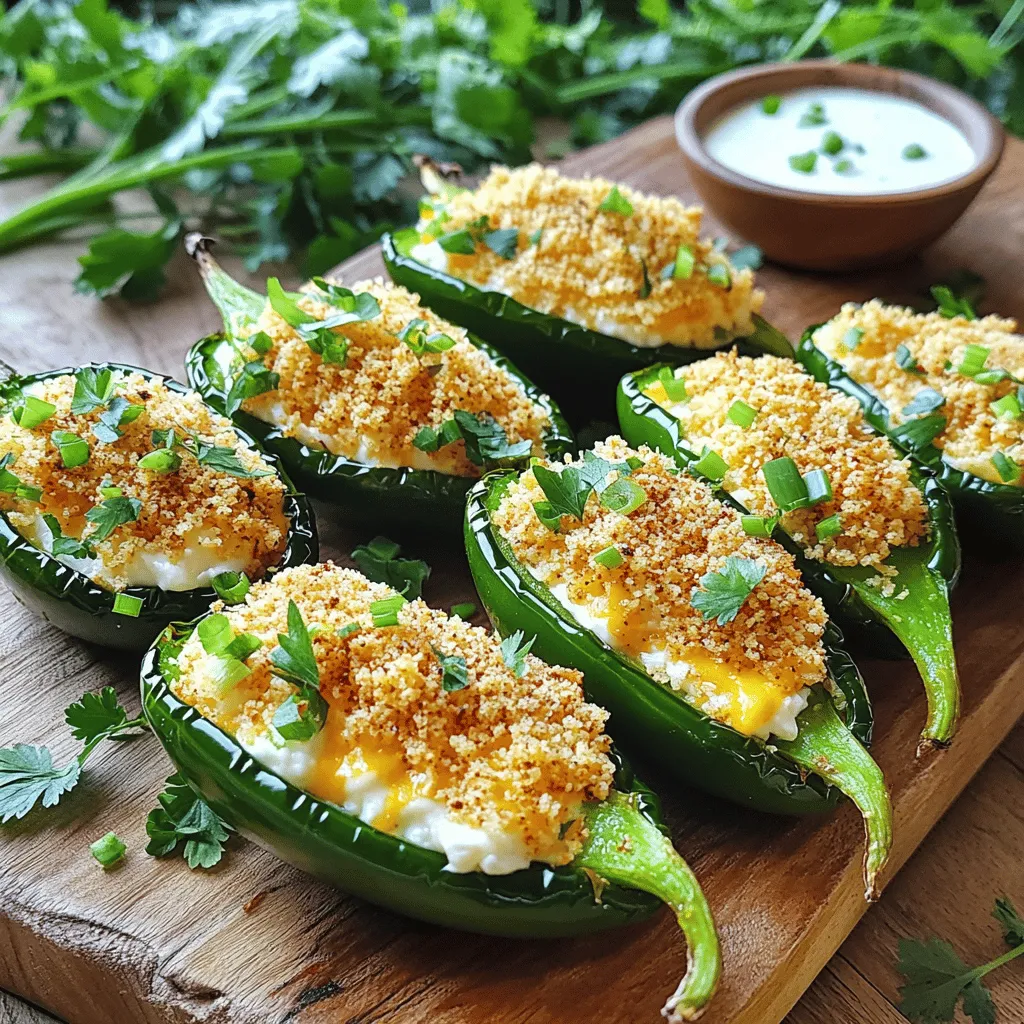 When making air fryer jalapeño poppers, you need fresh and quality ingredients. Here’s what you’ll need: - 12 fresh jalapeño peppers, halved and seeds removed - 8 oz cream cheese, softened - 1 cup shredded sharp cheddar cheese - 1/2 cup cooked and crumbled turkey bacon or plant-based bacon - 1 green onion, finely chopped - 1 teaspoon garlic powder - 1 teaspoon smoked paprika - Salt and black pepper, to taste - 1/2 cup panko breadcrumbs - 1 tablespoon olive oil These ingredients create a creamy, spicy, and crunchy treat. You can adjust the types of cheese or bacon to fit your taste. Using fresh jalapeños gives the best flavor. So, always choose the best you can find. Each ingredient plays a role in flavor and texture. Cream cheese adds creaminess, while cheddar brings sharpness. Bacon adds a savory punch, and spices enhance the overall taste. Don't skimp on the seasonings; they make a big difference! Using panko breadcrumbs gives the poppers a nice crunch after air frying. Olive oil helps them crisp up perfectly. If you want to make a vegetarian version, simply swap turkey bacon for a plant-based option. With these ingredients, you are ready to make jalapeño poppers that will impress your guests. 1. Preheating the air fryer: Start by preheating your air fryer to 375°F (190°C). This ensures even cooking. 2. Mixing the cheese filling: In a large bowl, combine 8 oz of softened cream cheese, 1 cup of shredded sharp cheddar cheese, and 1/2 cup of cooked, crumbled turkey bacon. Add 1 finely chopped green onion, 1 teaspoon of garlic powder, 1 teaspoon of smoked paprika, and salt and black pepper to taste. Mix until everything is blended well. 3. Filling the jalapeños: Take your 12 halved jalapeño peppers and fill each one with the cheese mixture. Press the filling in firmly. This step is key for a great bite. 1. Coating the jalapeños with breadcrumbs: In a small bowl, combine 1/2 cup of panko breadcrumbs with 1 tablespoon of olive oil. Toss them well to coat the breadcrumbs evenly. This will add a crispy texture. 2. Air frying process: Place the stuffed jalapeños in the air fryer basket. Make sure not to overcrowd them. This helps them cook evenly. Air fry for 10-12 minutes. You want them to be golden and crispy on top. 3. Tips for checking doneness: Keep an eye on the jalapeños towards the end of the cooking time. If they look golden brown, they are likely done. Let them cool for a few minutes before serving. This makes them easier to eat. Choosing the right jalapeños Pick fresh jalapeños with smooth skin. They should feel firm and have a vibrant color. Smaller jalapeños often have a better flavor and less heat. If you want more spice, choose larger ones, but start with smaller ones for a milder taste. Soften cream cheese effectively To soften cream cheese, take it out of the fridge an hour before using. If you're in a rush, cut it into small cubes. Place it in a microwave-safe bowl and heat for 10-15 seconds. This makes it easy to mix with other ingredients. Optimal cooking times and temperatures Preheat your air fryer to 375°F (190°C). Cook the poppers for 10-12 minutes. Check them after 10 minutes. You want them golden and crispy on top. Cooking times can vary, so keep an eye on them. Preventing overcrowding in the air fryer Do not overcrowd the basket. Leave space between the poppers. This helps them cook evenly. If needed, cook them in batches. This way, each popper gets that perfect crunch. Plating and presentation ideas Serve your jalapeño poppers on a rustic wooden board or a colorful platter. Add a sprinkle of fresh herbs like cilantro or parsley for a pop of color. This makes your dish look even more inviting and fun. Pairing sauces for dipping Offer a variety of sauces for dipping. Ranch and sour cream are great choices. They cool down the heat. You can also add spicy salsa or guacamole for a fun twist. These pair well with the flavors of the poppers. {{image_2}} You can switch up the cheese for great taste. Try using pepper jack or gouda. These cheeses add a nice kick or a creamy touch. For a vegetarian option, swap the bacon with black beans or corn. This keeps it tasty and plant-based. Want to spice things up? Add a pinch of cayenne or chili powder to the filling. Fresh herbs like cilantro or basil can also brighten the flavor. You can also get creative with fillings. Try adding crumbled feta or diced vegetables for extra texture. Think about portion sizes when serving. Cut the jalapeños into smaller pieces for easy snacking. This makes them perfect for parties. You can even turn the poppers into a stuffed jalapeño appetizer. Just add more filling and serve them on a platter. To keep your air fryer jalapeño poppers fresh, store them in the fridge. Place them in an airtight container. This helps keep them from drying out. They will stay good for about 3 to 5 days. To enjoy your poppers again, use the air fryer or oven. For the air fryer, set it to 375°F (190°C). Heat the poppers for about 5 to 7 minutes. This keeps them crispy and warm. If you use the oven, preheat it to 350°F (175°C). Place the poppers on a baking sheet. Heat them for about 10 to 15 minutes. This method works well too. To keep your poppers crispy, avoid using the microwave. It makes them soggy and less tasty. Instead, stick to the air fryer or oven for the best results. Can I make air fryer jalapeño poppers in advance? Yes, you can prepare the poppers ahead. Fill the jalapeños and store them in the fridge for up to 24 hours. Just air fry them when you're ready. This makes party prep easy and fun. How do I make them spicier or milder? For spicier poppers, leave some seeds in the jalapeños. You can also add hot sauce to the cheese mix. If you want milder poppers, use fewer jalapeños or opt for sweet peppers. Adjust to fit your taste. What should I serve with jalapeño poppers? I love serving them with ranch or sour cream for dipping. You can also add some salsa or guacamole. These dips balance the heat and make the dish even better. Can I freeze jalapeño poppers? Yes, freeze them before cooking. Lay them on a tray to freeze, then transfer to a bag. They can last for about three months. Just cook them from frozen, adding a few extra minutes to the air fryer time. What if the filling leaks out during cooking? Make sure to pack the filling tightly in the jalapeños. Press it down a little as you fill. If it still leaks, try lowering the air fryer temperature slightly. This helps the filling set better. Why are my poppers not crispy? Crispiness comes from the panko breadcrumbs. Make sure to coat them with olive oil. Also, avoid overcrowding the air fryer. This allows hot air to flow freely for that perfect crunch. In this blog post, we explored making tasty air fryer jalapeño poppers. We covered ingredients, step-by-step methods, and helpful tips. You learned how to choose the right jalapeños and cook them perfectly. We also shared variations for different flavors and how to store your leftovers. Remember, cooking is fun! Experiment with fillings and spices to make these poppers your own. Enjoy your delicious creations, and share them with friends for a tasty treat!