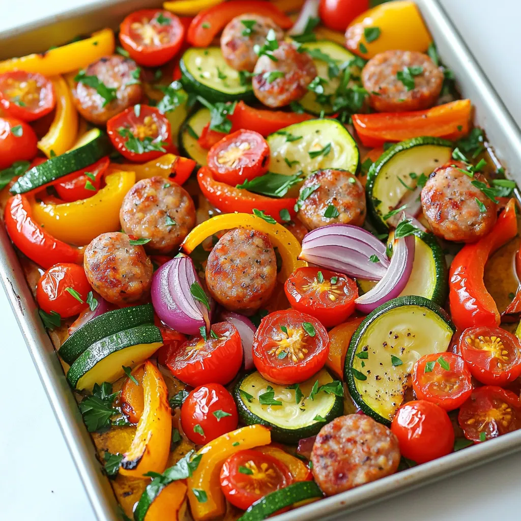 - 1 lb (450g) chicken or turkey sausage, sliced into 1-inch pieces - 1 red bell pepper, chopped - 1 yellow bell pepper, chopped - 1 medium zucchini, sliced - 1 cup cherry tomatoes, halved - 1 red onion, cut into wedges - 3 cloves garlic, minced - 3 tablespoons olive oil - 1 teaspoon dried oregano - 1 teaspoon smoked paprika - Salt and pepper to taste - Fresh parsley for garnish (optional) To get the best results, slice the sausage into 1-inch pieces. This size cooks evenly and is easy to eat. For the veggies, chop the bell peppers into bite-sized pieces. Slice the zucchini thin for a nice texture. Halve the cherry tomatoes for sweetness and cut the onion into wedges for a hearty bite. If you want to swap out any ingredients, keep the amounts similar. For instance, if you choose a different type of sausage like pork or beef, use the same weight. For veggies, you can mix in what you have on hand. Just keep it colorful for a great look! This dish serves four people. Each serving has about 400 calories. It contains protein from the sausage and many vitamins from the veggies. You get fiber from the zucchini and tomatoes, which helps digestion. The olive oil offers healthy fats that are good for your heart. The garlic adds flavor and boosts your immune system. This meal is balanced and keeps you full! - Preheating the oven: Start by preheating your oven to 400°F (200°C). This step ensures your food cooks evenly. - Preparing the sheet pan: Line a large sheet pan with parchment paper. This makes cleanup easy and helps with sticking. - Combining sausage and vegetables in a bowl: In a large mixing bowl, add the sliced sausage, red bell pepper, yellow bell pepper, zucchini, cherry tomatoes, and red onion. This mix gives you color and flavor. - Adding seasonings and oil: Drizzle 3 tablespoons of olive oil over the ingredients. Then add 3 cloves of minced garlic, 1 teaspoon of dried oregano, 1 teaspoon of smoked paprika, and salt and pepper to taste. Toss everything together well. Make sure all the veggies and sausage get coated with the oil and spices. - Spreading on the sheet pan: Once mixed, spread the sausage and veggie mix evenly on the prepared sheet pan. Keep it in a single layer to help everything roast nicely. - Roasting time and temperature: Roast in your preheated oven for 25-30 minutes. Stir halfway through to ensure even cooking. You want the sausage cooked through and the veggies tender with a slight caramelization. - Overcrowding the sheet pan When you pack too much on the pan, the food steams instead of roasts. This can make your veggies soggy and your sausage less crispy. Spread everything out in a single layer for the best results. - Not enough seasoning A dish can taste bland if you skip seasoning. Use salt, pepper, and spices to bring out the flavors. Don’t be shy; toss everything well to ensure even coverage. - Adding herbs and spices Fresh herbs like thyme or rosemary can add depth. You can also mix in spices like cumin or chili powder for a twist. Experiment with flavors to find what you love. - Cooking times for different sausages If you use different types of sausage, check their cook times. Chicken and turkey sausages cook faster than pork. Adjust your roasting time to ensure everything is cooked well. - Garnishing with parsley A sprinkle of fresh parsley brightens the dish. It adds color and a fresh taste. Just chop it finely and scatter it on top right before serving. - Plating suggestions Serve your sausage and veggies on a colorful plate. You can arrange them neatly or mix them for a fun look. Adding a wedge of lemon can also enhance the visual appeal and flavor. {{image_2}} You can easily change the sausage type in this recipe. Try pork or beef sausage for a different taste. If you like spice, go for chorizo. For a lighter option, chicken or turkey sausage works great. The veggies are also flexible. You can add broccoli, carrots, or asparagus. Each of these brings its own flavor and color. Mix and match based on what you have at home or what’s in season. If you want a vegan or vegetarian dish, simply swap the sausage for plant-based options. Look for soy or pea protein sausages in stores. They will give you the same hearty texture without meat. For a gluten-free meal, check the sausage label. Many brands now offer gluten-free options. Pair with fresh veggies, and you have a healthy meal that fits your diet. Want a kick? Add sliced jalapeños to the mix for a spicy twist. These bright peppers will heat things up nicely. For a Mediterranean flair, toss in crumbled feta cheese before serving. It adds creaminess and a salty bite. You can also try adding olives or artichokes for extra flavor. These swaps keep the dish fun and fresh every time you make it. To keep your sheet-pan sausage and veggies fresh, store them in the fridge. Use an airtight container to seal in the flavor. Make sure to cool the dish to room temperature before you store it. This helps prevent moisture buildup, which can lead to sogginess. You can keep leftovers for up to four days in the refrigerator. When you're ready to enjoy leftovers, the best way to reheat them is in the oven. Preheat your oven to 350°F (175°C). Spread the sausage and veggies on a baking sheet. Heat for about 10 to 15 minutes, until they're warm. You can also use a microwave for quick reheating. Just cover the dish to keep it moist. Leftovers stay fresh for four days in the fridge. If you want to save some for later, you can freeze this dish. Let the sausage and veggies cool completely. Then, place them in a freezer-safe container or bag. Label it with the date. You can freeze it for up to three months. When you’re ready to eat, thaw it in the fridge overnight. Reheat as mentioned above to enjoy a quick meal. Cook sausage and veggies for 25 to 30 minutes at 400°F (200°C). Halfway through, stir the mix to ensure even cooking. The sausage should be fully cooked, while the veggies should be tender and slightly caramelized. Check with a fork; they should be soft yet firm. This time gives the best flavor and texture. Yes, you can use frozen vegetables. They are quick and easy. However, there are pros and cons. Frozen veggies cook faster, but they can release extra water. This may make the dish less crispy. Fresh veggies offer a better texture and flavor, but take more prep time. If using frozen, adjust the cooking time and check for doneness. You can serve this dish with many sides. Here are some ideas: - Rice or quinoa: These grains absorb the flavors well. - Bread: A crusty loaf works great for dipping. - Salad: A fresh green salad adds crunch. - Pasta: Toss with olive oil for an easy pairing. Mix and match to find what you enjoy best! This blog post covered making a delicious sheet-pan meal with sausage and veggies. I shared the main ingredients you'll need, along with preparation tips and nutrition facts. I also provided step-by-step instructions, common mistakes to avoid, and ways to customize the dish for different diets. In closing, roasting sausage and vegetables is easy and gives great taste. With these tips, you'll impress everyone at the dinner table. Enjoy experimenting and making this dish your own!