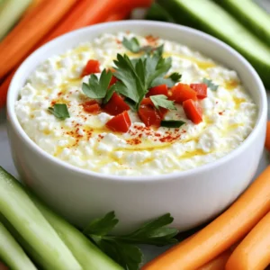 - 1 cup low-fat cottage cheese - 1/2 cup Greek yogurt - 1/4 cup roasted red peppers, finely chopped - 1/4 cup fresh parsley, chopped - 1 tablespoon lemon juice - 1 teaspoon garlic powder - 1 teaspoon onion powder - Salt and pepper to taste - A pinch of smoked paprika - Fresh vegetable sticks (carrot, cucumber, bell pepper) Cottage cheese is a star in this dip. It gives a creamy base while adding protein. Greek yogurt adds tang and creaminess. Roasted red peppers bring a sweet and smoky touch. Fresh parsley brightens the flavor and adds color. For seasoning, lemon juice gives a fresh kick. Garlic powder and onion powder add depth. A pinch of smoked paprika adds a nice smoky flavor. Don&rsquo;t forget salt and pepper to taste; they enhance all the other flavors. I love serving this dip with fresh veggie sticks. Crunchy carrots, cucumbers, and bell peppers work well. They add freshness and make for a healthy snack. You can also use this dip as a spread on whole-grain bread or crackers. Enjoy the flavors and the health benefits! 1. Start by taking a medium mixing bowl. 2. First, combine 1 cup of low-fat cottage cheese and 1/2 cup of Greek yogurt. 3. Mix them well until they are creamy and fully blended. 1. Next, add in 1/4 cup of finely chopped roasted red peppers. 2. Then, throw in 1/4 cup of chopped fresh parsley. 3. Now, season your mix with 1 tablespoon of lemon juice, 1 teaspoon of garlic powder, and 1 teaspoon of onion powder. 4. Don&rsquo;t forget to add salt and pepper to taste, plus a pinch of smoked paprika for that smoky hint. 1. Mix everything thoroughly until your dip is smooth and all the ingredients are well combined. 2. Adjust the seasoning to match your taste. 3. Cover the bowl with plastic wrap or transfer the dip to an airtight container. 4. Place it in the fridge for at least 30 minutes. This helps the flavors blend and become even tastier. To get a nice, creamy dip, always use low-fat cottage cheese. This choice gives a better consistency. If you want it even smoother, try blending the dip in a food processor. This step makes it silky and easy to spread. You can change the taste to suit your liking. Start with the basics and then add more seasoning. If you enjoy heat, sprinkle in some chili powder or cayenne pepper. These spices will give the dip a fun kick that enhances the flavor. If you're planning a party, make this dip ahead of time. It tastes even better after sitting in the fridge for a while. For easy cleanup, use a mixing bowl that you can cover. This way, you can refrigerate the dip right in the bowl. Plus, it cuts down on dishes! {{image_2}} You can spice up your protein cottage cheese dip in fun ways. Try a Mediterranean twist. For this, add chopped olives and feta cheese. The briny olives and creamy feta give it a rich flavor. You can also go for a Southwest style. Mix in black beans and jalape&ntilde;os for a kick. This version adds a nice texture and heat. Both options make your dip exciting and tasty. If you want a dairy-free dip, there are great substitutes. Use silken tofu instead of cottage cheese. Blend it until smooth for a creamy base. For the Greek yogurt, try unsweetened coconut yogurt. It adds a slight sweetness and is creamy too. These options keep the dip rich while being vegan-friendly. Pair your cottage cheese dip with fresh snacks. Raw vegetable sticks work best. Carrots, cucumbers, and bell peppers are great choices. They add crunch and freshness. You could also use this dip in other dishes. Spread it on a wrap or use it as a topping for baked potatoes. The versatility of this dip makes it a favorite! To keep your Protein Cottage Cheese Dip fresh, store it in the fridge. Use an airtight container to prevent any air from getting in. This dip stays good for about 3 to 5 days. Always check for freshness before enjoying. You can freeze this dip if you want to save some for later. Just scoop it into a freezer-safe container. Make sure to leave some space at the top, as it will expand when frozen. When you're ready to eat it, move it to the fridge to thaw overnight. Before eating any leftovers, look for changes in color or smell. If it smells sour or looks off, do not eat it. Always trust your senses. When in doubt, throw it out. This keeps you safe and healthy. To add heat, you can mix in diced jalape&ntilde;os or crushed red pepper flakes. If you like a smoky taste, try adding a bit more smoked paprika. You can also use hot sauce for a kick. Just start with a little, then taste it. Adjust until it&rsquo;s just right for you. Yes, you can use sour cream or even a plant-based yogurt if you prefer. Each option will change the taste slightly. Sour cream will make it rich, while a plant-based yogurt can keep it dairy-free. Experiment to see what you like best. This dip is indeed healthy! It contains low-fat cottage cheese, which is high in protein and calcium. Greek yogurt also adds protein and probiotics. Roasted red peppers give vitamins and antioxidants. Fresh parsley packs in nutrients, too. Overall, it&rsquo;s a tasty way to fuel your body. You can store the dip in the fridge for up to five days. Just keep it in an airtight container. If you want to freeze it, it can last for about three months. To use it again, thaw it in the fridge overnight. Always check for any off smell before eating. This protein cottage cheese dip is easy to make and tasty. We covered the key ingredients, simple steps, and tips to enhance your dip. You can vary flavors and find the best serving ideas too. Remember, creamy texture is key. Whether you&rsquo;re at a party or just snacking, this dip is a winner. Make it your own and enjoy!
