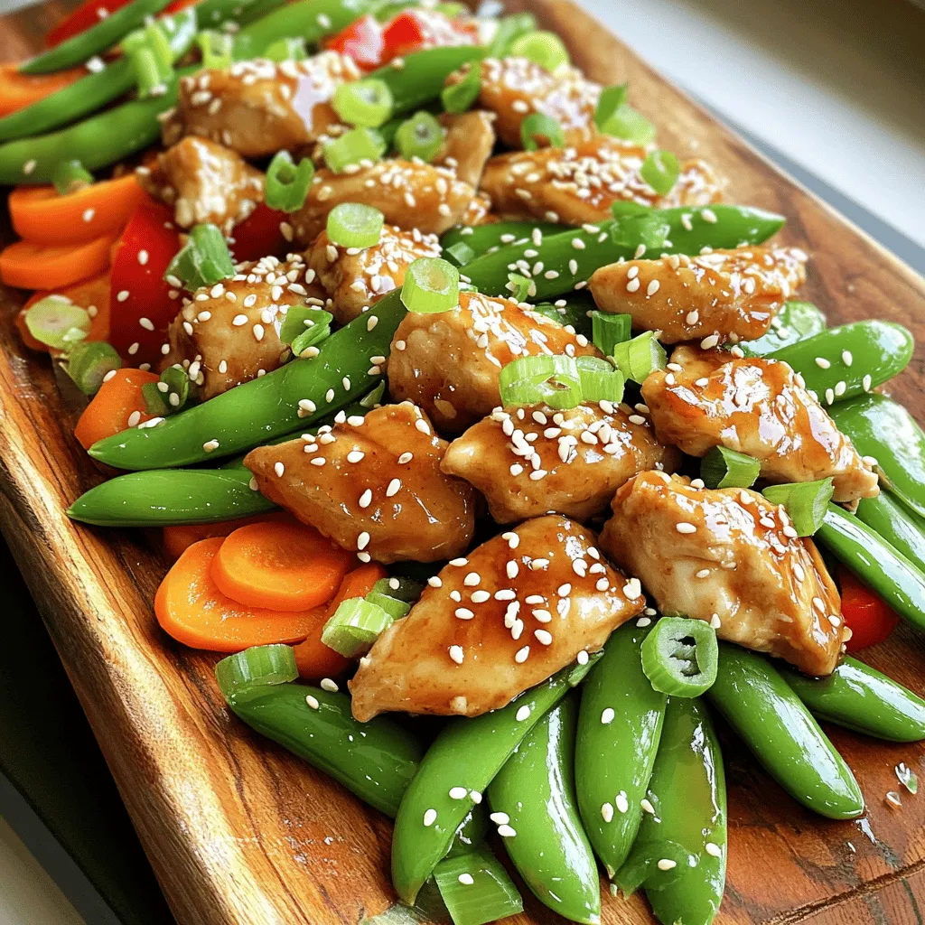 - 1.5 lbs boneless, skinless chicken thighs or breasts, cut into bite-sized pieces - 2 cups snap peas, trimmed - 1 red bell pepper, sliced - 1 cup carrots, thinly sliced - 1/4 cup teriyaki sauce (store-bought or homemade) - 2 tablespoons soy sauce (low sodium) - 1 tablespoon sesame oil - 1 tablespoon fresh ginger, minced - 2 cloves garlic, minced - 1 tablespoon honey (or maple syrup for a vegan option) - 2 teaspoons cornstarch mixed with 2 tablespoons water (optional, for thickening) - Sesame seeds, for garnish - Chopped green onions, for garnish Gather these ingredients before you start cooking. The chicken is the star of the dish. I like to use thighs for juiciness. Snap peas add crispness and color. The red bell pepper and carrots bring sweetness and crunch. The marinade gives all the flavors a boost. You can use store-bought teriyaki sauce or make your own. If you want a thicker sauce, the cornstarch is a great trick. It helps make the sauce cling to the chicken and veggies. Garnishing with sesame seeds and green onions makes the dish look beautiful. Enjoy these tips as you prep for a delicious meal! To start, gather your ingredients and get ready to mix. In a large bowl, combine: - 1/4 cup teriyaki sauce - 2 tablespoons soy sauce - 1 tablespoon sesame oil - 1 tablespoon fresh ginger, minced - 2 cloves garlic, minced - 1 tablespoon honey Stir these together until they blend well. This mixture gives the chicken a sweet and savory flavor. Next, add the chicken pieces. Toss them in the marinade until they are fully coated. If you have extra time, let them marinate for about 15 minutes. This step enhances the flavor but is optional if you’re in a hurry. Now, preheat your oven to 425°F (220°C). Line a large baking sheet with parchment paper. Spread the marinated chicken evenly on the sheet. Bake the chicken for 10 minutes. This initial cooking allows it to start cooking through. While the chicken bakes, prepare your vegetables. In a separate bowl, mix: - 2 cups snap peas, trimmed - 1 red bell pepper, sliced - 1 cup carrots, thinly sliced Add a splash of soy sauce and a drizzle of sesame oil to the veggies. Toss them to coat. After the chicken has baked for 10 minutes, take it out of the oven. Gently stir in the mixed vegetables, spreading them around the chicken. Return the baking sheet to the oven and bake for an additional 12-15 minutes. The chicken should be fully cooked and the vegetables tender-crisp. If you want a thicker sauce, mix 2 teaspoons cornstarch with 2 tablespoons water. Add this mixture to your baking sheet. Stir everything together, then bake for another 2-3 minutes. This will thicken the sauce nicely. When done, remove the baking sheet from the oven. Let it sit for a few minutes before serving. For a beautiful presentation, serve the chicken and vegetables on a large platter. Drizzle any remaining sauce over the top. Finish with sesame seeds and chopped green onions for extra flavor and color. Marinating adds depth to your dish. I recommend marinating the chicken for at least 15 minutes. If you're short on time, even a quick 5-minute soak helps. Use a bowl that fits your chicken nicely for easy mixing. Coat each piece well. This ensures every bite is packed with flavor. For roasting, snap peas, red bell peppers, and carrots work best. They keep their crunch while soaking up flavors. To achieve a tender-crisp texture, toss the veggies in a splash of soy sauce and sesame oil. Spread them evenly on the pan and check them often. You want them vibrant and slightly firm. You can make your own teriyaki sauce at home with simple ingredients. Mix together 1/4 cup soy sauce, 1 tablespoon honey, and 1 teaspoon cornstarch. This gives you a tasty sauce without additives. If you prefer vegan options, swap honey for maple syrup. You can even use low-sodium soy sauce for a lighter flavor. {{image_2}} You can switch up the protein in this dish. Tofu is a great choice for a vegetarian option. It soaks up the teriyaki sauce well. Just press it before cooking to remove extra moisture. If you want to use shrimp, choose large, peeled shrimp. They cook quickly and add a nice flavor. Beef is another option. Use thinly sliced flank steak for a tender bite. You can change the veggies based on the season. Try asparagus in spring or zucchini in summer. Broccoli also works great here. It adds a nice crunch and color. If you want even more crunch, add water chestnuts or bell peppers. They bring a fresh taste and a nice bite to the meal. If you like heat, add chili paste or flakes to the sauce. Just a little can give the dish a nice kick. Start small and adjust to your taste. For those who love spice, consider adding sliced jalapeños. They add a great flavor and heat. You can also serve the dish with sriracha on the side for extra spice. After making your teriyaki chicken, let it cool down a bit. Store it in an airtight container. This helps keep it fresh. It can last in the fridge for about 3 to 4 days. If you want to enjoy it later, keep it sealed well to avoid drying out. If you have leftovers, freezing is a great option. Use freezer-safe bags or containers. Squeeze out air to prevent freezer burn. Your teriyaki chicken will stay good for up to 3 months. When you’re ready to eat, thaw it in the fridge overnight. Reheat it gently in the oven or microwave for best results. For meal prep, store the chicken and veggies separately. This keeps each component fresh and tasty. You can quickly assemble your meal when you’re ready to eat. Just combine the chicken and veggies and heat them up. This method saves time and adds variety to your meals throughout the week. Yes, you can use chicken breasts. They are leaner than thighs. This change affects the texture and flavor. Thighs are juicier and more flavorful. Breasts can dry out if overcooked. Adjust the cooking time if using breasts. They may need less time in the oven. Start with 8 to 10 minutes, then check for doneness. You can serve rice with the chicken. White or brown rice works great. Quinoa is also a nice option. For a low-carb choice, try cauliflower rice. Add a side salad for freshness. A simple cucumber salad pairs well too. These sides make it a complete meal. You get protein, veggies, and grains all in one! To make this dish gluten-free, use gluten-free soy sauce. Look for brands like Tamari or Coconut Aminos. Check labels to ensure they are gluten-free. You can also use coconut sugar instead of honey. Most other ingredients are naturally gluten-free. This way, everyone can enjoy the meal without worry. This blog post walked you through making a tasty sheet pan teriyaki chicken meal. We covered the main and optional ingredients, provided step-by-step instructions, and shared helpful tips and variations. You learned how to marinate, bake, and customize your dish. Remember, proper storage ensures your leftovers stay fresh. Feel free to explore different proteins and veggies to suit your taste. Cooking should be fun and versatile, so enjoy experimenting with this dish!