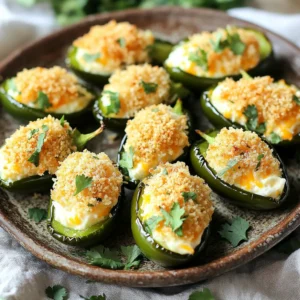 - 8 fresh jalapeños - 1 cup cream cheese - 1/2 cup shredded cheddar cheese - 1/4 cup grated parmesan cheese - 1/2 teaspoon garlic powder - 1/2 teaspoon onion powder - 1/4 teaspoon smoked paprika - Salt and pepper to taste - 1/2 cup breadcrumbs - Cooking spray To make these air fryer jalapeño popper bites, you need fresh ingredients. Start with 8 fresh jalapeños. These will give your dish the right heat and flavor. Use 1 cup of cream cheese. This makes the filling creamy and rich. Add 1/2 cup of shredded cheddar cheese for a sharp taste. A touch of 1/4 cup grated parmesan cheese adds depth to the flavor. Next, you will need spices and seasoning. Use 1/2 teaspoon of garlic powder. This gives the poppers a nice kick. Add 1/2 teaspoon onion powder for sweetness. A 1/4 teaspoon of smoked paprika adds a smoky flavor. Don’t forget salt and pepper to taste. These seasonings bring everything together. For the topping, use 1/2 cup of breadcrumbs. Panko works best for a crunchy texture. Lastly, grab some cooking spray. This helps the poppers crisp up in the air fryer. - First, take 8 fresh jalapeños. Halve them and remove the seeds. This step lowers the heat. - Next, soften 1 cup of cream cheese. Let it sit out for about 30 minutes. This makes mixing easy. - In a bowl, combine the softened cream cheese, 1/2 cup of shredded cheddar cheese, and 1/4 cup of grated parmesan cheese. - Add 1/2 teaspoon of garlic powder, 1/2 teaspoon of onion powder, 1/4 teaspoon of smoked paprika, and some salt and pepper. Mix until smooth. - Take each jalapeño half and fill it with the cheese mixture. Pack it in well for the best flavor. - Sprinkle 1/2 cup of breadcrumbs on top. Lightly press them in so they stick. - Spray the filled jalapeños with cooking spray. This helps them get crispy. - Place them in your air fryer basket in a single layer. Avoid crowding the basket. - Air fry at 375°F for 10-12 minutes. Watch for golden brown breadcrumbs. - Carefully take them out and let them cool for a minute. Enjoy your tasty bites! To ensure even cooking in your air fryer, always preheat it. Preheating helps to get the right crispness. Place your jalapeño popper bites in a single layer. Do not overcrowd the basket, as this can lead to uneven cooking. Depending on your air fryer, cook them for 10-12 minutes. If your air fryer runs hot, check them a bit earlier. You can add extra flavor to the filling with spices. Try adding a pinch of cayenne for heat or some cumin for earthiness. For cheese, mix in some pepper jack for a spicy kick or mozzarella for a milder taste. These simple swaps can change the whole flavor profile. To make sure the filling is creamy, use softened cream cheese. It blends well with the other cheeses. If you want a smooth texture, mix it well until there are no lumps. To avoid soggy breadcrumbs, use panko instead of regular breadcrumbs. Lightly spray the tops with cooking spray to help them crisp up in the air fryer. {{image_2}} You can easily change the base of this recipe. For a lighter option, use low-fat cream cheese. This swap still gives you a creamy texture but cuts some calories. If you want to add some crunch, consider adding bacon bits or crumbled sausage to the filling. You can even mix in some extra jalapeño for more heat! If you need a gluten-free option, swap regular breadcrumbs for gluten-free ones. This small change keeps the crunch without the gluten. For a vegan version, use a plant-based cream cheese and skip the cheese altogether. You can also add nutritional yeast for a cheesy flavor. Garnish your jalapeño popper bites with chopped cilantro or green onions for a fresh look. You can also serve them on a colorful platter to catch the eye. For parties, place a small bowl of ranch or sriracha sauce next to the bites for dipping. This adds flavor and fun for your guests. To keep your popper bites fresh, store them in the fridge. Place them in an airtight container. This helps prevent them from drying out. You can also wrap them in plastic wrap before putting them in a container. They will stay good for up to three days. You can easily reheat your popper bites in the air fryer. Set the air fryer to 350°F (175°C). Heat them for about 5 minutes. This keeps them crispy. You can also use the oven. Preheat it to 350°F (175°C) and bake for 10-12 minutes. Check for warmth and crispiness before serving. You can freeze jalapeño popper bites before or after cooking. If freezing before cooking, make sure to place them on a baking sheet first. Freeze them for about an hour until firm. Then, transfer them to a freezer bag. They can last up to three months. If you freeze them after cooking, let them cool first. Follow the same process of using a freezer bag. To thaw, place them in the fridge overnight. For a quick option, you can reheat them from frozen. Just add a few extra minutes to your reheating time. Air fryer jalapeño popper bites last about 3-5 days in the fridge. Store them in an airtight container. They taste best when fresh, but leftovers can still be yummy. Yes, you can make these poppers ahead. Prepare and fill them, then store in the fridge. Cook them just before serving for the best taste and texture. I love serving these bites with ranch or sriracha sauce. They also pair well with guacamole or a creamy blue cheese dip. Choose your favorite for a fun twist! Using frozen jalapeños is possible, but fresh ones taste better. If you use frozen, thaw and drain them well to avoid soggy poppers. I recommend an air fryer with adjustable temperature settings. Brands like Philips or Ninja offer great options. Choose one that fits your kitchen space and cooking needs! You can create delicious air fryer jalapeño popper bites with fresh ingredients and spices. Start by prepping the jalapeños and making the creamy filling. Next, fill the peppers, add toppings, and air fry them for a tasty snack. Remember to play with different flavors and storage methods to make these bites your own. With a few tips, you can ensure they stay crispy and enjoyable. Enjoy sharing them at your next gathering or as a tasty treat at home!