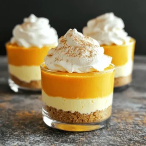 To make these tasty pumpkin cheesecake mousse cups, you will need: - 1 cup canned pumpkin puree - 1 cup cream cheese, softened - 1/2 cup powdered sugar - 1 teaspoon vanilla extract - 1 teaspoon ground cinnamon - 1/2 teaspoon ground nutmeg - 1 cup heavy cream - 1/2 cup graham cracker crumbs - 2 tablespoons unsalted butter, melted These ingredients create a rich and creamy mousse. The pumpkin puree gives a nice fall flavor. The cream cheese adds a smooth texture. Powdered sugar sweetens the mix perfectly. For extra delight, consider these garnishes: - Whipped cream, for topping - Extra ground cinnamon, for garnish These simple toppings add flair to your cups. They also boost the flavor. If you need swaps, here are some ideas: - Use Greek yogurt instead of cream cheese for a lighter option. - Switch out heavy cream for coconut cream if you want a dairy-free choice. - Use maple syrup instead of powdered sugar for a natural sweetener. These swaps can change the taste and texture. They help suit your needs or preferences. To start, you need to make the graham cracker base. In a medium bowl, combine 1/2 cup of graham cracker crumbs and 2 tablespoons of melted butter. Mix them well until the crumbs are evenly coated. This base adds a nice crunch. Set this mixture aside while you work on the filling. Next, grab a separate bowl. Beat 1 cup of softened cream cheese with an electric mixer. Mix until it&rsquo;s smooth and creamy. Now, add 1 cup of canned pumpkin puree, 1/2 cup of powdered sugar, 1 teaspoon of vanilla extract, 1 teaspoon of ground cinnamon, and 1/2 teaspoon of ground nutmeg. Mix again until everything is well combined and smooth. This filling is where the pumpkin flavor shines! Now it&rsquo;s time to put everything together. Take your serving glasses or cups. Start by adding a layer of the graham cracker mixture at the bottom of each cup. Then, spoon or pipe the pumpkin cheesecake mousse on top of the graham cracker layer. Fill each cup generously. This creates a beautiful and tasty dessert. Once assembled, refrigerate the mousse cups for at least 1 hour. This helps them set nicely. Just before serving, add a dollop of whipped cream on top of each cup. Finish with a sprinkle of ground cinnamon for extra flavor. Enjoy these delightful treats with friends or family! To get a light and fluffy mousse, whip the heavy cream until it forms stiff peaks. This step is key for that airy texture. When you mix the whipped cream with the pumpkin filling, fold it in gently. Use a spatula and take your time. If you mix too hard, you might lose the airiness. If you have leftover mousse cups, cover them with plastic wrap. Keep them in the fridge for up to three days. They will still taste great, but the texture may change a bit. For best results, eat them fresh. For a stunning look, use clear cups to show off the layers. Start with the graham cracker base, then add the mousse. Top each cup with a dollop of whipped cream. A sprinkle of ground cinnamon adds a nice touch. You can even add a small pumpkin candy for extra flair! {{image_2}} You can easily boost the flavor of these mousse cups. Try adding melted chocolate for a rich twist. Just mix in about a half cup of melted chocolate with the cream cheese. For a caramel touch, swirl in some caramel sauce before you fold in the whipped cream. Both options make this dessert even more delicious. If you need a gluten-free version, swap the graham crackers for gluten-free crumbs. You can find these at most grocery stores. For a vegan treat, use vegan cream cheese and coconut cream instead of heavy cream. Remember to check that your pumpkin puree is vegan too. These changes can fit many diets while keeping the taste great. You can serve this mousse in many fun ways. For a parfait style, layer the mousse with additional graham cracker crumbs and whipped cream in a tall glass. If you want to turn it into a cake, pour the mousse into a springform pan and freeze it. Once set, you can slice it like a cheesecake. These ideas let you enjoy pumpkin cheesecake mousse in new and exciting ways. To store your pumpkin cheesecake mousse cups, cover them with plastic wrap or a lid. This keeps the air out and preserves the freshness. Place the cups in the fridge if you plan to eat them within a few days. They stay nice and tasty this way. These mousse cups last about 3 to 5 days in the fridge. If you want to keep them longer, you can freeze them. Just be sure to use freezer-safe containers. They can last up to 2 months in the freezer. When ready to eat, move them to the fridge overnight to thaw. I recommend using glass jars or plastic cups with lids. They are great for keeping the mousse fresh. If you use glass, check for tight seals. For plastic containers, make sure they are BPA-free and food-safe. This way, you ensure your dessert stays delicious. Yes, you can make these cups a day in advance. Prepare the mousse, layer it in cups, and chill. This helps the flavors blend. Just add whipped cream before serving for a fresh look. If you want a swap for cream cheese, try mascarpone or Greek yogurt. Both options bring a creamy texture. Mascarpone adds richness, while Greek yogurt offers tanginess. Adjust sugar if needed, as Greek yogurt is less sweet. The mousse cups stay fresh for up to three days in the fridge. Store them in airtight containers to keep them safe. Check for any changes in texture or smell before eating after a few days. Absolutely! You can mix in chocolate, caramel, or even coffee. For a twist, try spices like ginger or allspice. Just remember to balance the extra flavors with the pumpkin and cream cheese base. In this post, we explored how to make delicious Pumpkin Cheesecake Mousse Cups. We covered key ingredients, including main components and optional additions. You learned step-by-step instructions for preparing the base, mixing the filling, and serving. Tips on texture and storage help ensure success. Final thoughts: Enjoy personalizing this dessert with your own twists. The variations make it fun and tasty for any occasion. You can impress family and friends while indulging in a delightful treat.