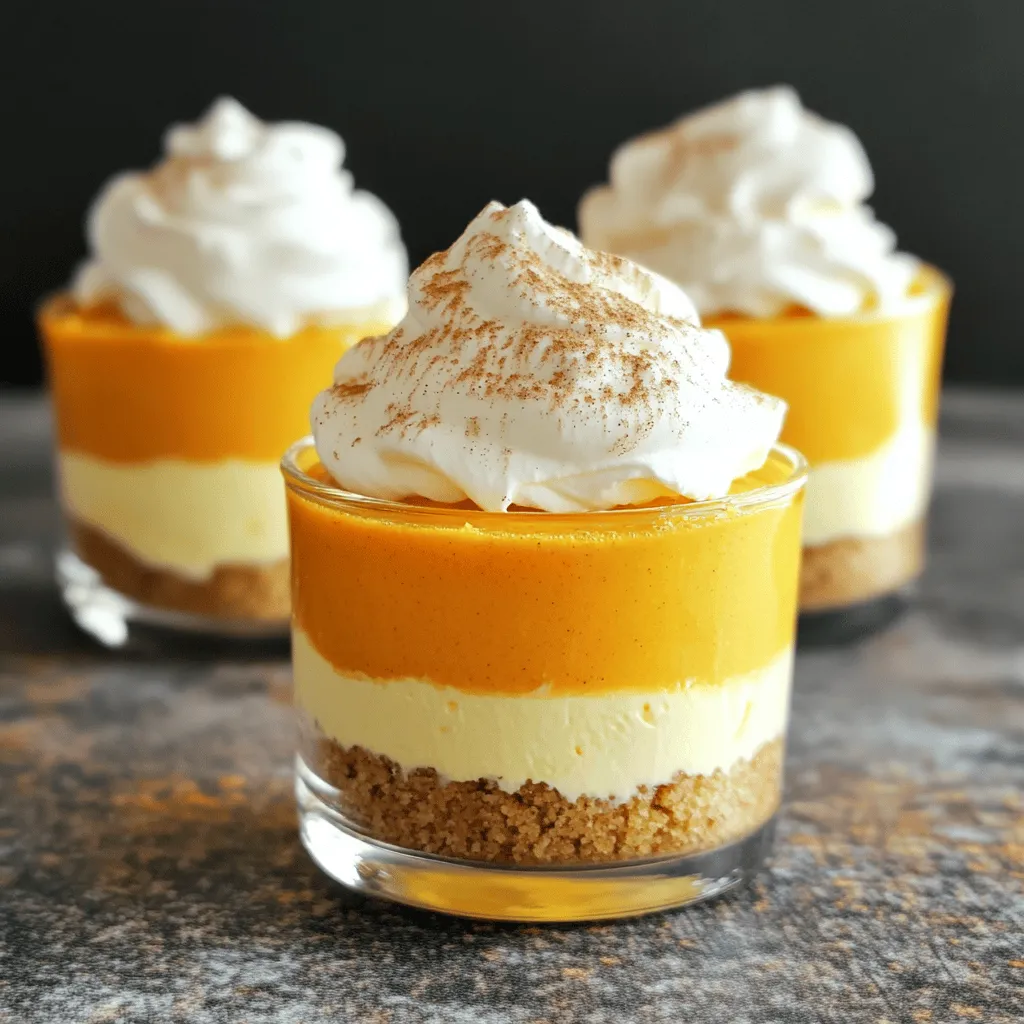 To make these tasty pumpkin cheesecake mousse cups, you will need: - 1 cup canned pumpkin puree - 1 cup cream cheese, softened - 1/2 cup powdered sugar - 1 teaspoon vanilla extract - 1 teaspoon ground cinnamon - 1/2 teaspoon ground nutmeg - 1 cup heavy cream - 1/2 cup graham cracker crumbs - 2 tablespoons unsalted butter, melted These ingredients create a rich and creamy mousse. The pumpkin puree gives a nice fall flavor. The cream cheese adds a smooth texture. Powdered sugar sweetens the mix perfectly. For extra delight, consider these garnishes: - Whipped cream, for topping - Extra ground cinnamon, for garnish These simple toppings add flair to your cups. They also boost the flavor. If you need swaps, here are some ideas: - Use Greek yogurt instead of cream cheese for a lighter option. - Switch out heavy cream for coconut cream if you want a dairy-free choice. - Use maple syrup instead of powdered sugar for a natural sweetener. These swaps can change the taste and texture. They help suit your needs or preferences. To start, you need to make the graham cracker base. In a medium bowl, combine 1/2 cup of graham cracker crumbs and 2 tablespoons of melted butter. Mix them well until the crumbs are evenly coated. This base adds a nice crunch. Set this mixture aside while you work on the filling. Next, grab a separate bowl. Beat 1 cup of softened cream cheese with an electric mixer. Mix until it’s smooth and creamy. Now, add 1 cup of canned pumpkin puree, 1/2 cup of powdered sugar, 1 teaspoon of vanilla extract, 1 teaspoon of ground cinnamon, and 1/2 teaspoon of ground nutmeg. Mix again until everything is well combined and smooth. This filling is where the pumpkin flavor shines! Now it’s time to put everything together. Take your serving glasses or cups. Start by adding a layer of the graham cracker mixture at the bottom of each cup. Then, spoon or pipe the pumpkin cheesecake mousse on top of the graham cracker layer. Fill each cup generously. This creates a beautiful and tasty dessert. Once assembled, refrigerate the mousse cups for at least 1 hour. This helps them set nicely. Just before serving, add a dollop of whipped cream on top of each cup. Finish with a sprinkle of ground cinnamon for extra flavor. Enjoy these delightful treats with friends or family! To get a light and fluffy mousse, whip the heavy cream until it forms stiff peaks. This step is key for that airy texture. When you mix the whipped cream with the pumpkin filling, fold it in gently. Use a spatula and take your time. If you mix too hard, you might lose the airiness. If you have leftover mousse cups, cover them with plastic wrap. Keep them in the fridge for up to three days. They will still taste great, but the texture may change a bit. For best results, eat them fresh. For a stunning look, use clear cups to show off the layers. Start with the graham cracker base, then add the mousse. Top each cup with a dollop of whipped cream. A sprinkle of ground cinnamon adds a nice touch. You can even add a small pumpkin candy for extra flair! {{image_2}} You can easily boost the flavor of these mousse cups. Try adding melted chocolate for a rich twist. Just mix in about a half cup of melted chocolate with the cream cheese. For a caramel touch, swirl in some caramel sauce before you fold in the whipped cream. Both options make this dessert even more delicious. If you need a gluten-free version, swap the graham crackers for gluten-free crumbs. You can find these at most grocery stores. For a vegan treat, use vegan cream cheese and coconut cream instead of heavy cream. Remember to check that your pumpkin puree is vegan too. These changes can fit many diets while keeping the taste great. You can serve this mousse in many fun ways. For a parfait style, layer the mousse with additional graham cracker crumbs and whipped cream in a tall glass. If you want to turn it into a cake, pour the mousse into a springform pan and freeze it. Once set, you can slice it like a cheesecake. These ideas let you enjoy pumpkin cheesecake mousse in new and exciting ways. To store your pumpkin cheesecake mousse cups, cover them with plastic wrap or a lid. This keeps the air out and preserves the freshness. Place the cups in the fridge if you plan to eat them within a few days. They stay nice and tasty this way. These mousse cups last about 3 to 5 days in the fridge. If you want to keep them longer, you can freeze them. Just be sure to use freezer-safe containers. They can last up to 2 months in the freezer. When ready to eat, move them to the fridge overnight to thaw. I recommend using glass jars or plastic cups with lids. They are great for keeping the mousse fresh. If you use glass, check for tight seals. For plastic containers, make sure they are BPA-free and food-safe. This way, you ensure your dessert stays delicious. Yes, you can make these cups a day in advance. Prepare the mousse, layer it in cups, and chill. This helps the flavors blend. Just add whipped cream before serving for a fresh look. If you want a swap for cream cheese, try mascarpone or Greek yogurt. Both options bring a creamy texture. Mascarpone adds richness, while Greek yogurt offers tanginess. Adjust sugar if needed, as Greek yogurt is less sweet. The mousse cups stay fresh for up to three days in the fridge. Store them in airtight containers to keep them safe. Check for any changes in texture or smell before eating after a few days. Absolutely! You can mix in chocolate, caramel, or even coffee. For a twist, try spices like ginger or allspice. Just remember to balance the extra flavors with the pumpkin and cream cheese base. In this post, we explored how to make delicious Pumpkin Cheesecake Mousse Cups. We covered key ingredients, including main components and optional additions. You learned step-by-step instructions for preparing the base, mixing the filling, and serving. Tips on texture and storage help ensure success. Final thoughts: Enjoy personalizing this dessert with your own twists. The variations make it fun and tasty for any occasion. You can impress family and friends while indulging in a delightful treat.