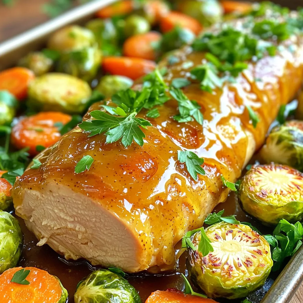 - 1 lb turkey tenderloin - 1/4 cup honey - 1/4 cup Dijon mustard - 2 tablespoons olive oil - 1 tablespoon apple cider vinegar - 1 teaspoon garlic powder - 1 teaspoon onion powder - Salt and black pepper, to taste - 1 cup baby carrots - 1 cup Brussels sprouts, halved - Fresh parsley, for garnish For this dish, we need fresh and simple ingredients. The turkey tenderloin is the star. It's lean, tender, and full of flavor. The marinade blends sweet and tangy. Honey and Dijon mustard create a lovely balance that complements the turkey. The olive oil adds richness, while the apple cider vinegar gives a nice zing. Garlic and onion powders bring depth to the taste. Don't forget salt and pepper to make everything pop! For sides, I choose baby carrots and Brussels sprouts. They roast well and add color to the plate. The fresh parsley is not just for looks; it adds freshness. Each ingredient plays a role in making this meal tasty and fun. You can mix and match sides to fit your taste. Enjoy the process of gathering these items! - Preheat the oven to 400°F (200°C). - Line a baking sheet with parchment paper. - In a bowl, mix together: - 1/4 cup honey - 1/4 cup Dijon mustard - 2 tablespoons olive oil - 1 tablespoon apple cider vinegar - 1 teaspoon garlic powder - 1 teaspoon onion powder - Salt and pepper to taste. - Whisk until everything is well blended. - Place the turkey tenderloin on the baking sheet. - Pour half of the honey mustard glaze over the turkey. - Make sure to coat it evenly. - In a bowl, add 1 cup baby carrots and 1 cup halved Brussels sprouts. - Drizzle with olive oil, salt, and pepper, then toss well. - Arrange the veggies around the turkey on the baking sheet. - Drizzle the rest of the honey mustard glaze over the vegetables. - Roast in the oven for 25-30 minutes. - Use a meat thermometer to check for an internal temperature of 165°F (74°C). - When done, let the turkey rest for about 5 minutes before slicing. - Try using different seasonings like smoked paprika or cumin. - Fresh herbs like thyme or rosemary add great taste. You can mix and match flavors to find what you love. For example, adding a pinch of cayenne pepper gives heat. If you want a sweeter touch, a bit of brown sugar works well too. The key is to taste as you go. - Let the turkey rest for five minutes after cooking. - Cook the turkey to an internal temperature of 165°F (74°C). Resting is vital because it allows juices to settle. If you skip this step, the turkey can dry out. Use a meat thermometer to check the temperature. It ensures you cook the turkey just right. - Garnish with fresh parsley for color and flavor. - Serve with sides like mashed potatoes or green salad. A nice garnish makes your dish pop. Place parsley on top right before serving. For sides, consider roasted potatoes or steamed broccoli. They balance the meal well and add nutrition. {{image_2}} You can swap turkey tenderloin for chicken or pork. Both options taste great with honey mustard. If you use chicken, choose chicken breasts or thighs. For pork, pork tenderloin works well. Adjust cooking times based on the meat you choose. Chicken usually cooks faster, needing about 20-25 minutes. Pork may take 30-35 minutes. Always check the internal temperature. Chicken should reach 165°F (74°C), while pork is best at 145°F (63°C). Feel free to mix in other vegetables. Broccoli, sweet potatoes, or zucchini make excellent choices. Just cut them to similar sizes for even cooking. Seasonal vegetables are also a fun option. In summer, add bell peppers or cherry tomatoes. In winter, consider root veggies like parsnips or turnips. Each change brings a new taste and color to the dish. You can easily change the marinade for a twist. Try using whole grain mustard for a robust taste. Honey can be swapped for maple syrup or agave for a different sweetness. Want some heat? Add red pepper flakes or cayenne pepper. These spices can make the dish more exciting. You can also add herbs like thyme or rosemary for extra flavor. This keeps the recipe fresh and fun each time you cook it. To keep your turkey tenderloin fresh, store it in the fridge. Place it in an airtight container. Make sure to cover it well. This keeps moisture in and prevents drying. The turkey can last up to three days in the fridge. For cooked vegetables, use a separate container. Store them alongside the turkey or in their own. They stay fresh for about three days as well. Avoid stacking them too high. This helps them stay crisp and not become mushy. When reheating turkey, use the oven or microwave. The oven keeps it juicy. Preheat it to 325°F (160°C). Place the turkey in a dish and cover it with foil. Heat until it reaches 165°F (74°C). This ensures safety and flavor. If using a microwave, slice the turkey first. Place it on a plate and cover with a damp paper towel. Heat in short bursts of 30 seconds. Check often to keep it moist. You can freeze cooked turkey and vegetables for later. First, let them cool completely. Then, place the turkey in a freezer bag. Remove as much air as possible. This helps prevent freezer burn. For vegetables, use a freezer-safe container. They should not be stored for more than three months. Label everything with the date. This way, you know when to use them for the best taste. To keep turkey moist, marinate it. Use a mix of honey, Dijon mustard, olive oil, and apple cider vinegar. Let it soak for at least 30 minutes. This adds flavor and moisture. Cook at 400°F (200°C) until it reaches 165°F (74°C). Rest the turkey for 5 minutes after cooking. This helps the juices settle back in. Cook turkey tenderloin for 25 to 30 minutes at 400°F (200°C). Use a meat thermometer to check the internal temperature. It should reach 165°F (74°C). Cooking time may vary slightly based on the size of the tenderloin. Always ensure it is fully cooked for safety. Yes, you can prepare this dish ahead of time. Marinate the turkey and chop the vegetables a day before. Store them in the fridge until you are ready to cook. This saves time and allows flavors to blend. Just remember to let them sit at room temperature for about 15 minutes before cooking. Pair this turkey with sides like mashed potatoes or rice. Roasted vegetables, like green beans or asparagus, add color and health. A fresh salad can also lighten the meal. For a sweet touch, serve with a fruit salad. These sides complement the honey mustard flavor nicely. This blog post covered all you need for a delicious honey mustard turkey tenderloin. We explored necessary ingredients, step-by-step cooking instructions, and helpful tips. I shared variations for proteins and vegetables to keep your meals fun and exciting. Remember to store leftovers properly and follow reheating tips for the best meal experience. With these insights, your cooking will be both tasty and easy. Enjoy creating meals that impress!