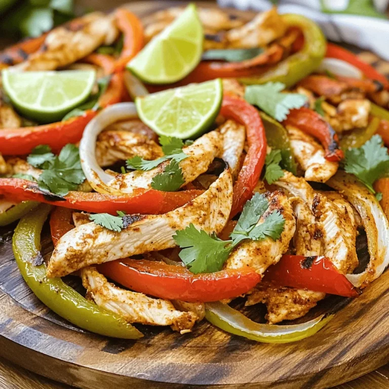 For this dish, you need fresh and quality ingredients. Here’s what you'll need: - 1 lb chicken breast, sliced into thin strips - 1 red bell pepper, sliced - 1 green bell pepper, sliced - 1 medium onion, sliced These ingredients bring bright colors and great flavors. The chicken gives protein, while the peppers and onion add crunch and sweetness. The right spices can transform your meal. Here’s a simple list of what you need: - 3 tablespoons olive oil - 2 tablespoons chipotle powder - 1 teaspoon cumin - 1 teaspoon garlic powder - 1 teaspoon onion powder - 1 teaspoon smoked paprika - Salt and pepper to taste These spices offer a smoky and spicy kick. Chipotle powder makes the dish exciting, while cumin adds warmth. To enjoy your fajitas, you’ll need some extras. Here’s what to have on hand: - 8 small flour tortillas - Fresh cilantro, chopped (for garnish) - Lime wedges (for serving) The tortillas wrap all the goodness. Fresh cilantro adds a burst of freshness, while lime juice brightens every bite. First, you need to get ready. Gather your ingredients. You will need: - 1 lb chicken breast, sliced into thin strips - 1 red bell pepper, sliced - 1 green bell pepper, sliced - 1 medium onion, sliced - 3 tablespoons olive oil - 2 tablespoons chipotle powder - 1 teaspoon cumin - 1 teaspoon garlic powder - 1 teaspoon onion powder - 1 teaspoon smoked paprika - Salt and pepper to taste - 8 small flour tortillas - Fresh cilantro, chopped (for garnish) - Lime wedges (for serving) Next, preheat your oven to 400°F (200°C). This step helps the chicken cook well. Now, take a large bowl. Add the sliced chicken, red bell pepper, green bell pepper, and onion. This mix brings color and flavor. In another small bowl, whisk together the olive oil, chipotle powder, cumin, garlic powder, onion powder, smoked paprika, salt, and pepper. This blend adds a spicy kick. Pour the spice mix over the chicken and vegetables. Toss everything until it’s all coated nicely. This gives your fajitas a rich flavor. Spread the chicken and veggies evenly on a large baking sheet. Make sure not to crowd them. This helps them roast nicely. Place the baking sheet in the preheated oven. Bake for 20 to 25 minutes. Stir halfway to ensure even cooking. The chicken should be cooked through, and the veggies tender. While the fajitas are baking, warm the flour tortillas. You can do this on a skillet or in the oven for a few minutes. Warm tortillas are soft and tasty. Once the baking time is up, take the sheet out of the oven. Let it cool slightly before serving. To serve, take a tortilla and add a generous portion of the chicken and veggie mix. Top it with fresh cilantro and a squeeze of lime juice. This adds brightness to each bite. For a vibrant presentation, arrange the fajitas on a platter. Add lime wedges and a sprinkle of cilantro. You can also serve salsa or guacamole on the side. Enjoy this flavorful feast with family and friends! To make the best fajitas, start with fresh ingredients. Use good-quality chicken breast. Slice it into thin strips for even cooking. Bell peppers add color and crunch. Use both red and green for a vibrant look. Slice them thin, just like the chicken. This helps everything cook at the same time. The spice blend makes a big difference. Measure each spice carefully. Chipotle powder gives heat and flavor. Cumin adds a warm, earthy taste. Garlic and onion powders boost the overall flavor. Smoked paprika adds a nice smokiness. Mix the spices well with the olive oil before pouring it over the chicken and veggies. This ensures every bite is tasty. One common mistake is overcrowding the pan. If you pile too much food on a sheet, it won't roast well. Instead, spread everything out in a single layer. This allows the chicken and veggies to brown nicely. Keep an eye on the cooking time. Overcooking can make the chicken dry. Aim for a tender and juicy finish. Another mistake is not tossing the chicken and veggies halfway through. Stirring helps them cook evenly. This way, you avoid burnt spots and ensure everything cooks just right. Want to take your fajitas to the next level? Try adding fresh lime juice. Squeeze some over the cooked fajitas for a zesty kick. Fresh cilantro also brightens the dish. It adds a fresh taste that complements the spices. Consider serving the fajitas with salsa or guacamole. These add more flavor and texture. You can also try different toppings like sour cream or cheese. Each will give a unique twist to your meal. Enjoy customizing and making the dish your own! {{image_2}} You can change up the protein in your fajitas. Instead of chicken, try beef or shrimp. Thinly slice beef sirloin or use large shrimp. Both cook quickly and soak up the spices well. You can even use turkey for a leaner option. Each protein brings its own taste, so feel free to experiment. For a vegetarian or vegan twist, skip the meat. Use a mix of hearty vegetables like mushrooms, zucchini, and eggplant. Firm tofu or tempeh works great too. Marinate and bake them just like the chicken. This option is colorful and full of flavor. Top it with fresh cilantro and lime for a bright finish. You can adjust the spice mix based on your taste. If you like more heat, add cayenne pepper or chili flakes. For a milder flavor, reduce the chipotle powder. You can also try taco seasoning or a mix of herbs like oregano and thyme. This way, your fajitas can match any mood or meal. Enjoy the process of finding your perfect blend! You can store leftover fajitas in the fridge. Place them in an airtight container. They stay fresh for up to three days. It’s best to keep chicken and veggies together. This helps maintain flavor and texture. If you want to store them longer, freezing is a great option. Allow the fajitas to cool completely. Next, transfer them into freezer-safe bags or containers. Squeeze out as much air as you can. They can last up to three months in the freezer. To reheat, first, thaw the fajitas overnight in the fridge. You can use an oven or a skillet. For the oven, preheat it to 350°F (175°C). Bake the fajitas for about 15 minutes. This keeps them juicy. If using a skillet, just warm them over medium heat. Add a splash of water to keep them moist. Enjoy your flavorful feast! Yes, you can prepare the chicken and vegetables a day in advance. Just slice the chicken and veggies, and mix them with the spices. Store them in the fridge in an airtight container. When you’re ready, just bake them. This saves time and makes dinner easy. You can pair these fajitas with many tasty sides. Consider serving them with: - Rice or quinoa - Refried beans or black beans - Salsa or guacamole - A fresh salad These sides add different flavors and textures to your meal. To keep leftovers fresh, let the fajitas cool down first. Place them in an airtight container. You can store them in the fridge for up to three days. For longer storage, freeze them in a freezer-safe bag. Just remember to label the bag with the date. When reheating, make sure they are hot all the way through. Understanding how to make delicious Chipotle Chicken Fajitas can elevate your cooking skills. We discussed key ingredients like chicken, veggies, and spices. I shared step-by-step instructions for prep, cooking, and serving. I covered tips for perfecting your fajitas and avoiding common mistakes. There are various tasty options to customize your dish, including vegetarian choices. Finally, I provided helpful storage and reheating tips. Use this knowledge to create flavorful meals. Enjoy experimenting and make fajitas your own!
