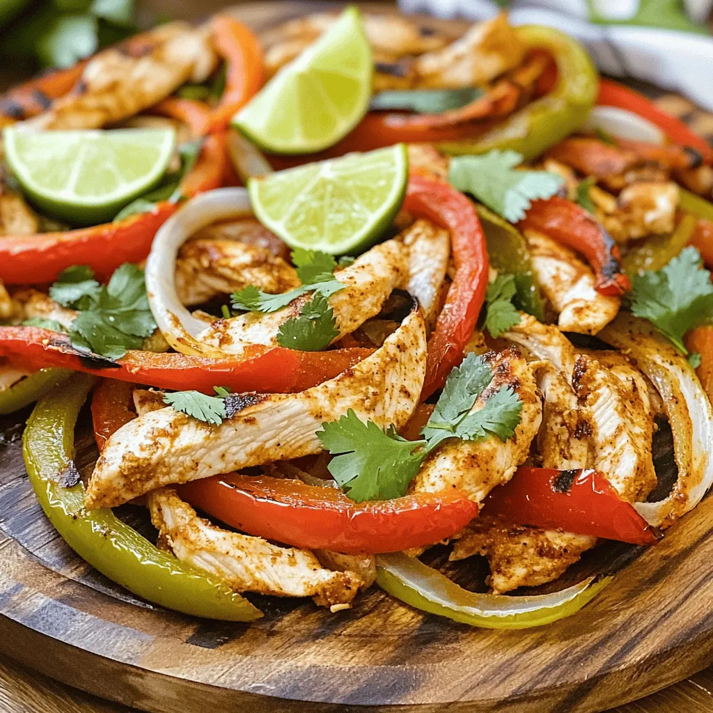 For this dish, you need fresh and quality ingredients. Here’s what you'll need: - 1 lb chicken breast, sliced into thin strips - 1 red bell pepper, sliced - 1 green bell pepper, sliced - 1 medium onion, sliced These ingredients bring bright colors and great flavors. The chicken gives protein, while the peppers and onion add crunch and sweetness. The right spices can transform your meal. Here’s a simple list of what you need: - 3 tablespoons olive oil - 2 tablespoons chipotle powder - 1 teaspoon cumin - 1 teaspoon garlic powder - 1 teaspoon onion powder - 1 teaspoon smoked paprika - Salt and pepper to taste These spices offer a smoky and spicy kick. Chipotle powder makes the dish exciting, while cumin adds warmth. To enjoy your fajitas, you’ll need some extras. Here’s what to have on hand: - 8 small flour tortillas - Fresh cilantro, chopped (for garnish) - Lime wedges (for serving) The tortillas wrap all the goodness. Fresh cilantro adds a burst of freshness, while lime juice brightens every bite. First, you need to get ready. Gather your ingredients. You will need: - 1 lb chicken breast, sliced into thin strips - 1 red bell pepper, sliced - 1 green bell pepper, sliced - 1 medium onion, sliced - 3 tablespoons olive oil - 2 tablespoons chipotle powder - 1 teaspoon cumin - 1 teaspoon garlic powder - 1 teaspoon onion powder - 1 teaspoon smoked paprika - Salt and pepper to taste - 8 small flour tortillas - Fresh cilantro, chopped (for garnish) - Lime wedges (for serving) Next, preheat your oven to 400°F (200°C). This step helps the chicken cook well. Now, take a large bowl. Add the sliced chicken, red bell pepper, green bell pepper, and onion. This mix brings color and flavor. In another small bowl, whisk together the olive oil, chipotle powder, cumin, garlic powder, onion powder, smoked paprika, salt, and pepper. This blend adds a spicy kick. Pour the spice mix over the chicken and vegetables. Toss everything until it’s all coated nicely. This gives your fajitas a rich flavor. Spread the chicken and veggies evenly on a large baking sheet. Make sure not to crowd them. This helps them roast nicely. Place the baking sheet in the preheated oven. Bake for 20 to 25 minutes. Stir halfway to ensure even cooking. The chicken should be cooked through, and the veggies tender. While the fajitas are baking, warm the flour tortillas. You can do this on a skillet or in the oven for a few minutes. Warm tortillas are soft and tasty. Once the baking time is up, take the sheet out of the oven. Let it cool slightly before serving. To serve, take a tortilla and add a generous portion of the chicken and veggie mix. Top it with fresh cilantro and a squeeze of lime juice. This adds brightness to each bite. For a vibrant presentation, arrange the fajitas on a platter. Add lime wedges and a sprinkle of cilantro. You can also serve salsa or guacamole on the side. Enjoy this flavorful feast with family and friends! To make the best fajitas, start with fresh ingredients. Use good-quality chicken breast. Slice it into thin strips for even cooking. Bell peppers add color and crunch. Use both red and green for a vibrant look. Slice them thin, just like the chicken. This helps everything cook at the same time. The spice blend makes a big difference. Measure each spice carefully. Chipotle powder gives heat and flavor. Cumin adds a warm, earthy taste. Garlic and onion powders boost the overall flavor. Smoked paprika adds a nice smokiness. Mix the spices well with the olive oil before pouring it over the chicken and veggies. This ensures every bite is tasty. One common mistake is overcrowding the pan. If you pile too much food on a sheet, it won't roast well. Instead, spread everything out in a single layer. This allows the chicken and veggies to brown nicely. Keep an eye on the cooking time. Overcooking can make the chicken dry. Aim for a tender and juicy finish. Another mistake is not tossing the chicken and veggies halfway through. Stirring helps them cook evenly. This way, you avoid burnt spots and ensure everything cooks just right. Want to take your fajitas to the next level? Try adding fresh lime juice. Squeeze some over the cooked fajitas for a zesty kick. Fresh cilantro also brightens the dish. It adds a fresh taste that complements the spices. Consider serving the fajitas with salsa or guacamole. These add more flavor and texture. You can also try different toppings like sour cream or cheese. Each will give a unique twist to your meal. Enjoy customizing and making the dish your own! {{image_2}} You can change up the protein in your fajitas. Instead of chicken, try beef or shrimp. Thinly slice beef sirloin or use large shrimp. Both cook quickly and soak up the spices well. You can even use turkey for a leaner option. Each protein brings its own taste, so feel free to experiment. For a vegetarian or vegan twist, skip the meat. Use a mix of hearty vegetables like mushrooms, zucchini, and eggplant. Firm tofu or tempeh works great too. Marinate and bake them just like the chicken. This option is colorful and full of flavor. Top it with fresh cilantro and lime for a bright finish. You can adjust the spice mix based on your taste. If you like more heat, add cayenne pepper or chili flakes. For a milder flavor, reduce the chipotle powder. You can also try taco seasoning or a mix of herbs like oregano and thyme. This way, your fajitas can match any mood or meal. Enjoy the process of finding your perfect blend! You can store leftover fajitas in the fridge. Place them in an airtight container. They stay fresh for up to three days. It’s best to keep chicken and veggies together. This helps maintain flavor and texture. If you want to store them longer, freezing is a great option. Allow the fajitas to cool completely. Next, transfer them into freezer-safe bags or containers. Squeeze out as much air as you can. They can last up to three months in the freezer. To reheat, first, thaw the fajitas overnight in the fridge. You can use an oven or a skillet. For the oven, preheat it to 350°F (175°C). Bake the fajitas for about 15 minutes. This keeps them juicy. If using a skillet, just warm them over medium heat. Add a splash of water to keep them moist. Enjoy your flavorful feast! Yes, you can prepare the chicken and vegetables a day in advance. Just slice the chicken and veggies, and mix them with the spices. Store them in the fridge in an airtight container. When you’re ready, just bake them. This saves time and makes dinner easy. You can pair these fajitas with many tasty sides. Consider serving them with: - Rice or quinoa - Refried beans or black beans - Salsa or guacamole - A fresh salad These sides add different flavors and textures to your meal. To keep leftovers fresh, let the fajitas cool down first. Place them in an airtight container. You can store them in the fridge for up to three days. For longer storage, freeze them in a freezer-safe bag. Just remember to label the bag with the date. When reheating, make sure they are hot all the way through. Understanding how to make delicious Chipotle Chicken Fajitas can elevate your cooking skills. We discussed key ingredients like chicken, veggies, and spices. I shared step-by-step instructions for prep, cooking, and serving. I covered tips for perfecting your fajitas and avoiding common mistakes. There are various tasty options to customize your dish, including vegetarian choices. Finally, I provided helpful storage and reheating tips. Use this knowledge to create flavorful meals. Enjoy experimenting and make fajitas your own!