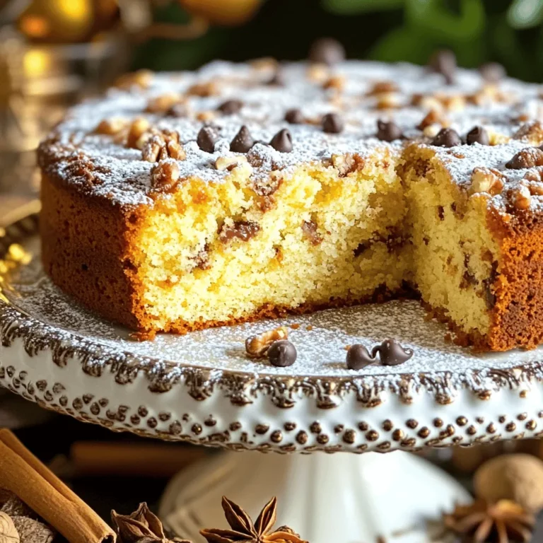 To make a tasty chai latte coffee cake, you need these main items: - 2 cups all-purpose flour - 1 ½ teaspoons baking powder - 1 teaspoon baking soda - ½ teaspoon salt - 1 teaspoon ground cinnamon - ½ teaspoon ground ginger - ½ teaspoon ground cardamom - ¼ teaspoon ground cloves - ½ cup unsalted butter, softened - 1 cup granulated sugar - 2 large eggs - 1 teaspoon vanilla extract - 1 cup brewed chai tea (cooled) - ½ cup sour cream - ½ cup chopped nuts (walnuts or pecans) - ½ cup mini chocolate chips (optional) These ingredients create a rich flavor that blends spices with sweetness. You can swap some ingredients based on what you have: - Use whole wheat flour for a heartier cake. - Replace butter with coconut oil for a dairy-free option. - Use almond milk instead of sour cream for a lighter touch. - Maple syrup can replace granulated sugar for a natural sweetener. These swaps can change the taste but still keep the cake yummy. You can make your cake even better with these add-ins: - Add ½ cup of dried fruits like raisins or cranberries. - Try ½ cup of shredded coconut for a tropical twist. - Incorporate 1 teaspoon of espresso powder for a coffee boost. - Use ½ cup of white chocolate chips instead of mini chocolate chips. These options let you mix and match flavors based on your taste. First, set your oven to 350°F (175°C). This heat helps the cake bake evenly. While the oven heats, grease a 9x13 inch baking pan. You can use butter or cooking spray. This step keeps the cake from sticking to the pan. In a large bowl, beat ½ cup of softened butter and 1 cup of granulated sugar. Mix until it looks light and fluffy. Then, add 2 large eggs, one at a time. Make sure to mix well after each egg. Finally, stir in 1 teaspoon of vanilla extract. This adds a nice flavor to your cake. In another bowl, whisk together 2 cups of all-purpose flour, 1 ½ teaspoons of baking powder, 1 teaspoon of baking soda, and ½ teaspoon of salt. Now, add 1 teaspoon of ground cinnamon, ½ teaspoon of ground ginger, ½ teaspoon of ground cardamom, and ¼ teaspoon of ground cloves. These spices give your cake a warm chai flavor. Gradually add the dry mix to the wet mix. Alternate adding 1 cup of cooled brewed chai tea and ½ cup of sour cream. Mix until just combined. Next, fold in ½ cup of chopped nuts, like walnuts or pecans. If you want, add ½ cup of mini chocolate chips too. Pour the batter into the baking pan and spread it evenly. Bake the cake for 30-35 minutes. Check it by inserting a toothpick in the center. If it comes out clean, your cake is ready. Once done, let it cool in the pan for about 10 minutes. Then, transfer it to a wire rack to cool completely. For a special touch, dust the top with powdered sugar. Enjoy your delicious chai latte coffee cake! To make your cake light and fluffy, start with room-temperature butter. Softened butter mixes well with sugar, creating tiny air pockets. This adds lift. Mix until the mixture looks pale and fluffy. When adding eggs, do it one at a time. This helps the batter stay smooth. Next, alternate adding dry ingredients and wet ingredients. This keeps the batter airy. Don’t over-mix the batter; just blend until everything is combined. If your cake sinks in the middle, you might have mixed it too much. Check your oven's temperature, too. An oven that is too hot can cause problems. If the edges burn but the center is raw, try a lower temperature. If your cake is too dense, ensure you measured flour correctly. Too much flour can weigh down your cake. For a stronger chai flavor, use extra brewed chai tea. You can steep the tea longer for a bolder taste. Adding a bit of ground nutmeg can also enhance the spice profile. You may include a splash of milk to balance the flavors. Try using flavored nuts, like cinnamon or cardamom roasted walnuts. They add a delightful crunch and extra chai essence. {{image_2}} To make this cake gluten-free, swap the all-purpose flour for a gluten-free blend. Many blends work well, like almond or coconut flour. You may need to adjust the liquid since these flours absorb more moisture. Start with 1 3/4 cups of gluten-free flour and watch the batter. It should be thick but pourable. Keep baking time the same. If you want a quick treat, turn this recipe into muffins. Use the same batter and fill muffin cups about 2/3 full. Bake at 350°F for 18-20 minutes. Check for doneness with a toothpick. This method gives you individual servings and a fun twist on the original cake. To make a vegan version, replace the eggs with flax eggs. Mix 1 tablespoon of flaxseed meal with 2.5 tablespoons of water for each egg. Let it sit until it thickens. Use plant-based butter or oil instead of regular butter. Substitute sour cream with vegan yogurt. Make sure to check your chai tea for dairy, too. This way, everyone can enjoy the delightful flavors! To store your chai latte coffee cake, first let it cool completely. Once cooled, wrap it tightly in plastic wrap or place it in an airtight container. Store it at room temperature for up to three days. If you want to keep it longer, refrigeration is a good option. Just be aware that it may dry out a bit. You can freeze this cake for up to three months. To do this, slice the cake into pieces. Wrap each slice in plastic wrap, then place them in a freezer bag. Make sure to remove as much air as possible to prevent freezer burn. When you are ready to enjoy it, you can thaw it in the fridge overnight. To reheat your chai latte coffee cake, the oven works best. Preheat it to 350°F (175°C). Place the cake slices on a baking sheet and warm them for about 10-15 minutes. This will help restore some of the cake’s moisture. You can also use a microwave. Heat each slice for about 15-20 seconds. Just be careful not to overheat, as it can become tough. Enjoy your warm cake with a cup of chai! Chai latte coffee cake has a warm and cozy flavor. The spices like cinnamon and ginger blend well. You will taste the sweetness from the sugar and the richness from the butter. The chai tea adds a unique twist. When baked, it offers a soft and moist texture. If you add nuts or chocolate chips, you'll enjoy a nice crunch and extra sweetness. Yes, you can make this cake ahead of time. Bake it the day before you plan to serve it. Once it cools, store it in an airtight container. This way, it stays moist and fresh. You can also freeze it for up to three months. Just make sure to wrap it well before freezing. To make a glaze, mix powdered sugar with a few tablespoons of chai tea. Start with one cup of powdered sugar. Add the tea slowly until you reach a smooth consistency. Drizzle it over the cooled cake for a tasty finish. You can adjust the thickness by adding more sugar or tea. Absolutely! You can customize the spices in your chai latte coffee cake. Try adding nutmeg or allspice for a different taste. You can even use pumpkin spice if you want a fall flavor. Just remember to keep the balance of spices so it doesn’t overpower the cake. This post covers everything you need for a delicious Chai Latte Coffee Cake. You learned about key ingredients, easy substitutions, and fun add-ins. I shared step-by-step baking instructions and tips for a perfect cake. You also saw variations, like gluten-free and vegan options, plus storage advice. In baking, a little creativity goes a long way. Experiment with flavors and enjoy your cake fresh. Happy baking!