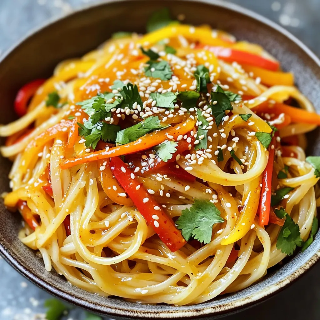To make Minute Sweet Chili Garlic Noodles, you need these key items: - 200g rice noodles - 2 tablespoons sweet chili sauce - 2 cloves garlic, minced - 1 tablespoon soy sauce - 1 tablespoon sesame oil - 1 small carrot, julienned - 1 bell pepper, thinly sliced - 1 green onion, chopped These ingredients create a great blend of flavors. The rice noodles are the base, while the sweet chili sauce adds a nice kick. Garlic gives the dish depth. The veggies, like carrot and bell pepper, add crunch and color. Garnishes can enhance your dish. I suggest: - Sesame seeds for a nutty flavor - Fresh cilantro for brightness These not only look nice but also add extra taste. You can sprinkle them right before serving to keep them fresh. Want to spice things up? You can add: - A splash of lime juice for tanginess - Red pepper flakes for heat These options let you customize the dish to suit your taste. Experimenting with flavors can make your meal even more enjoyable. First, you need to cook the rice noodles. Boil water in a pot. Once it bubbles, add 200 grams of rice noodles. Cook them for about 3 to 4 minutes. You want them soft but not mushy. When they are done, drain them in a colander. Set them aside while you prepare the rest of the dish. Now, grab a large skillet or wok. Heat one tablespoon of sesame oil over medium heat. Add two cloves of minced garlic. Sauté the garlic for about 30 seconds until it smells great. Be careful not to burn it! Next, add one small carrot, julienned, and one bell pepper, thinly sliced. Stir-fry these for 2 to 3 minutes. You want them soft yet still crunchy. Now it’s time to bring everything together. Lower the heat a bit. Add the cooked rice noodles to the skillet with your sautéed veggies. Pour in two tablespoons of sweet chili sauce and one tablespoon of soy sauce. Stir everything gently to coat the noodles. Let it warm for about 2 to 3 minutes. Finally, sprinkle chopped green onions on top and give it one last toss. Serve the noodles in bowls. You can add sesame seeds and fresh cilantro for a nice touch! To cook rice noodles, follow the package directions. Usually, they take 3-4 minutes. Boil water in a pot and add the noodles. Stir them gently to prevent sticking. Once they soften, drain them well. Rinse with cold water to stop the cooking. This keeps them from getting mushy. Always remember to set them aside till you need them. For crunchy vegetables, heat your skillet before adding them. Use medium heat for the best results. Add garlic first and sauté for 30 seconds. Then, toss in the carrot and bell pepper. Stir-fry them for 2-3 minutes. Look for bright colors and a slight crunch. Don't overcook; you want them vibrant and fresh. You can easily change this recipe. If you want more spice, add chili flakes or sriracha. For a richer flavor, try adding peanut butter to the sauce. You can also mix in different veggies like broccoli or snap peas. For protein, add shrimp, chicken, or tofu. This dish is flexible, so make it your own! {{image_2}} You can easily add protein to make your noodles heartier. Chicken, shrimp, or tofu work great. Cook your protein before the garlic and veggies. This way, it absorbs all the flavors. For chicken, cut it into small pieces. Cook until golden and firm. For shrimp, just sauté until pink. If you use tofu, press it first to remove extra water. Cube it, then fry until crispy. This adds a tasty texture to your dish. If you want a vegetarian or vegan dish, skip the meat. Use tofu or tempeh instead. Both offer great texture and protein. You can also add chickpeas for a different twist. They will blend well with the sweet sauce. For extra greens, toss in some spinach or broccoli. Both cook quickly and add color. You can still enjoy all the flavors without meat. Sweet chili sauce is a star, but you can mix it up! Try adding hoisin sauce for a richer taste. A splash of lime juice can brighten the flavors. If you want heat, a dash of sriracha works well. For a nutty flavor, add a spoonful of peanut sauce. Experiment with different sauces to find your favorite. Each change makes the dish unique and fun! To store leftover Sweet Chili Garlic Noodles, let them cool first. Place them in an airtight container. Make sure you seal it tightly. Keep the container in the fridge. These noodles can last up to three days. If you want to keep them longer, consider freezing them. When ready to eat, take your noodles out of the fridge. You can reheat them in a pan. Add a splash of water or extra sauce for moisture. Heat over medium-low heat, stirring gently. This keeps your noodles from getting dry. If you prefer, you can also microwave them. Use a microwave-safe dish and cover it with a lid. Heat in short bursts, stirring in between. Freezing is a great option for meal prep. First, let the noodles cool completely. Then, divide them into portions. Place each portion in a freezer-safe bag or container. Squeeze out as much air as possible. Label the bags with the date. You can freeze them for up to a month. When you are ready to eat, thaw them in the fridge overnight. Reheat as described above for the best taste. Yes, you can use other types of noodles. Rice noodles work great, but you can try egg noodles or even spaghetti. Each type will change the texture and taste a bit. Just be sure to cook them according to their package instructions. This keeps your meal quick and tasty. To make it spicier, add chili flakes or sriracha. You can mix these into the sweet chili sauce. Another option is to add fresh sliced chili peppers while cooking. This will give your noodles a nice kick. Adjust the amount based on your heat preference. You can use hoisin sauce if you need a substitute. It has a different flavor but still works well. Mixing equal parts of honey and hot sauce can also give you a similar taste. Just remember to adjust the amount to match your desired sweetness and heat. Sweet chili garlic noodles are fun and tasty to make. We covered key ingredients, cooking steps, and helpful tips. You learned how to add your favorite protein and adjust flavors. With these insights, you can create your own noodle dish each time. Don’t forget to store leftovers properly for later. I hope this guide helps you whip up a satisfying meal that you can enjoy again and again. Dive into cooking and make it your own!