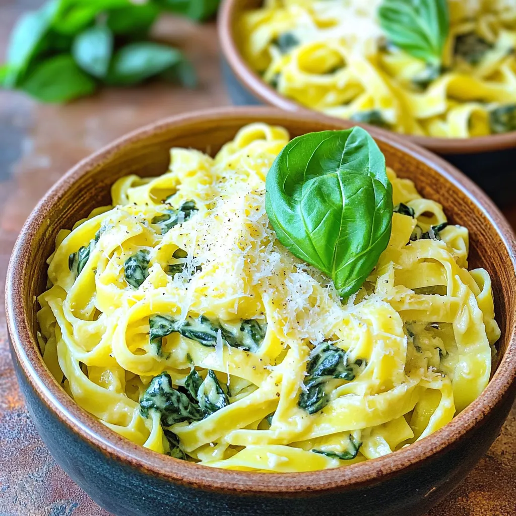 - 300g pasta (fettuccine or linguine works well) - 2 tablespoons olive oil - 4 cloves garlic, minced - 200g fresh spinach, washed and roughly chopped - 1 cup heavy cream or coconut cream for a dairy-free option - 1/2 cup grated Parmesan cheese (or nutritional yeast for a vegan option) - Salt and pepper to taste - Pinch of nutmeg - 1/4 teaspoon red pepper flakes (optional for heat) - Fresh basil leaves for garnish I love how simple yet delicious this dish is. The garlic adds a rich flavor. Spinach gives a nice color and healthy touch. Cream makes it all creamy and smooth. Parmesan cheese melts perfectly into the sauce, giving it a savory kick. I recommend using fettuccine or linguine for this dish. They hold the sauce well. You can also try penne or farfalle if you like. Just make sure to cook them until al dente. This way, they stay firm and tasty. If you want a dairy-free option, coconut cream works great. It keeps the richness while being vegan. For a gluten-free meal, use gluten-free pasta. Nutritional yeast is a fantastic choice instead of Parmesan for vegans. These substitutions keep the dish flavorful while meeting dietary needs. Start by boiling salted water in a large pot. Add 300 grams of pasta, like fettuccine or linguine. Cook it according to package instructions until it is al dente. Once cooked, drain the pasta but save about half a cup of the water. Set the pasta aside for now. In a big skillet, heat 2 tablespoons of olive oil over medium heat. Once hot, add 4 minced garlic cloves. Sauté the garlic for 1-2 minutes until it smells great. Be careful not to let it burn. Next, add 200 grams of chopped spinach. Cook it for 3-4 minutes while stirring often. The spinach will wilt and shrink down in size. Pour in 1 cup of heavy cream or coconut cream if you prefer dairy-free. Stir it well to mix with the garlic and spinach. Let the mixture simmer for a couple of minutes. After that, add in 1/2 cup of grated Parmesan cheese. Stir until the cheese melts and the sauce becomes creamy and smooth. Now it's time to add the cooked pasta to the skillet. Toss everything together until the pasta is evenly coated with the creamy sauce. If the sauce looks too thick, add a small amount of the reserved pasta water. Keep mixing until you reach the perfect consistency. When serving, use deep bowls for the pasta. Garnish with fresh basil leaves and an extra sprinkle of Parmesan cheese. For some crunch, you can top it with crushed walnuts or pine nuts. Enjoy your creamy garlic spinach pasta! To get that nice creamy feel, use heavy cream. If you want a dairy-free option, coconut cream works great. Always add the cream slowly while mixing. This helps keep the sauce smooth. If it feels too thick, add some pasta water. This will loosen it up without losing flavor. Seasoning makes a big difference. Start with salt and pepper. Add a pinch of nutmeg for warmth. If you like heat, sprinkle in red pepper flakes. Taste as you go to find your perfect balance. Fresh basil on top adds a wonderful aroma and taste. Don’t rush the garlic. Sauté it slowly to avoid burning. Always use a large skillet. This gives you space to mix the pasta and sauce well. When cooking the spinach, stir often. You want it to wilt but not lose its bright color. Remember to save your pasta water! It’s a secret tool for making sauces creamy. {{image_2}} To make vegan creamy garlic spinach pasta, swap heavy cream for coconut cream. Use nutritional yeast instead of Parmesan cheese. This keeps the dish rich and creamy without any animal products. You still get that lovely garlic flavor and fresh spinach. You will love how simple it is to adjust! You can add proteins to this dish for more heartiness. Grilled chicken or sautéed shrimp works great. Just cook them in the skillet before adding garlic. Toss them in with the pasta and creamy sauce. This adds flavor and makes the meal more filling. If you need a gluten-free option, choose pasta made from rice or quinoa. Many brands offer gluten-free fettuccine or linguine. Cook them as you would regular pasta. The sauce will still taste amazing, and you won’t miss the gluten. To store your creamy garlic spinach pasta, let it cool first. Place the pasta in an airtight container. Keep it in the fridge. It will stay fresh for up to three days. Make sure to keep the sauce with the pasta to keep it creamy. When you are ready to eat, reheat the pasta on the stove. Use a low heat setting. Add a splash of water or cream to help the sauce stay smooth. Stir it often until it is warm. You can also use a microwave. Heat in short bursts, stirring in between. If you want to freeze it, use a freezer-safe container. Let the pasta cool completely before you pack it. It can last up to three months in the freezer. To eat, thaw it in the fridge overnight. Reheat as described above for the best taste and texture. Yes, you can use other vegetables. Broccoli, kale, or bell peppers work great. Just chop them small and add them when you sauté the garlic. They will cook quickly and add more flavor and color. You can mix and match to fit your taste. You have options! Coconut cream is a great dairy-free choice. You can also use cashew cream or even silken tofu blended until smooth. These substitutes still give a creamy texture without the dairy. If you want a lighter option, try Greek yogurt mixed with a bit of milk. To add heat, use more red pepper flakes. You can also add chopped fresh chili peppers or a dash of hot sauce. For a smoky flavor, try adding some smoked paprika. Just remember to start small, so you can adjust to your heat preference. This pasta goes well with a fresh salad or garlic bread. A simple side salad with mixed greens and a lemon vinaigrette works perfectly. You can also serve it with roasted veggies or a light soup to complete your meal. This blog post covered how to make creamy garlic spinach pasta. We looked at the best ingredients, cooking steps, and useful tips. You also learned tasty variations and how to store leftovers. In conclusion, this pasta dish is simple and fun to make. Adjust it to fit your needs, whether you want it vegan or gluten-free. Enjoy your creamy garlic spinach pasta and share it with friends!