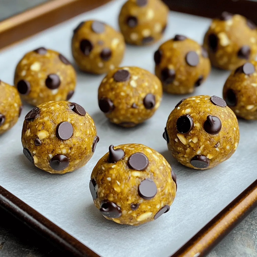 To make your Pumpkin Chocolate Chip Energy Balls, gather these items: - 1 cup rolled oats - 1/2 cup pumpkin puree - 1/4 cup almond butter (or peanut butter) - 1/4 cup honey or maple syrup - 1 teaspoon pumpkin pie spice - 1/2 teaspoon vanilla extract - 1/4 teaspoon salt - 1/2 cup dark chocolate chips - 1/4 cup chopped nuts (optional: walnuts or pecans) These energy balls are not just tasty; they pack a nutritious punch. Each ball has a good balance of carbs, protein, and healthy fats. They offer fiber from oats and pumpkin, plus healthy fats from nut butter. The dark chocolate adds a touch of sweetness and antioxidants. If you need to swap ingredients, there are many options. Use peanut butter if you don't have almond butter. You can also try agave syrup instead of honey. For a nut-free option, replace the nut butter with sun butter. If you want a twist, add dried fruit or seeds for extra flavor and texture. To start, gather all your ingredients. You will need: - 1 cup rolled oats - 1/2 cup pumpkin puree - 1/4 cup almond butter (or peanut butter) - 1/4 cup honey or maple syrup - 1 teaspoon pumpkin pie spice - 1/2 teaspoon vanilla extract - 1/4 teaspoon salt - 1/2 cup dark chocolate chips - 1/4 cup chopped nuts (optional: walnuts or pecans) In a large mixing bowl, add the rolled oats, pumpkin puree, almond butter, and honey. This mix is the base of your energy balls. Make sure to measure carefully for the best taste. Next, add the pumpkin pie spice, vanilla extract, and salt to the bowl. Use a spoon or spatula to mix well. You want everything to blend evenly. Once mixed, gently fold in the dark chocolate chips and any nuts you choose. This adds fun texture and flavor. Now, it’s time to chill the mixture. Place the bowl in the fridge for about 30 minutes. Chilling helps the mix firm up, making it easier to roll into balls. After the mixture has chilled, take it out of the fridge. Use your hands to roll the mix into small balls, about 1 inch in size. This process can be messy, but it’s fun! Once you've rolled all the balls, place them on a baking sheet lined with parchment paper. For a fun twist, roll the balls in extra oats or coconut if you like. Finally, store your energy balls in an airtight container in the fridge. They will stay fresh for up to a week. If you want to keep them longer, you can freeze them. Just pull them out whenever you want a tasty snack! To make sure your energy balls hold together well, use the right ratio of wet to dry. The pumpkin puree and nut butter add moisture. The oats act as a binder. If your mix feels too dry, add a bit more pumpkin or nut butter. You want a sticky texture that rolls easily. If it’s too wet, add more oats. Aim for a balance that lets you shape them without mess. You can boost the taste by adding spices. Try cinnamon or nutmeg for extra warmth. For a crunchier bite, add chopped nuts like walnuts or pecans. They give a nice contrast to the soft pumpkin. You can also roll the balls in oats or coconut for texture. This adds a fun look and a bit more flavor. Don’t forget to use quality dark chocolate chips; they make a big difference! Store your energy balls in an airtight container. Keep them in the fridge for up to a week. If you want to save some for later, freeze them. They freeze well and can last for months. Just pull them out and let them thaw before enjoying. This way, you always have a tasty snack ready. {{image_2}} You can swap almond butter for any nut butter you like. Peanut butter adds a rich taste. Cashew butter is creamy and sweet. Sunflower seed butter works well for nut-free options. Each nut butter will change the flavor a bit. Choose your favorite, and make it your own! Feel free to play with add-ins! You can add dried fruits, like cranberries or raisins. Chopped nuts, like walnuts or pecans, add crunch and nutrition. You might also try seeds like chia or flax for extra fiber. The options are endless, so get creative! Change up the spices to find new flavors. Cinnamon or nutmeg can add warmth. A dash of ginger gives a spicy kick. You can also try different extracts. Almond extract adds a sweet note, while coconut extract gives a tropical feel. Adjust the spices to match your taste! To keep your Pumpkin Chocolate Chip Energy Balls fresh, use an airtight container. Store them in the fridge. This helps maintain their taste and texture. Avoid leaving them out at room temperature. They can dry out or get too soft if not stored properly. Freezing your energy balls is easy. Place them in a single layer on a baking sheet. After they freeze for a few hours, transfer them to a freezer-safe bag or container. Make sure to label the bag with the date. Frozen energy balls last for up to three months. When you want to eat them, let them thaw in the fridge overnight. In the refrigerator, these energy balls can stay fresh for about a week. If you freeze them, they can last for three months. Always check for any off smells or changes in texture before eating. Keeping them stored right ensures you enjoy a tasty snack every time. Yes, you can use maple syrup instead of honey. Maple syrup gives a nice flavor. You can also try agave nectar. Each sweetener may change the taste a little. Experiment to find which you like best. These energy balls last about one week in the fridge. Store them in an airtight container. You can also freeze them for longer storage. If frozen, they can last for up to three months. Yes, you can use gluten-free oats. If you want to avoid oats, try almond flour or coconut flour. These options will change the texture a bit. Adjust the liquid in the recipe if needed. This blog post covered the key steps and tips to make energy balls. We discussed ingredients, preparation, and storage. You learned how to enhance flavor and texture. Remember, you can change nut butters and add different mix-ins for variety. These energy balls are easy to make. They provide energy and taste great. With the right storage, they stay fresh longer. Enjoy trying new flavors and creating your own perfect snack!