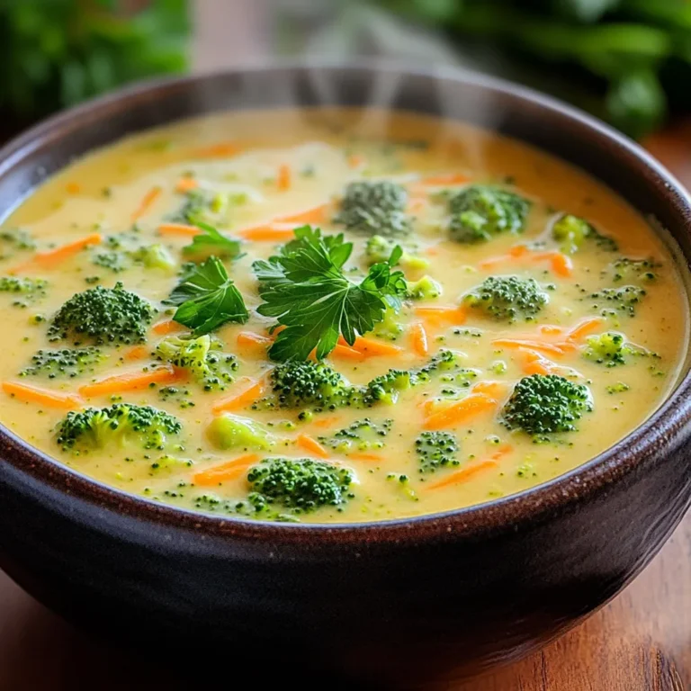 - 4 cups fresh broccoli florets - 1 medium onion, chopped - 2 cloves garlic, minced Fresh ingredients are key to making this soup delicious. Start with vibrant broccoli florets. They add color and nutrition. Chopped onion brings sweetness and depth. Minced garlic adds a nice touch of flavor. When you combine these, you create a great base for the soup. - 3 cups vegetable broth - 1 teaspoon dried thyme - 1 teaspoon paprika - Salt and pepper to taste Next, you need a rich broth. Vegetable broth works well to keep it light. Add dried thyme for an earthy note. Paprika brings a warm, smoky flavor. Don’t forget the salt and pepper. They help enhance the taste of the soup. - 2 cups shredded sharp cheddar cheese - 1 cup heavy cream (or a dairy-free alternative) - Fresh parsley for garnish (optional) The creamy part makes this soup special. Shredded sharp cheddar cheese melts well and adds richness. Heavy cream makes it extra creamy. If you prefer, you can use a dairy-free option. Fresh parsley can add a pop of color on top. It’s a nice touch when serving. First, chop your vegetables. Use a sharp knife to cut 4 cups of fresh broccoli florets. Next, chop 1 medium onion and mince 2 cloves of garlic. Peel and dice 1 medium potato, and shred 1 cup of carrots. This mix gives your soup great flavor and texture. Now, measure out your broth and seasonings. You’ll need 3 cups of vegetable broth. For the seasonings, gather 1 teaspoon of dried thyme, 1 teaspoon of paprika, and some salt and pepper. These add warmth and depth to your soup. Combine all the ingredients in your slow cooker. Start with the broccoli, onion, garlic, potato, carrots, and broth. Sprinkle in the thyme, paprika, salt, and pepper. Stir well to mix everything together. Now, set the cooking time and temperature. For a nice, slow cook, cover your slow cooker and set it on low for 6 to 8 hours. If you’re short on time, set it to high for 3 to 4 hours. The goal is to make the veggies tender and flavorful. Once your soup is cooked, puree it to your desired consistency. I recommend using an immersion blender for this. It’s easy and keeps your pot clean. You can leave some chunks for texture if you like that in your soup. Now, stir in 2 cups of shredded sharp cheddar cheese and 1 cup of heavy cream. This will make your soup super creamy and rich. Let it heat for another 15 to 30 minutes on low. Taste it, and adjust the seasonings if needed. Serve hot, and feel free to garnish with fresh parsley if you want a pop of color! To get the best texture in your broccoli cheddar soup, use an immersion blender. This tool lets you blend the soup right in the slow cooker. It makes it easy to control how smooth or chunky you want the soup. You can blend it until creamy or leave some chunks for added texture. This way, you enjoy bites of tender broccoli with every spoonful. Adjusting seasonings can make your soup shine. After blending, taste the soup and add more salt or pepper if needed. You can also add other herbs or spices to fit your taste. Try fresh thyme or a bit of nutmeg for something special. These small changes can elevate the flavor and make it truly yours. This soup pairs well with crusty bread or a light salad. The bread soaks up the creamy soup, making each bite delicious. Serve the soup hot for the best experience. I recommend heating it to at least 165°F (74°C) to ensure it's safe and tasty. Garnish with fresh parsley for a pop of color and a hint of freshness. {{image_2}} You can make this soup dairy-free easily. For cheddar cheese, use a dairy-free cheese. Look for brands that melt well. Nutritional yeast is a great choice too. It adds a cheesy flavor without dairy. For heavy cream, coconut milk works well. Almond milk or cashew cream are also good options. These alternatives keep the soup creamy and rich. Want to add more to your soup? You can include protein sources like cooked chicken or beans. Shredded rotisserie chicken adds flavor and heartiness. White beans or chickpeas can boost the protein too. You can also add vegetables like spinach or cauliflower. Just chop them small so they cook well. This makes the soup even more filling and tasty. If you like heat, try adding jalapeños or red pepper flakes. Slice fresh jalapeños and stir them in before cooking. For a more intense flavor, sprinkle red pepper flakes on top before serving. You can also use pepper jack cheese instead of cheddar. It will give your soup a nice kick. This spicy twist makes your broccoli cheddar soup stand out! To keep your soup fresh, store leftovers in the fridge. Use an airtight container. The soup will stay good for up to five days. If you want to save it longer, freeze the soup. Pour it into freezer-safe bags or containers. Leave some space at the top, as the soup will expand when frozen. When you're ready to enjoy your soup again, reheat it gently. The best way is on the stove over low heat. Stir it often to keep it from sticking. If the soup is too thick, add a splash of vegetable broth or water. This helps regain the creamy texture. In the fridge, your soup lasts about five days. Look for signs of spoilage like off smells or changes in color. If you see any mold, throw it away. Always trust your senses when it comes to food safety. Yes, you can use frozen broccoli. Frozen broccoli is handy and saves time. However, it may change the soup's texture. Fresh broccoli stays crispier, while frozen may turn softer. The flavor may be slightly less bright, but the soup will still taste good. To make this soup gluten-free, check your broth. Use a certified gluten-free vegetable broth. You can also thicken the soup with cornstarch or arrowroot. Just mix equal parts with cold water before adding it to the soup. This soup pairs well with crusty bread or a fresh salad. Try serving it with grilled cheese sandwiches for a cozy meal. You can also add a side of roasted veggies for more flavor and nutrition. This blog post covers all you need for a tasty Slow Cooker Broccoli Cheddar Soup. We discussed fresh ingredients like broccoli and garlic, along with seasonings to enhance flavor. You learned how to prepare and cook the soup step-by-step, and I shared tips for perfect texture and flavor adjustments. In conclusion, enjoy this cozy dish by trying different variations and using leftovers wisely. You can make it your own with simple changes. A warm bowl of soup is always welcome!