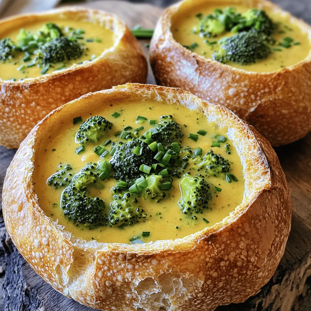 For this cozy soup, start with fresh broccoli. You need one large head, chopped into small florets. Fresh broccoli gives the soup a bright taste and vibrant color. You also want one medium onion, diced finely. This adds a sweet base flavor. Don’t forget two garlic cloves, minced. Garlic brings warmth and depth to the dish. Next, let’s talk about the creamy part. You’ll need one cup of shredded sharp cheddar cheese. This cheese melts beautifully and adds a rich flavor. You also need one cup of heavy cream for a smooth texture. For the broth, four cups of vegetable broth will keep this soup light and tasty. Season with salt and pepper to enhance all the flavors. Now for the fun part—bread bowls! Choose four large sourdough bread bowls. Sourdough has a tangy flavor that pairs well with the soup. When you cut the tops off, make sure to scoop out enough bread while keeping the base thick. This way, the soup stays inside without leaking. The crusty exterior holds everything together, making it the perfect vessel for your warm soup. First, melt the butter in a large pot over medium heat. Add the diced onion and minced garlic. Sauté these until the onion is soft and clear, about 3 to 4 minutes. Next, stir in the chopped broccoli. Cook it for about 5 minutes. This helps the broccoli start to soften and adds great flavor. Now, sprinkle the flour over the veggies in the pot. Stir it well to coat everything. Cook for 1 to 2 minutes. This step cooks off the raw flour taste. Slowly add the vegetable broth, stirring all the time. Keep stirring until the mix thickens a bit. Bring it to a simmer and let it cook for around 10 minutes. The broccoli should be tender. After simmering, take the pot off the heat. Use an immersion blender to puree the soup. You can make it smooth or leave it a bit chunky, depending on your taste. If you don’t have an immersion blender, pour the soup into a regular blender in batches. Be careful with hot liquids! Once blended, return the pot to low heat. Stir in the heavy cream and shredded cheddar cheese. Mix until the cheese melts and the soup is creamy. Season with salt and pepper to your liking. While the soup simmers, focus on the bread bowls. Cut the tops off the sourdough bread bowls. Scoop out the insides, but leave enough bread to hold the soup. This step makes sure the bread bowls can hold all that delicious soup without falling apart. Now it’s time to put it all together! Ladle the hot broccoli cheddar soup into each bread bowl. Fill them generously to enjoy every bite. Finally, garnish the soup with chopped chives or parsley for a fresh touch. Place the bread tops beside the bowls for dipping. This adds a lovely look to your meal. Enjoy your simple comfort food! To get the right soup texture, blend your soup until it reaches your desired smoothness. I like to leave some chunky pieces for extra bite. If the soup is too thick, add more vegetable broth slowly. If it's too thin, simmer it longer to thicken. Stir often to avoid sticking. This helps keep your soup creamy and rich. The cheese makes this soup special. I use sharp cheddar for a bold taste. You can also mix in Gruyère or Monterey Jack for more flavor. If you want a twist, try adding a bit of pepper jack for spice. Always add the cheese at low heat, so it melts smoothly. Stir until it's creamy and delicious. Serve your soup in warm bread bowls for a cozy feel. Use a wooden board or bright plate for a nice look. Place the bread tops beside the bowls for dipping. Garnish with fresh chives or parsley to add color. This makes your soup look and taste even better. Enjoy the warm, cheesy goodness! {{image_2}} You can make your soup even heartier by adding proteins. Cooked chicken, turkey, or ham works well. Simply chop the meat into small pieces and stir it in before blending. For a vegetarian option, try adding white beans or lentils. These will add protein and fiber to your meal. If you want a vegetarian twist, you can swap the heavy cream for coconut milk. This gives a nice, creamy texture with a hint of sweetness. You can also use nutritional yeast instead of cheese for a cheesy flavor without dairy. Just add a few tablespoons while simmering the soup. For those who like some heat, add red pepper flakes or a dash of hot sauce. Stir it in while the soup simmers for a spicy kick. You can also try adding smoked paprika or curry powder for a unique flavor. These spices will give your broccoli cheddar soup a fun twist. You can store leftover broccoli cheddar soup in a sealed container. It stays fresh for 3 to 4 days in the fridge. Make sure to let it cool completely before sealing. This step helps keep the soup from getting too hot inside the container. Bread bowls work best when fresh. If you have leftovers, don’t store them filled with soup. Instead, keep the bread and soup separate. Wrap the bread bowls in foil or plastic wrap. This keeps them from getting stale. Store them at room temperature for up to 2 days. To reheat the soup, pour it into a pot over low heat. Stir it often to avoid burning. Heat until it’s hot but not boiling. If you stored the soup in the fridge, let it sit at room temp for about 10 minutes. This helps it warm evenly. For bread bowls, place them in a preheated oven at 350°F for about 10 minutes. This makes them warm and crispy again. Yes, you can make the soup ahead of time. Cook and cool it first. Store it in the fridge for up to three days. When ready to serve, just reheat the soup on the stove. Prepare the bread bowls fresh for the best taste and texture. To make the soup healthier, use low-fat milk instead of heavy cream. You can also add more veggies like carrots or spinach for extra nutrients. Choose low-sodium vegetable broth to cut down on salt. This way, you keep the flavor while making it lighter. Pair this soup with a fresh green salad or some crispy roasted veggies. A simple side of crusty bread or garlic bread also works great. These sides add balance to your meal and enhance the overall experience. Yes, you can freeze the soup. Let it cool completely and transfer it to an airtight container. It can last up to three months in the freezer. To reheat, thaw in the fridge overnight and warm it on the stove. To keep bread bowls from getting soggy, scoop out the insides gently. Leave a bit of bread at the bottom to hold the soup. You can also toast the insides lightly before adding soup. This adds a nice crunch and helps keep the bread sturdy. This blog post covered the key steps for making delicious broccoli cheddar soup in bread bowls. We explored fresh ingredients, sautéing the base, and perfecting the soup's texture. You learned how to add flavor depth with cheese and make it a heartier meal with proteins. Don’t forget to store leftovers properly and reheat them right. Try the tips and variations to make the soup your own. You now have all the tools to create a warm, delightful dish. Enjoy your cooking journey!