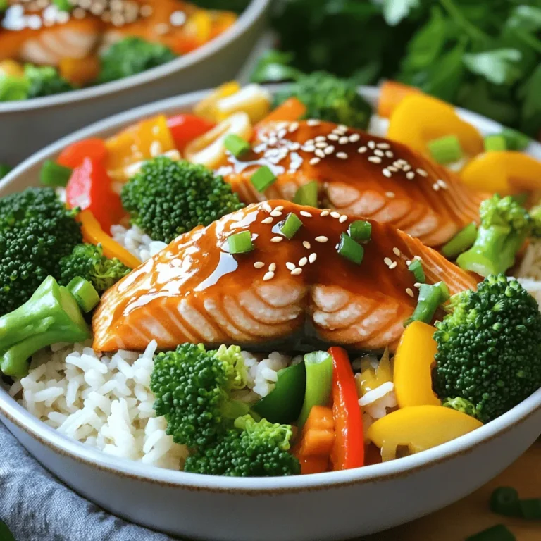 - 4 salmon fillets - 1 cup of teriyaki sauce (store-bought or homemade) - 2 cups broccoli florets - 1 bell pepper, sliced (any color) - 1 cup carrots, sliced - 2 cups cooked jasmine rice The main ingredients for Teriyaki Salmon Bowls bring together bright colors and bold flavors. Salmon fillets are rich in omega-3s, making them a heart-healthy choice. Teriyaki sauce adds sweetness and umami to the dish. Broccoli, bell pepper, and carrots provide crunch and nutrition, while jasmine rice serves as a fluffy base. - 2 tablespoons sesame oil - 1 tablespoon sesame seeds (optional, for garnish) - Green onions, sliced (for garnish) - Salt and pepper to taste Seasoning is key to a flavorful meal. Sesame oil adds a nutty taste, enhancing the dish. Salt and pepper help balance flavors. Garnishes like sesame seeds and green onions add a fresh touch. They also make the meal look appealing. - Homemade teriyaki sauce - Other vegetables for roasting You can customize your dish with optional ingredients. Making your teriyaki sauce lets you control sweetness and flavor. Feel free to add other vegetables like zucchini or asparagus. They roast well and add variety to your meal. Experimenting with these options can lead to new favorites. First, preheat your oven to 400°F (200°C). This step is key for even cooking. Next, grab a sheet pan and line it with parchment paper. This helps with cleanup and prevents sticking. Now, let’s focus on the salmon. Place the salmon fillets on one side of the sheet pan, skin side down. Lightly sprinkle them with salt and pepper. In a small bowl, mix half of your teriyaki sauce with 1 tablespoon of sesame oil. Brush this tasty mixture over the salmon fillets. Bake the salmon and veggies together in the oven for about 15-20 minutes. The salmon should flake easily with a fork when it is done. On the other side of the sheet pan, arrange the broccoli florets, sliced bell pepper, and sliced carrots. Drizzle the remaining sesame oil over the veggies, then season them with salt and pepper. Toss everything to coat the veggies well. They will cook and become tender-crisp in the oven at the same time as the salmon. Once your salmon and vegetables are done, remove the pan from the oven. Brush the salmon fillets with the rest of the teriyaki sauce for extra flavor. Bake for another 2-3 minutes. Now, it’s time to create your bowls! Place a serving of jasmine rice at the bottom of each bowl. Carefully add a salmon fillet on top of the rice and arrange the roasted veggies around it. For a nice touch, sprinkle sesame seeds and sliced green onions over each bowl. Enjoy your meal! How to check for doneness To check if your salmon is done, use a fork. Gently pull at the thickest part. If it flakes easily, it's ready. Salmon should be opaque and have a light pink color inside. Tips for achieving a flaky texture To get that perfect flaky texture, do not overcook the salmon. Baking it for 15-20 minutes at 400°F works well. Using fresh salmon also helps. Always season lightly to let the fish's flavor shine through. Best vegetables for sheet pan meals The best vegetables for your sheet pan include broccoli, bell peppers, and carrots. They cook evenly and taste great with teriyaki sauce. You can also try snap peas or zucchini for a twist. How to achieve tender-crisp veggies To achieve tender-crisp veggies, cut them into equal sizes. Toss them with sesame oil and seasonings before baking. This ensures they cook evenly. Bake them alongside the salmon for about 15-20 minutes. Store-bought vs. homemade teriyaki Store-bought teriyaki saves time, but homemade can be fresher. Homemade teriyaki sauce allows for better control over flavors. If using store-bought, choose one with natural ingredients. Flavor enhancements for the sauce You can enhance teriyaki sauce by adding ginger or garlic. A splash of lime juice adds brightness. Try a bit of honey for extra sweetness. These tweaks make the dish even more delicious. {{image_2}} You can switch out the salmon for chicken or tofu. Chicken thighs or breasts work well. For tofu, use firm or extra-firm. Each protein gives a unique taste and texture. Cooking times differ based on your choice. For chicken, bake it for 20-25 minutes until it reaches 165°F. Tofu needs about 15-20 minutes. Be sure to check for doneness by cutting into the protein. If you're not a fan of jasmine rice, try quinoa or brown rice. Quinoa cooks faster and adds great protein. Brown rice is heartier and full of fiber. You can prepare rice in advance. Cook a big batch and store it in the fridge. This saves time during busy weeknights. Feel free to add your favorite spices or marinades. A little garlic powder or ginger can amp up the flavor. You can even try a spicy sauce if you like heat. Seasonal changes call for custom vegetable mixes. Use asparagus in spring or sweet potatoes in fall. Mixing it up keeps your meals fresh and exciting. To keep your Teriyaki salmon bowls fresh, cool them quickly after cooking. Place the salmon and veggies in separate containers. This helps maintain their flavor and texture. Use airtight containers to avoid any odors. You can store leftovers in the fridge for up to three days. For the best results, reheat the salmon and veggies in the oven. Preheat the oven to 350°F (175°C). Place the salmon and veggies on a baking sheet. Bake for about 10 minutes or until heated through. If you're in a hurry, use a microwave. Heat in short bursts to avoid overcooking. Always check that the salmon reaches 145°F (63°C) for safety. You can freeze the Teriyaki salmon bowls if you want to save some for later. To freeze, let the dish cool completely. Then, pack the salmon and veggies in freezer-safe bags or containers. They will last for up to three months in the freezer. To thaw, move them to the fridge overnight. For cooking from frozen, bake at 375°F (190°C) for about 25-30 minutes. Make sure everything is hot before serving. Yes, you can make Teriyaki Salmon Bowls in advance. You can prepare the salmon and veggies, then store them in the fridge. Cooked salmon and vegetables stay fresh for up to three days. Just reheat them when you're ready to eat. This makes meal prep easy and quick. If you want to swap jasmine rice, consider these options: - Brown rice for a nuttier flavor - Quinoa for a protein boost - Cauliflower rice for a low-carb choice These alternatives fit various dietary needs and keep the dish tasty. To check if the salmon is done, look for these signs: - The salmon should flake easily with a fork. - The color should change from bright pink to a lighter shade. - Use a food thermometer; the internal temperature should reach 145°F (63°C). Yes, you can try other sauces. Here are some ideas: - Soy sauce with honey for sweetness - BBQ sauce for a smoky taste - Honey mustard for a tangy kick These will give you different flavor profiles while keeping it delicious. Cooked Teriyaki Salmon Bowls can last in the fridge for about three days. Store them in an airtight container to keep them fresh. Before eating, make sure to reheat them thoroughly. This way, you enjoy the flavors again! This blog post covered how to make delicious teriyaki salmon bowls. We explored main ingredients, seasoning, and optional items to enhance your dish. I shared step-by-step instructions for preparing everything, plus tips for perfect salmon and veggies. In closing, these bowls are easy to customize and store. Use this guide to create a healthy meal your taste buds will love.