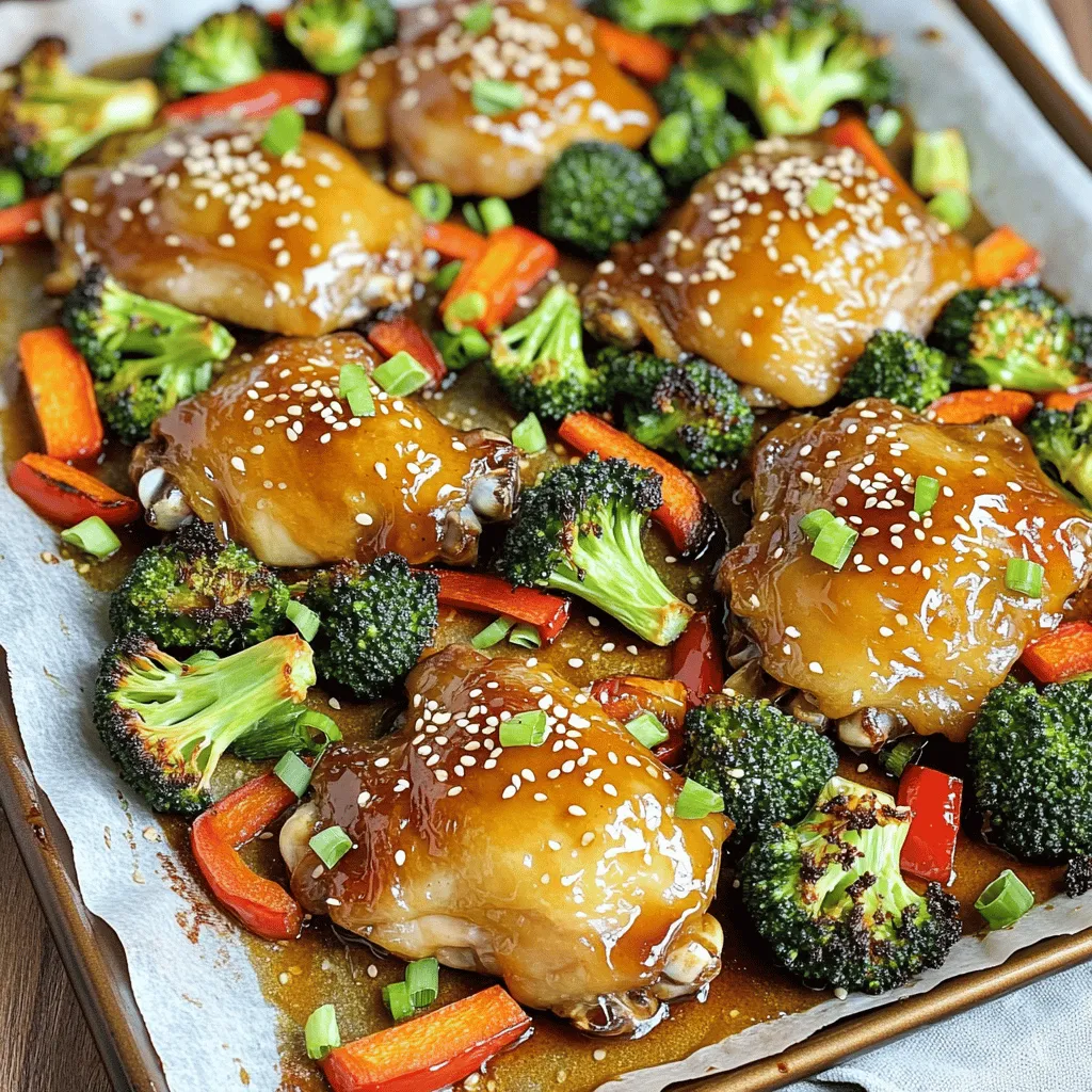 To make Sheet Pan Honey Garlic Chicken Veggies, you will need the following main ingredients: - 4 boneless, skinless chicken thighs - 1/4 cup honey - 3 tablespoons soy sauce - 3 cloves garlic, minced - 1 tablespoon fresh ginger, grated - 1 tablespoon olive oil - 1 teaspoon sesame oil - 2 cups broccoli florets - 1 red bell pepper, sliced - 1 cup carrots, sliced - Salt and pepper, to taste - 1 teaspoon crushed red pepper flakes (optional) - Sesame seeds, for garnish - Chopped green onions, for garnish These ingredients come together to create a sweet and savory dish. The chicken thighs provide rich flavor and juiciness. Honey adds sweetness that balances the salty soy sauce. Garlic and ginger bring a punch of flavor. The veggies add color and crunch to the meal. You can tweak the recipe by adding or changing vegetables based on your taste. Try snap peas or zucchini for a fresh twist. This recipe is simple, and you can have fun mixing up the ingredients to suit your family’s favorites. - Start by preheating your oven to 400°F (200°C). This makes sure the chicken cooks well. - Line a large baking sheet with parchment paper. This helps with easy cleanup later. - In a mixing bowl, whisk together the honey, soy sauce, minced garlic, and grated ginger. - Add olive oil, sesame oil, and red pepper flakes if you like some heat. Mix until everything is combined. - Season the chicken thighs with salt and pepper on both sides. This adds flavor to the meat. - Place the seasoned chicken on one side of the baking sheet. - Pour half of the honey garlic marinade over the chicken. Make sure it is well coated. - In another bowl, mix the broccoli, bell pepper, and carrot slices. Drizzle the rest of the marinade over the veggies. Toss them to coat evenly. - Spread the veggies on the other side of the baking sheet in a single layer. - Bake the dish in the oven for 25-30 minutes. Check that the chicken reaches an internal temperature of 165°F (75°C) and the veggies are tender-crisp. - Optional: Broil on high for 2-3 minutes to get a nice caramelization on the chicken and a bit of char on the veggies. Just watch closely to avoid burning. To make a great marinade, start with the right balance. You can adjust the sweetness by adding more honey or using less. If you want heat, add more crushed red pepper flakes. For a twist, try using tamari instead of soy sauce. This option works well for gluten-free diets. You can also swap in coconut aminos for a sweeter taste. When cooking, keep the chicken and veggies separate on the pan. This helps the heat reach each one equally. Make sure the chicken is not crowded. This way, it cooks better and gets a nice glaze. For tender-crisp veggies, keep an eye on the oven. Bake them until they are bright and firm but not mushy. Garnishes can make your dish pop. Use sesame seeds for a nice crunch and a nutty flavor. Chopped green onions add color and a fresh taste. For plating, arrange the chicken and veggies neatly. Place the chicken in the center and surround it with veggies. Drizzle some sauce on top for an extra touch. This makes your meal look as good as it tastes! {{image_2}} You can switch up the protein in this dish for a new twist. If you want a substitute for chicken thighs, try chicken breasts. They cook quickly and stay juicy with the honey garlic sauce. You can also use turkey thighs for a similar flavor. For a lighter option, consider using shrimp or salmon. Both cook fast and soak up the sauce well. If you prefer a plant-based choice, tofu is a great option. Choose firm tofu for a nice texture. Cut it into cubes, then marinate it just like chicken. Cook it the same way, ensuring it gets nice and crispy. You can play with the veggies in this recipe. Broccoli, bell peppers, and carrots bring great flavor and color. But feel free to swap them out! Zucchini, snap peas, and cauliflower all work well. You should also think about seasonal veggies. In the summer, use fresh corn or cherry tomatoes. In the fall, butternut squash or Brussels sprouts add warmth. Adjusting the veggies keeps your meals fresh and exciting. To boost flavor, try adding more spices and herbs. Fresh basil or cilantro can brighten the dish. You can also add a pinch of cumin or paprika for extra depth. Marinating the chicken or tofu longer adds even more flavor. If you have time, let it rest for a few hours, or even overnight. The longer it sits, the more the flavors meld. This step is simple but makes a big difference! To store leftovers, place the chicken and veggies in an airtight container. Make sure they cool to room temperature before sealing. This helps keep them fresh and safe to eat. In the fridge, your dish lasts up to three days. If you want to eat it later, consider freezing it instead. For reheating, the oven is best. Preheat it to 350°F (175°C). Place the chicken and veggies on a baking sheet. Heat for about 15-20 minutes or until warm. You can also use a microwave, but it may change the texture. Cover the dish with a damp paper towel to keep moisture in. You can freeze this dish before or after cooking. If freezing raw, marinate the chicken and veggies, then place them in a freezer-safe bag. It can stay good for up to three months. To cook, thaw overnight in the fridge before baking. If freezing after cooking, let it cool completely. Wrap it tightly and store it. To enjoy, thaw and reheat as mentioned above. Yes, you can use bone-in chicken. Bone-in chicken will add more flavor. Just be aware it may take longer to cook. Make sure it reaches 165°F for safety. Adjust cooking time based on the size of the pieces. You can try teriyaki sauce or sweet chili sauce. Barbecue sauce also works well for a smoky flavor. A simple mix of soy sauce and citrus juice adds brightness. Experiment with flavors that you enjoy. Use skinless chicken breast instead of thighs. Swap honey for a sugar-free sweetener if needed. Add more veggies like zucchini or snap peas. You can also use less oil in the marinade. Yes, you can prepare the chicken and veggies the night before. Store them in the fridge with the marinade. Just give them some time to come to room temperature before baking. This will help them cook evenly. Serve this dish with brown rice or quinoa for a hearty meal. A simple green salad also complements the flavors well. You can add roasted potatoes for extra comfort. Think about what you enjoy most! This article walks you through making a delicious Honey Garlic Chicken dish. You learned about the main ingredients, cooking steps, and helpful tips. The recipe is easy to customize with different proteins and veggies. You can even store and reheat leftovers without losing flavor. Cooking should be fun, and this recipe is straightforward and tasty. Enjoy your time in the kitchen, and impress everyone with this dish!