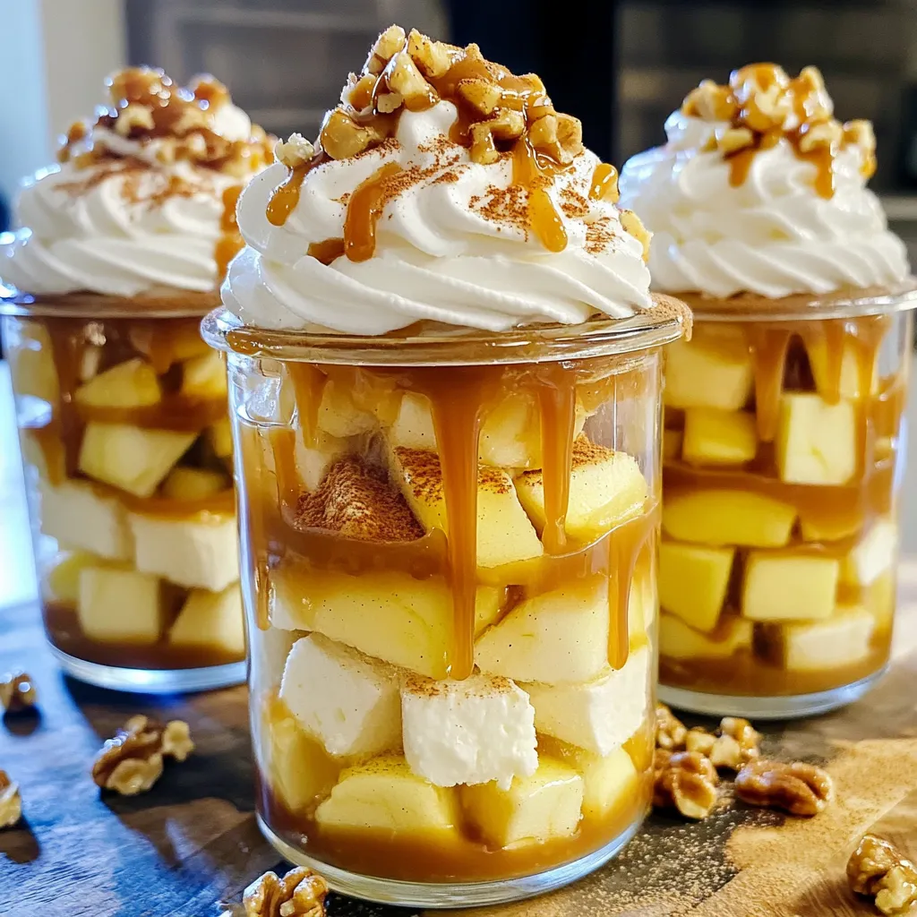 - 3 medium-sized apples - 1 cup caramel sauce - 1 teaspoon cinnamon - 1 tablespoon lemon juice - 1 cup heavy cream - 1/4 cup powdered sugar - 1 teaspoon vanilla extract - 1 cup vanilla sponge cake - 1/2 cup chopped walnuts or pecans (optional) - Whipped cream for topping To make the Caramel Apple Trifle Cups, you need a few simple ingredients. Start with three medium apples. I prefer sweet apples like Honeycrisp or Fuji. They add a nice flavor. You will also need one cup of caramel sauce. This is the star of the show. For a touch of spice, grab a teaspoon of cinnamon. Next, keep the apples fresh with a tablespoon of lemon juice. This adds zing and helps prevent browning. You’ll also need one cup of heavy cream for a fluffy layer. To sweeten the cream, use a quarter cup of powdered sugar. Add a teaspoon of vanilla extract for extra flavor. Don’t forget the base! Use one cup of vanilla sponge cake. You can buy it or make it from scratch. If you like a crunch, add half a cup of chopped walnuts or pecans. Finally, you will want whipped cream for topping. This makes each cup look lovely and inviting. Gather these ingredients, and you are ready to create a wonderful dessert! First, take your three medium-sized apples. Peel and dice them into small pieces. In a mixing bowl, combine the diced apples with one tablespoon of lemon juice, one teaspoon of cinnamon, and one cup of caramel sauce. Toss the apples well so they are coated completely. This step is key! Let the apples sit for a bit. This helps the flavors blend and taste even better. Next, grab a large mixing bowl. Pour in one cup of heavy cream. Use an electric mixer to beat the cream on medium speed. Keep mixing until it starts to thicken. Add in one-fourth cup of powdered sugar and one teaspoon of vanilla extract. Continue to beat until you see soft peaks. This gives your cream a light texture that pairs perfectly with the apples. Now, it’s time to layer everything! Use clear cups or small jars for a beautiful presentation. Start with a layer of cubed vanilla sponge cake. Next, add a layer of your caramel-coated apples on top. Then, spoon a layer of whipped cream over the apples. Repeat these layers until the cups are full. Finish with one last layer of whipped cream on top. This creates a tall, pretty trifle that looks as good as it tastes! For a great trifle, layers are key. Start with a layer of sponge cake. Make sure each layer is even. This helps with the look and taste. I love using clear cups. They show off the pretty layers. You can see the apples and cream, which makes it special. Drizzling caramel can be fun! To get a nice drizzle, warm the caramel sauce. This makes it easier to pour. Use a spoon to drizzle from the edge to the center. Be careful not to add too much. Too much caramel can make a pool at the bottom. A light touch keeps it neat and tasty. You can add more flavor to your trifle! A pinch of nutmeg works well with cinnamon. You can also mix in some chopped pears with the apples. This adds a new twist. Try adding a splash of orange juice for a fresh taste. Mix and match to find your favorite. {{image_2}} You can swap apples for pears or berries. Pears add a sweet touch. Berries bring a tart flavor. Mix and match these fruits for unique tastes. Each fruit gives a new spin to your trifle. Try using seasonal fruits for fresh flavors. If you need gluten-free options, use gluten-free sponge cake. This keeps the treat safe for those with gluten issues. For vegan choices, you can replace heavy cream with coconut cream. Use vegan caramel sauce for a plant-based twist. These swaps keep the fun without losing flavor. For larger gatherings, serve in a big bowl instead of cups. This allows guests to scoop their own servings. You can layer the trifle in a clear glass bowl. It looks stunning and is easy to share. On special occasions, add a sprig of mint on top for a fresh look. To keep your caramel apple trifle cups fresh, store them in the fridge. Use airtight containers to keep moisture out. If you can, store the whipped cream separately. This helps maintain the cream's fluffy texture. When you assemble the trifle cups, make sure to layer them neatly. Avoid pressing down on the layers. This way, the layers stay intact and look beautiful when served. These trifle cups are best eaten within three days. After that, the apples might get soggy. Watch for any signs of spoilage. If you see any brown spots on the apples or if the cream smells sour, it’s time to throw them out. Always trust your senses when it comes to food safety. Enjoy your trifle cups while they are fresh for the best taste! You can prepare parts of this dessert ahead of time. Start by mixing the apples with lemon juice, cinnamon, and caramel sauce. Store this mixture in the fridge for up to a day. Whip the cream and store it separately. You can also cube the sponge cake ahead. Assemble the trifles just before serving. This keeps everything fresh and tasty. Yes, you can use store-bought items to save time. Look for pre-diced apples in the produce section. You can also buy caramel sauce ready to use. For the sponge cake, many bakeries sell delicious options. This makes it easy to create a tasty dessert without much effort. If you want a lighter option, use half-and-half or whole milk. You can also try coconut cream for a dairy-free choice. Just keep in mind that the texture may change. The dessert might not be as rich, but it will still taste great. This blog post covers how to make a delicious caramel apple trifle. You learned the ingredients, step-by-step instructions, and helpful tips to perfect your layers. We also explored tasty variations and proper storage. Remember, you can customize flavors and make this dessert your own. Enjoy creating this treat for gatherings or just a sweet night at home. Taste, look, and feel your best while you serve these trifles!