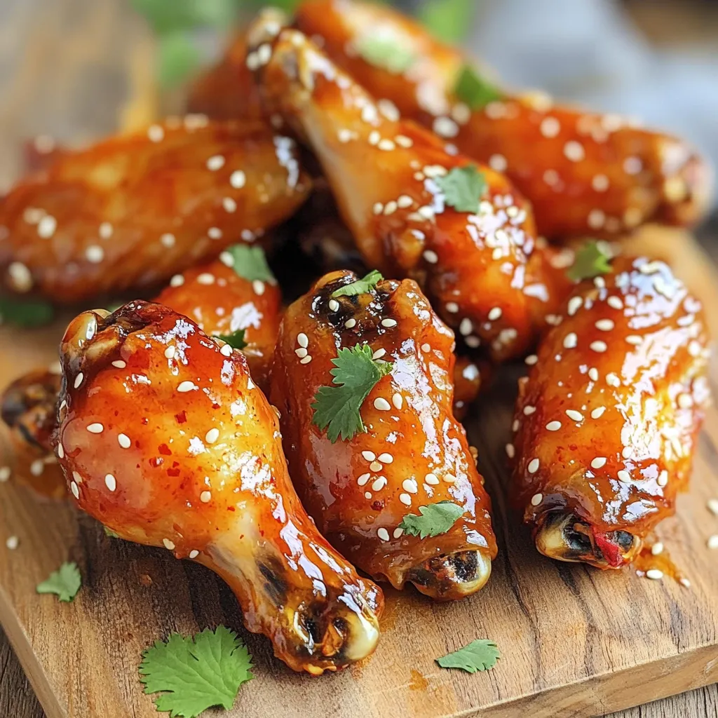 - 2 lbs chicken wings - 1/4 cup honey - 2 tablespoons soy sauce - 3 cloves garlic, minced - 1 tablespoon sriracha - 1 teaspoon smoked paprika - 1 teaspoon black pepper - 1/2 teaspoon salt - 1 tablespoon cornstarch - Fresh cilantro, chopped - Sesame seeds The main ingredients for Air Fryer Spicy Honey Garlic Wings set the stage for big flavor. You need two pounds of chicken wings. They are the star of the dish. A quarter cup of honey adds a sweet touch. Two tablespoons of soy sauce give a savory kick. The flavor components enhance the taste. Minced garlic brings depth. Use three cloves for a bold bite. Sriracha adds heat. One tablespoon is perfect, but adjust for your spice level. Smoked paprika gives a nice, smoky flavor with just one teaspoon. Now let’s talk seasoning and coating. Black pepper brings warmth. Just a teaspoon does the trick. Salt is key, so use half a teaspoon. The cornstarch is important too. One tablespoon helps make the wings crispy. Lastly, for garnishes, you’ll want fresh cilantro and sesame seeds. Chopped cilantro adds brightness. Sesame seeds bring a nice crunch and look great on the plate. These ingredients blend perfectly to create a savory delight. To start, grab a large mixing bowl. Add the following ingredients: - 1/4 cup honey - 2 tablespoons soy sauce - 3 cloves garlic, minced - 1 tablespoon sriracha - 1 teaspoon smoked paprika - 1 teaspoon black pepper - 1/2 teaspoon salt Stir these well until they blend nicely. This mix will bring sweet and spicy flavors to your wings. Now, take your chicken wings and add them to the bowl. Toss the wings well to coat them in the marinade. Let them sit for at least 30 minutes, or up to 2 hours in the fridge. The longer they sit, the more flavor they soak up. Preheat your air fryer to 400°F (200°C) for about 5 minutes. After marinating, pull the wings from the bowl. Let any extra marinade drip off. Next, sprinkle 1 tablespoon of cornstarch over the wings. Toss them again to coat. This step helps the wings get nice and crispy. Arrange the wings in a single layer in the air fryer basket. Cook them for 25 to 30 minutes. Flip the wings halfway through cooking. Check for a golden brown color to know they are done. While your wings cook, grab the leftover marinade. Pour it into a small pot and simmer it for about 10 minutes. This will thicken the sauce. Once the wings are done, you can toss them in the thickened sauce for even more flavor. Enjoy every bite! To get crispy wings, cornstarch plays a key role. It helps absorb moisture. This makes the wings crunchy when cooked. After marinating, sprinkle cornstarch on the wings. Toss them to coat. Aim for a cooking temperature of 400°F (200°C). Cook the wings for 25-30 minutes. Flip them halfway for even crispiness. Marinating wings longer makes a big difference. It allows the flavors to soak in. You can marinate for 30 minutes or up to 2 hours. Adjust the spice level based on your taste. If you love heat, add more sriracha. For less spice, use less sriracha. Pair spicy wings with great sides. Some best options are celery sticks, carrot sticks, or a fresh salad. These sides cool down the heat of the wings. For dipping sauces, ranch or blue cheese work well. They balance the spice and add creaminess. Enjoy your wings with friends for a fun meal! {{image_2}} You can easily change the taste of your wings. For an Asian twist, add sesame oil and fresh ginger. This brings in a rich flavor that pairs well with honey. If you like heat, boost the sriracha or sprinkle chili flakes. The extra kick will make your wings even more exciting. Love wings but need a change? Try drumsticks instead of wings. They cook well and have great flavor. For a vegetarian option, use cauliflower florets. They soak up the sauce and taste amazing. Want a different sweetness? Use maple syrup or agave instead of honey. Each choice adds a unique twist. Want to switch it up? You can bake these wings in the oven. Preheat to 400°F (200°C) and cook for about 40 minutes. Flip them halfway for even cooking. If you prefer grilling, season your wings and cook over medium heat. This adds a smoky flavor and is perfect for summer cookouts. To keep your wings fresh, refrigerate them right after serving. Place them in an airtight container to lock in flavor. Be sure to cool them to room temperature first. This helps prevent sogginess and keeps them tasty. Store the wings for up to three days in the fridge. To reheat your wings, you can use either a microwave or air fryer. I recommend the air fryer for best results. The air fryer keeps the skin crispy. Heat them at 350°F (175°C) for about 5 to 7 minutes. If using a microwave, place wings on a plate and cover them with a damp paper towel. Microwave for one minute at a time until heated through. You can freeze wings if you have leftovers. To freeze, place them in a freezer-safe bag. Remove as much air as possible before sealing. They can last up to three months in the freezer. When ready to eat, thaw them in the fridge overnight. Reheat in the air fryer for best texture. Yes, you can use frozen wings. Here’s how to cook them: - No need to thaw: Place the frozen wings straight into the air fryer. - Increase cooking time: Cook for 35 to 40 minutes at 400°F (200°C). - Check doneness: Ensure the wings reach an internal temperature of 165°F (74°C). Cooking from frozen saves time and still gives you tasty wings! If you want to tone down the heat, try these tips: - Reduce sriracha: Use only 1 teaspoon or skip it entirely. - Add sweetness: Increase honey for a sweeter balance. - Include butter: Melt some butter and mix it in to soften the spice. These changes help you enjoy the flavor without too much heat! Here are some great side dishes and drinks to pair: - Celery and carrot sticks: Crunchy veggies cool the heat. - Blue cheese or ranch dip: Creamy dips complement the spice. - French fries or onion rings: Classic sides that everyone loves. - Cold beer or lemonade: Refreshing drinks balance the flavors. These pairings enhance your meal and keep everyone happy! You can create delicious spicy honey garlic wings using simple ingredients. Start by marinating wings in a mix of honey, soy sauce, and spices. Cook them until crispy and serve with fresh garnishes. Experiment with variations to suit your taste, like adding ginger for an Asian flair. Remember, proper storage and reheating ensure leftovers remain tasty. Now, you have the tools for making wings that impress at any gathering. Enjoy your cooking journey!