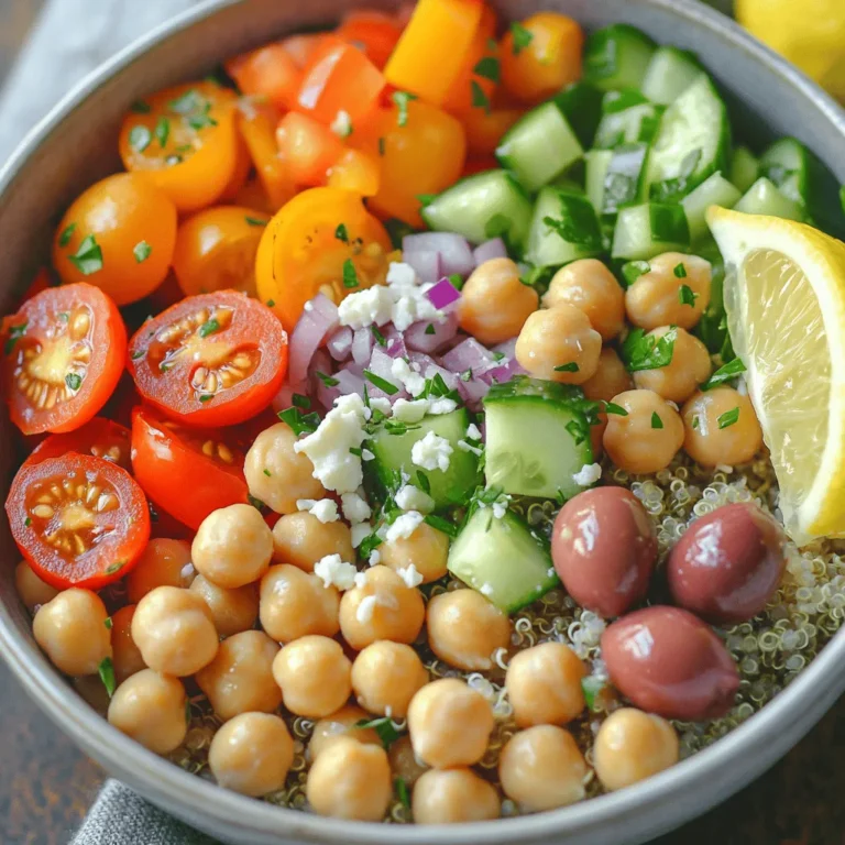 - 1 can (15 oz) chickpeas, rinsed and drained - 1 cup cooked quinoa - 1 cup cherry tomatoes, halved - 1 cucumber, diced - 1 bell pepper, diced (red or yellow) - 1/4 cup red onion, finely chopped - 1/4 cup Kalamata olives, pitted and sliced The main ingredients are simple yet packed with nutrients. Chickpeas add protein and fiber. Quinoa is a great grain that is gluten-free. Fresh vegetables bring color and crunch. Cherry tomatoes add sweetness, while cucumbers and bell peppers add freshness. Red onions give a nice bite, and Kalamata olives add a salty kick. - 2 tablespoons olive oil - 2 tablespoons lemon juice - 1 teaspoon dried oregano - Salt and pepper to taste For the dressing, olive oil is a healthy fat that makes everything taste great. Lemon juice adds a burst of brightness. Dried oregano gives a classic Mediterranean flavor. Don’t forget salt and pepper to bring out all the flavors! - 1/4 cup feta cheese, crumbled - 2 tablespoons fresh parsley, chopped Optional toppings can elevate your bowl. Feta cheese adds creaminess and tang. Fresh parsley adds a vibrant touch. You can mix and match toppings based on your taste! - Combine 1 can of rinsed chickpeas and 1 cup of cooked quinoa in a large bowl. - This mix gives you a protein-rich base that fills you up. - Toss in 1 cup of halved cherry tomatoes, 1 diced cucumber, and 1 diced bell pepper. - Also, add 1/4 cup of finely chopped red onion and 1/4 cup of sliced Kalamata olives. - These veggies add color, crunch, and great taste. - In a small bowl, whisk together 2 tablespoons of olive oil and 2 tablespoons of lemon juice. - Add 1 teaspoon of dried oregano, salt, and pepper to taste. - Mix until well combined for a bright, tangy dressing. - Drizzle the dressing over the chickpea and veggie mixture. - Toss everything gently until all ingredients are coated evenly. - Fold in 1/4 cup of crumbled feta cheese and 2 tablespoons of chopped fresh parsley. - Taste the bowl and adjust the salt and pepper if needed. - Spoon the mixture into bowls and garnish with extra parsley or a lemon wedge. - Serve chilled or at room temperature for the best flavor. To make your Mediterranean chickpea bowl even better, consider these tips: - Add a pinch of smoked paprika. It brings warmth. - Try cumin for a slight earthiness. - Swap the oregano for fresh basil or dill for a new twist. - Use garlic powder for a stronger flavor kick. Make your bowl look as good as it tastes! Here are some ideas: - Sprinkle extra parsley on top for color. - Add a lemon wedge for a fresh touch. - Serve in clear bowls to show off the layers. - Use colorful plates to make each meal pop. Preparation makes cooking easier and faster. Here’s how: - Cook quinoa ahead of time and store it in the fridge. - Chop veggies and keep them in airtight containers. - Make your dressing in advance and shake before use. - Combine chickpeas and quinoa, but add veggies fresh to keep them crisp. {{image_2}} You can change chickpeas and quinoa if you want. White beans or lentils work great as substitutes for chickpeas. For quinoa, try brown rice or farro. These swaps still give you protein and fiber. For veggies, you can use whatever you have. Try adding spinach, kale, or roasted zucchini. These options boost flavor and nutrition. Don't be afraid to mix and match! This bowl is easy to fit many diets. It’s naturally vegan and gluten-free. To make it low-carb, swap quinoa for cauliflower rice. This gives you a lighter option without losing taste. If you need dairy-free, simply leave out the feta cheese. You can also use a dairy-free cheese if you like. This keeps the bowl yummy and friendly for everyone. You can change the bowl with seasonal produce. In spring, add asparagus or peas. Summer calls for grilled corn or eggplant. In fall, roasted butternut squash brings warmth. Winter veggies like Brussels sprouts or carrots add a hearty touch. Using seasonal produce not only tastes better, but it also helps support local farms. Enjoy the fresh flavors of each season! To keep your Mediterranean Chickpea Bowl fresh, store it in the fridge. Use an airtight container. This helps prevent the dish from drying out or absorbing other odors. If you have separate ingredients, store them apart. This keeps the veggies crisp and the flavors bright. Your bowl stays fresh in the fridge for about 3 to 5 days. Check for any off smells or changes in texture before eating. If it looks or smells odd, it's best to toss it. For longer storage, consider freezing it. To reheat, use the microwave or stovetop. For the microwave, heat in short bursts of 30 seconds. Stir between bursts for even heating. On the stovetop, warm gently over low heat. Add a splash of olive oil or lemon juice to revive the flavors. Avoid overheating to keep the veggies crisp and fresh. To make this bowl vegan, simply remove the feta cheese. You can replace it with a dairy-free cheese or skip it entirely. Nutritional yeast adds a cheesy flavor too. This keeps the dish creamy and flavorful. Yes, you can make this bowl ahead of time. Prepare the chickpeas and quinoa base, then chop your veggies. Store them separately to keep them fresh. You can mix everything just before serving. This way, your bowl stays crisp and tasty. This bowl pairs well with several sides. Try serving it with pita bread or hummus for extra flavor. A light salad with greens and lemon dressing complements it nicely. Roasted vegetables add great texture and taste too. This article covered a tasty, protein-rich bowl made with chickpeas, quinoa, and fresh veggies. We explored how to prepare the base, dress it, and add optional toppings like feta and herbs. I shared tips to boost flavor, ideas for presentation, and meal prep advice. You can tailor this dish to fit your diet and enjoy it year-round. Remember, storing leftovers properly keeps them fresh. I hope you feel inspired to create your own delicious bowl!