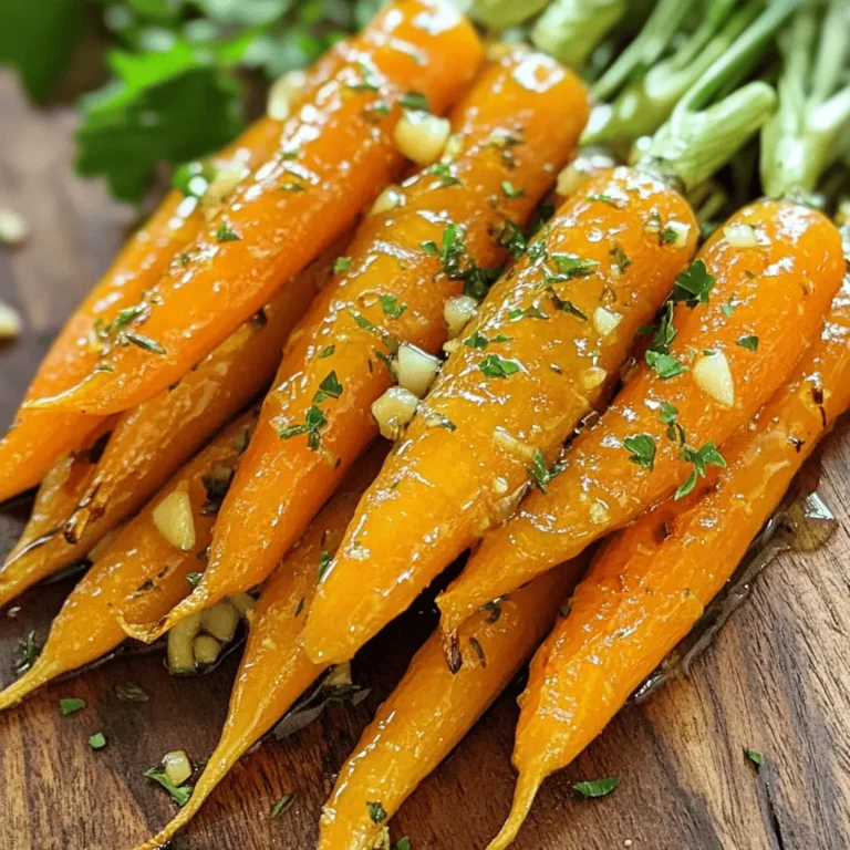 - Baby Carrots (1 lb, peeled) - Garlic (3 cloves, minced) - Honey (3 tablespoons) - Olive Oil (2 tablespoons) - Fresh Thyme (1 teaspoon leaves or ½ teaspoon dried) - Fresh Rosemary (1 teaspoon chopped or ½ teaspoon dried) - Salt and Pepper (to taste) - Fresh Parsley (for garnish) To make honey roasted garlic herb carrots, you need fresh baby carrots. They are sweet and tender. Next, you will need garlic. Three cloves, minced, add a nice kick. Honey brings sweetness, while olive oil helps with cooking. Fresh thyme and rosemary give the dish its herb flavor. Don’t forget salt and pepper to enhance the taste. Finally, fresh parsley adds a pop of color and freshness when you serve the dish. Each ingredient plays a key role. The baby carrots provide the base. Garlic and herbs bring depth. Honey and olive oil create a lovely glaze. Salt and pepper balance the flavors. Garnishing with parsley makes the dish look great. This simple list helps you gather everything needed. You can find these items at any grocery store. Having fresh ingredients will make your dish taste even better. If you want to switch it up, you can try different herbs or carrot types too. - Preheat your oven to 400°F (200°C). - Line a baking sheet with parchment paper. This helps with easy cleanup. - In a large bowl, mix 3 tablespoons of honey and 2 tablespoons of olive oil. - Add 3 minced garlic cloves, 1 teaspoon of thyme, and 1 teaspoon of rosemary. - Season with salt and pepper to taste. Whisk it all together until smooth. - Add 1 pound of peeled baby carrots to the bowl. - Toss the carrots in the honey mixture until fully coated. - Spread the carrots on the prepared baking sheet in a single layer. - Roast in the oven for 20-25 minutes. Stir halfway for even cooking. These honey roasted garlic herb carrots will become a favorite side dish. - Stirring Halfway Through: Stir the carrots halfway through roasting. This step helps them cook evenly. It also allows every carrot to soak up the sweet honey and garlic mix. - Choosing the Right Baking Sheet: Use a large baking sheet. This gives the carrots space. If they are too close, they may steam instead of roast. A single layer lets them caramelize nicely. - Alternative Sweeteners: If you need a honey substitute, try maple syrup or agave nectar. Both sweeteners work well in this recipe. They will add their unique flavors to the dish. - Adjusting for Flavor: When using substitutes, you might need to adjust the amount. For example, use slightly less maple syrup than honey. This change keeps the dish balanced and tasty. - Adding Other Herbs: Feel free to mix in other herbs. Basil or oregano can add a new twist. Fresh herbs bring vibrant flavors to the carrots. - Citrus Zest Boost: Adding citrus zest can lift the dish. Try lemon or orange zest for a fresh taste. A little zest can brighten up the honey and garlic flavors. {{image_2}} You can use whole carrots or regular carrots for this dish. Whole carrots might take longer to cook. Just cut them into even pieces for best results. Regular carrots work great too. They are easy to find and prepare. You can also experiment with colorful varieties. Purple, yellow, and white carrots add fun to the plate. Their unique colors can brighten any meal. Plus, each color has a slightly different taste. Adding spices like cinnamon or nutmeg can boost the flavor. A pinch of cinnamon gives a warm touch. Nutmeg adds a nice depth too. Both spices pair well with honey and garlic. Incorporating nuts can add a crunchy texture. Try walnuts or pecans for a great contrast. Toast the nuts lightly before adding. This will bring out their natural flavor and crunch. You can store honey roasted garlic herb carrots in the fridge. Place them in an airtight container. They will stay fresh for about 3 to 5 days. If you want to keep them longer, freezing is a good option. To freeze your carrots, let them cool first. Spread them on a baking sheet in a single layer. Freeze for about 1 to 2 hours until solid. Then, transfer them to a freezer bag or container. Be sure to remove as much air as possible. They can last for up to 3 months in the freezer. To reheat, place the carrots in a skillet over medium heat. Add a splash of olive oil for flavor. Stir them gently until heated through. You can also use the oven. Preheat to 350°F (175°C) and warm for about 10-15 minutes. This will help keep them soft and tasty. Yes, you can make this recipe vegan. Simply replace honey with maple syrup or agave nectar. Both options add sweetness without using animal products. You can use the same amount, three tablespoons, for a great taste. Maple syrup has a rich flavor that pairs well with the garlic and herbs. These carrots shine as a side dish. They pair well with many meals. Here are some tasty options: - Grilled chicken or tofu - Roasted pork or beef - Quinoa or rice - A fresh garden salad Serving these carrots with protein and grains makes a balanced meal. To check if the carrots are done, look for a few signs: - They should be tender when pierced with a fork. - The edges should be a nice golden brown. - They should have a sweet aroma from the honey and garlic. If you see these signs, your carrots are ready to enjoy! In this post, we covered how to make honey roasted garlic herb carrots. You learned about the key ingredients, step-by-step instructions, and storage tips. Each step helps you achieve sweet, tasty carrots. Remember, feel free to play with flavors and try new herbs. This dish is simple yet delicious, making it perfect for any meal. Enjoy your cooking, and share this recipe with others who love good food!