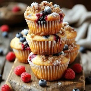 - 1 cup all-purpose flour - 1 cup whole wheat flour - 1 cup granulated sugar - 1 tablespoon baking powder - 1/2 teaspoon baking soda - 1/2 teaspoon salt - 1/2 cup unsalted butter, melted - 1 cup buttermilk - 2 large eggs - 1 teaspoon vanilla extract - 1/2 cup fresh blueberries - 1/2 cup diced strawberries - 1/2 cup raspberries - 1/2 cup all-purpose flour - 1/4 cup brown sugar - 1/4 cup rolled oats - 1/4 cup cold butter, cubed - 1 teaspoon cinnamon In this recipe, we use a mix of flours. The all-purpose flour gives the muffins a light texture. The whole wheat flour adds fiber and a nutty taste. We also need sugar to sweeten our muffins. Baking powder makes them rise, while baking soda balances the flavors. Salt enhances all the tastes. For the wet part, we have melted butter. This gives a rich flavor. Buttermilk is key for moisture and a slight tang. The eggs bind everything and add fluffiness. Lastly, vanilla extract adds a nice aroma. The stars of the show are the berries. Fresh blueberries, diced strawberries, and raspberries each bring their unique taste. You can mix and match based on what you love or have on hand. Now, for the streusel! It adds a crunchy topping. We mix flour, brown sugar, oats, and cinnamon for warmth. Cold butter makes it crumbly. This topping takes the muffins to another level! First, preheat your oven to 375&deg;F (190&deg;C). This helps bake the muffins evenly. Next, get your muffin tin ready. You can line it with paper liners or grease it with cooking spray. This prevents the muffins from sticking. In a large bowl, combine the all-purpose flour, whole wheat flour, granulated sugar, baking powder, baking soda, and salt. Whisk these together until they mix well. This step helps the muffins rise. In another bowl, mix the melted butter, buttermilk, eggs, and vanilla extract. Stir until everything is fully combined. This mixture gives the muffins moisture and flavor. Pour the wet ingredients into the dry ingredients. Gently fold them together until just mixed. It&rsquo;s okay if there are a few lumps; don&rsquo;t overmix. Then, carefully fold in the blueberries, strawberries, and raspberries. This adds bursts of flavor. In a separate bowl, mix the flour, brown sugar, rolled oats, and cinnamon. Add the cold butter, cubed into small pieces. Use your fingers or a fork to mix until it looks crumbly. This topping adds a sweet crunch. Now, divide the muffin batter among the prepared muffin cups. Fill each cup about two-thirds full. Sprinkle the streusel topping generously over each muffin. Bake in the preheated oven for 18-20 minutes. To check if they are done, insert a toothpick in the center. If it comes out clean, they&rsquo;re ready! To get the best muffins, avoid overmixing the batter. This keeps them fluffy. When you mix, stop as soon as you see no dry flour. A few lumps are fine. Using room temperature ingredients is key, too. Cold eggs or buttermilk can make the batter dense. Let them sit out for a bit before mixing. You can add fun extras to your muffins. Consider mixing in nuts or shredded coconut for texture. Walnuts or pecans work great. When it comes to berries, fresh is best, but frozen works too. If you use frozen berries, toss them in flour first. This helps prevent them from sinking. Serving your muffins is just as fun as baking them. Present them warm, and they will smell amazing. A light dusting of powdered sugar on top adds charm. You can also serve them with fresh berries on the side. This makes your dish look pretty and inviting. {{image_2}} You can change the berries in your muffins. Try using seasonal fruits. Blackberries, cherries, or even peaches can work well. Mixing berries gives a fun twist. Each season offers different flavors. You can also use frozen berries. Just remember to let them thaw first. This helps keep your muffins moist. You can make these muffins healthier. Use whole grain flour instead of all-purpose flour. For lower sugar, try using honey or maple syrup. If you need gluten-free muffins, use almond flour or oat flour. You can also swap buttermilk for almond milk. These changes still taste great but are better for you. Want to spice things up? Add a pinch of nutmeg or cinnamon. These spices can bring warmth to your muffins. You can also try adding citrus zest. Lemon or orange zest brightens the flavor. A little goes a long way. These simple changes make your muffins special and unique. To keep your triple berry muffins fresh, store them in a cool place. Place them in an airtight container. This helps keep the moisture in and prevents them from drying out. If you leave them at room temperature, they stay good for up to three days. If you want to enjoy them longer, consider freezing. Freezing your muffins is easy. First, let them cool completely. Then, wrap each muffin in plastic wrap. After that, put them in a freezer bag. You can store them in the freezer for up to three months. When you&rsquo;re ready to eat one, just take it out and let it thaw at room temperature. For a warm treat, microwave for about 20 seconds. Using the right container makes a big difference. I recommend airtight containers, as they keep air out. You can also use a resealable plastic bag if you don't have a container. Just make sure to squeeze out as much air as possible before sealing. This keeps your muffins fresh and tasty for longer. Yes, you can use frozen berries. Just keep a few things in mind. First, do not thaw them before adding to the batter. This helps keep the muffins from turning too wet. Second, add a little extra flour to soak up some moisture. This will help keep the texture right. To make dairy-free muffins, swap buttermilk with almond milk or oat milk. You can also use coconut oil instead of butter. Both changes work well and keep the muffins tasty and moist. These muffins last about three days at room temperature. If you store them in the fridge, they can last up to a week. Make sure to keep them in an airtight container to keep them fresh. Yes, you can make mini muffins! Just reduce the baking time. Bake them for about 12-15 minutes. Keep an eye on them to avoid overbaking. Use a toothpick to check for doneness. The best way is to use a toothpick. Insert it into the center of a muffin. If it comes out clean, the muffins are done. If it has wet batter on it, give them a few more minutes. In this blog post, we explored how to make tasty triple berry muffins. You learned about key ingredients, like flours, berries, and streusel topping. I shared step-by-step instructions for mixing, baking, and enjoying your muffins. Remember, avoid overmixing for fluffiness, and feel free to try different berry combinations. Baking these muffins is simple and fun. Enjoy the process, and savor the results!