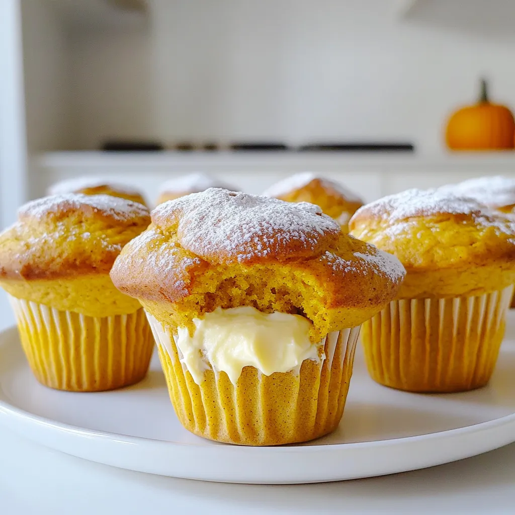 For these tasty muffins, you need: - 1 ½ cups all-purpose flour - 1 teaspoon baking soda - ½ teaspoon baking powder - 1 teaspoon ground cinnamon - ½ teaspoon ground nutmeg - ¼ teaspoon ground ginger - ½ teaspoon salt - ½ cup unsalted butter, softened - 1 cup granulated sugar - 1 cup pumpkin puree (canned or fresh) - 2 large eggs - 1 teaspoon vanilla extract - 4 oz cream cheese, softened - 1 tablespoon powdered sugar (for filling) - 1 teaspoon vanilla extract (for filling) Let’s break down some key ingredients. - Pumpkin Puree: This is the star of the show. It gives flavor, moisture, and a beautiful orange color. You can use canned or fresh pumpkin. Both work well. - Cream Cheese: This adds a rich, creamy texture to the muffins. It creates a delightful surprise in the center. Softened cream cheese blends best for the filling. - Spices: Cinnamon, nutmeg, and ginger bring warmth and depth. They make these muffins taste like fall. - Unsalted Butter: It adds richness. Make sure it’s softened for easy mixing. You can switch some ingredients for different tastes: - Flour: Use whole wheat flour for a healthier option. - Sugar: Substitute brown sugar for a deeper flavor. - Eggs: Use flax eggs for a vegan option. Mix 1 tablespoon of flaxseed meal with 2.5 tablespoons of water to replace one egg. - Pumpkin: If you don’t have pumpkin, try mashed banana or applesauce. They’ll keep the muffins moist. - Spices: Feel free to add a pinch of cloves or allspice for more flavor. These simple swaps let you make the muffins your own while keeping them delicious! To start, preheat your oven to 350°F (175°C). This step is key. While the oven heats, line a muffin tin with paper liners or grease it with non-stick spray. This helps the muffins come out easily. Next, gather your ingredients. You need both dry and wet items. The dry mix includes flour, baking soda, baking powder, spices, and salt. For the wet mix, you have butter, sugar, pumpkin puree, eggs, and vanilla. 1. Mix Dry Ingredients: In a large bowl, whisk your dry ingredients. Combine 1 ½ cups of flour, 1 teaspoon of baking soda, ½ teaspoon of baking powder, 1 teaspoon of ground cinnamon, ½ teaspoon of ground nutmeg, ¼ teaspoon of ground ginger, and ½ teaspoon of salt. Set this aside. 2. Cream Butter and Sugar: In another bowl, beat ½ cup of softened butter and 1 cup of granulated sugar together. Mix until it looks light and fluffy. This step adds air to your mix. 3. Add Wet Ingredients: Now, mix in 1 cup of pumpkin puree, 2 large eggs, and 1 teaspoon of vanilla extract. Stir this until fully combined. 4. Combine Mixtures: Gradually add your dry mix to the wet mix. Stir just until combined. Remember, a few lumps are okay. Overmixing makes muffins tough. 5. Prepare Cream Cheese Filling: In a small bowl, mix 4 oz of softened cream cheese, 1 tablespoon of powdered sugar, and 1 teaspoon of vanilla extract until smooth. This is your tasty filling. 6. Fill Muffin Cups: Spoon a tablespoon of batter into each muffin cup. Add a dollop of cream cheese filling on top. Cover this with another tablespoon of batter. Repeat until you use all the batter and filling. 7. Bake Muffins: Place the muffin tin in your preheated oven. Bake for 18-20 minutes. Check doneness with a toothpick. It should come out clean. After baking, let the muffins cool in the pan for 5 minutes. This helps them firm up. Then, transfer them to a wire rack to cool completely. For serving, dust the cooled muffins lightly with powdered sugar. You can enjoy them warm with whipped cream or chopped pecans on top. These simple touches add a nice finish. Baking can be tricky. Here are some common mistakes to watch out for: - Overmixing Batter: Mixing too much can make your muffins tough. Stir gently until combined. - Incorrect Oven Temperature: Always preheat your oven. An oven that is too hot or too cold can ruin your muffins. - Not Measuring Ingredients: Use proper measuring cups. Accurate measurements ensure the right texture and flavor. To make your pumpkin cream cheese muffins shine, follow these expert tips: - Use Room Temperature Ingredients: Make sure your butter, eggs, and cream cheese are at room temperature. This helps them blend well. - Mix Dry and Wet Separately: Mix dry and wet ingredients in different bowls before combining. This ensures even distribution. - Fill Muffin Cups Properly: Fill each muffin cup only halfway with batter. Add the cream cheese filling, then top with more batter. You can boost the flavor and texture of your muffins easily: - Add Spices: Consider adding extra spices like allspice or cloves for more depth. - Mix in Nuts: Chopped pecans or walnuts add crunch and flavor. Fold them into the batter gently. - Top with Seeds: Sprinkle pumpkin seeds on top before baking for a lovely crunch and visual appeal. These tips will help you create delicious, fluffy muffins that everyone will love. {{image_2}} You can easily change the flavor of pumpkin cream cheese muffins. Try adding chocolate chips for a sweet twist. The rich chocolate pairs well with the pumpkin and cream cheese. You can also mix in dried cranberries. These tart berries add a fun pop and a lovely color. If you want gluten-free muffins, swap out the all-purpose flour. Use a gluten-free flour blend that works in baking. For a vegan option, replace the eggs with flaxseed meal or applesauce. You can use a plant-based cream cheese for the filling, which creates a similar taste. You can customize these muffins for different seasons. In fall, add chopped pecans or walnuts for a nutty crunch. During winter, try adding orange zest. This bright flavor works well with pumpkin. In spring, you could fold in some fresh blueberries for a touch of freshness. Each variation brings a new taste to your favorite muffin! After baking, let the muffins cool completely. Place them in an airtight container. This keeps them fresh. You can store them at room temperature for up to three days. If you want them to last longer, the fridge is a good option. Just remember to wrap them well to avoid drying out. To freeze, first, let the muffins cool. Then, wrap each muffin tightly in plastic wrap. You can also use a freezer bag. Label the bag with the date. Muffins can stay frozen for up to three months. When you want one, just take it out and let it thaw at room temperature. Reheating is easy! For best results, use the oven. Preheat it to 350°F (175°C). Place the muffins on a baking sheet for about 10 minutes. If you need them fast, use the microwave. Heat them for about 10-15 seconds. Enjoy your warm muffins just like fresh! Yes, you can use fresh pumpkin. To do this, cut a pumpkin and remove the seeds. Roast the pumpkin until soft, then scoop out the flesh. Puree it until smooth. Fresh pumpkin gives a great taste, but canned pumpkin is often easier. To make these muffins healthier, consider these swaps: - Use whole wheat flour instead of all-purpose flour. - Replace some sugar with applesauce for sweetness. - Use Greek yogurt instead of cream cheese in the filling for added protein. - Add nuts or seeds for extra fiber and healthy fats. Yes, you can prepare the cream cheese filling ahead of time. Mix the cream cheese, powdered sugar, and vanilla extract and store it in the fridge. This can save time on baking day. Just remember to let it soften before using. Making muffins is a fun and easy task. We covered all the essential ingredients, instructions, and helpful tips. You learned about key ingredients and how to make perfect muffins. We also looked at creative variations and smart storage tips. Now, with all this knowledge, you can bake delicious muffins for any occasion. Remember to experiment with flavors and enjoy the process. Happy baking!