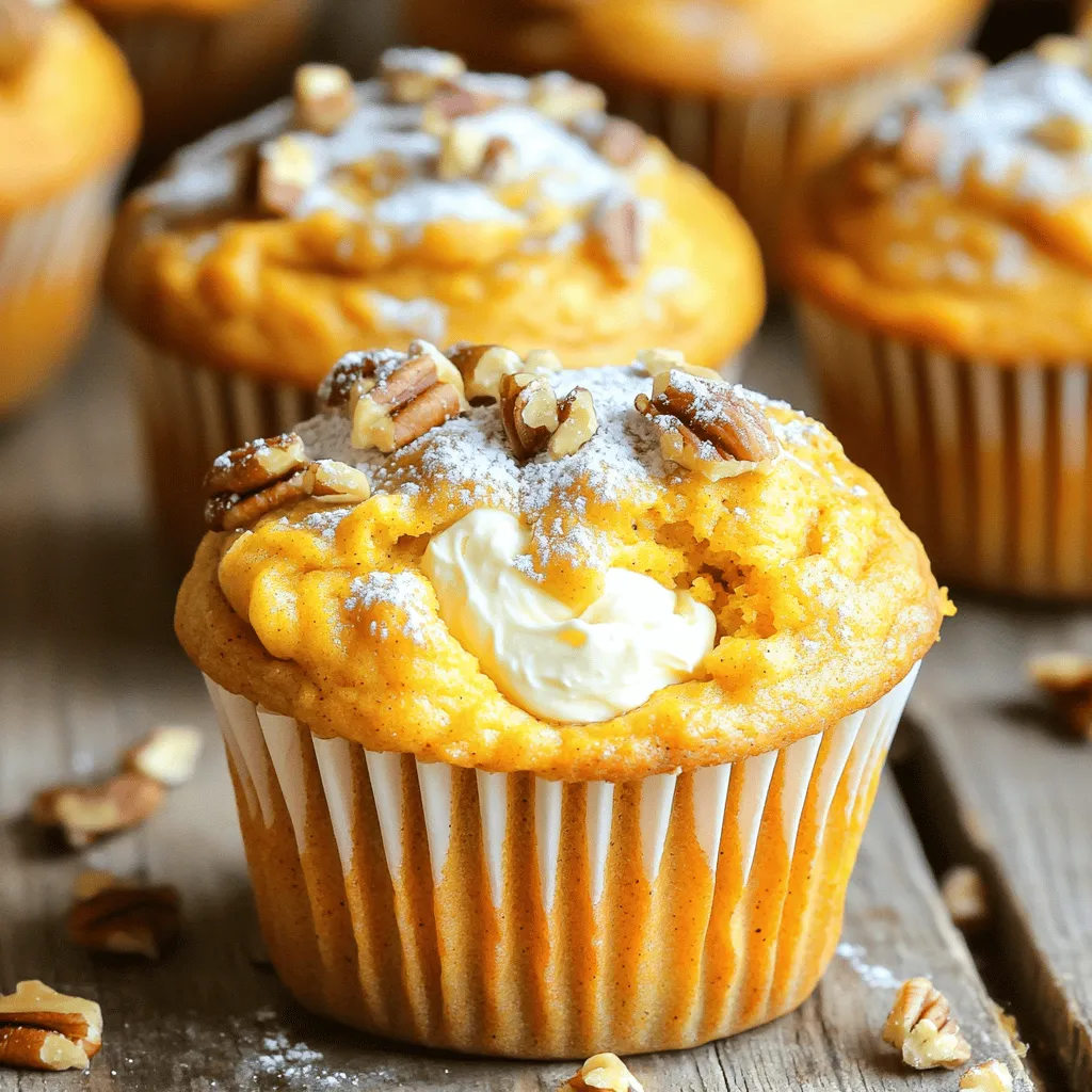 To make delicious pumpkin cream cheese muffins, gather these ingredients: - 1 cup canned pumpkin puree - 1/2 cup cream cheese, softened - 1 cup granulated sugar - 1/2 cup brown sugar, packed - 1/2 cup vegetable oil - 2 large eggs - 1 1/2 cups all-purpose flour - 1 teaspoon baking powder - 1 teaspoon baking soda - 1 teaspoon ground cinnamon - 1/2 teaspoon ground nutmeg - 1/2 teaspoon ground ginger - 1/4 teaspoon salt - 1 teaspoon vanilla extract These ingredients create a moist and flavorful muffin that everyone will love. The pumpkin puree brings a rich taste and the cream cheese adds a creamy texture. For an extra crunch, you can use these toppings: - Chopped pecans - Chopped walnuts These nuts add flavor and a nice texture on top of your muffins. You can mix and match or skip them if you prefer. Each muffin contains about: - Calories: 200 - Protein: 3g - Carbohydrates: 30g - Fat: 8g - Fiber: 1g - Sugar: 10g These muffins make a tasty snack or breakfast option. They are not overly sweet and offer a good balance of flavors. Enjoy them fresh out of the oven or later in the day! First, gather all your ingredients. You will need pumpkin puree, cream cheese, sugars, eggs, oil, flour, and spices. Preheat your oven to 350°F (175°C). Get your muffin tin ready by lining it with paper liners or greasing it lightly. This helps the muffins release easily after baking. In a large mixing bowl, take the softened cream cheese and beat it with granulated sugar and brown sugar. Mix until it is smooth and creamy. Then, add the vegetable oil, pumpkin puree, and eggs. Stir these ingredients well until they are fully combined. This mix will give your muffins a rich and moist texture. In a separate bowl, whisk together the flour, baking powder, baking soda, cinnamon, nutmeg, ginger, and salt. This step makes sure the dry ingredients are evenly mixed. Gradually add the dry mix to the wet mix. Stir until just combined; avoid overmixing to keep your muffins light. Next, use a spoon to fill each muffin cup about two-thirds full. If you want, sprinkle chopped pecans or walnuts on top. Bake in the preheated oven for 18-20 minutes. Check with a toothpick; it should come out clean. Let the muffins cool for five minutes in the tin before moving them to a wire rack. Enjoy your delicious pumpkin cream cheese muffins! To make perfect pumpkin cream cheese muffins, follow these tips: - Use Fresh Ingredients: Fresh eggs and new baking powder help your muffins rise well. - Mix Carefully: Combine wet and dry ingredients until just mixed. Overmixing makes them tough. - Measure Flour Properly: Spoon flour into your measuring cup. Level it off without packing it down. - Fill Muffin Cups: Fill each cup about 2/3 full for the best height and texture. - Check for Doneness: Insert a toothpick in the center. If it comes out clean, they are ready! Avoid these common pitfalls for the best results: - Skipping the Cream Cheese: This adds moisture and flavor. Don’t leave it out! - Not Preheating the Oven: Always preheat your oven. This helps your muffins bake evenly. - Using Cold Ingredients: Make sure your cream cheese and eggs are at room temperature. - Ignoring Spice Measurements: Be precise with spices. They bring warmth and flavor to your muffins. Serve your muffins in fun and tasty ways: - Warm with Butter: Spread a little butter on a warm muffin for a cozy treat. - With Whipped Cream Cheese: Top with whipped cream cheese for a creamy bite. - Garnish with Nuts: Add chopped pecans or walnuts for extra crunch. - Pair with Coffee or Tea: Enjoy them alongside your morning drink for a perfect start. {{image_2}} To make pumpkin cream cheese muffins gluten-free, swap all-purpose flour for a gluten-free blend. Many brands work well, so choose one that you like. For a vegan version, replace the cream cheese with a dairy-free cream cheese. You can also use flax eggs instead of regular eggs. Mix 1 tablespoon of ground flaxseed with 2.5 tablespoons of water to make one flax egg. You can boost the flavor of your muffins with spices. Consider adding ground cloves or allspice for a warm touch. If you want more texture, mix in chocolate chips or dried cranberries. Nuts like pecans or walnuts add a nice crunch. Just chop them up and fold them into the batter for extra fun. While pumpkin is a classic choice, you can use other squashes too. Butternut squash or acorn squash can create a similar taste. Just make sure to puree them well before mixing. This gives you a chance to enjoy different flavors while keeping the same great texture in your muffins. Plus, it’s a fun way to experiment in the kitchen! To keep your pumpkin cream cheese muffins fresh, store them in an airtight container. Place wax paper between layers to avoid sticking. You can keep them at room temperature for about three days. For longer storage, refrigerate them. This keeps the muffins moist and tasty. You can freeze these muffins for later. First, let them cool completely. Then, wrap each muffin in plastic wrap. Place the wrapped muffins in a freezer bag. They stay good for up to three months. When you're ready to eat them, just thaw at room temperature. To reheat frozen muffins, take them out and unwrap them. You can microwave them for 15 to 20 seconds. If you prefer a crispy top, place them in the oven at 350°F (175°C) for about 5 to 10 minutes. Enjoy them warm for the best taste! Yes, you can substitute the cream cheese. You can use Greek yogurt for a lighter option. You could also try mascarpone cheese for a richer flavor. Just keep in mind that the texture may change slightly. This might make the muffins fluffier or denser, depending on the choice. These muffins last about three days at room temperature. To keep them fresh, store them in an airtight container. If you want them to last longer, you can freeze them. Frozen muffins will keep well for about three months. Just thaw them at room temperature when you’re ready to enjoy. Absolutely, you can use fresh pumpkin. Start with a sugar pumpkin for the best taste. Roast it, scoop out the flesh, and mash it until smooth. Using fresh pumpkin can add a unique flavor to your muffins. Just remember that the moisture content may differ, so adjust the recipe if needed. This blog post covered all you need to make great muffins. We explored the right ingredients, tips for success, and common mistakes to avoid. I shared ideas for variations that fit different diets and seasons. You now know how to store muffins properly, which helps them last longer. Remember, baking is fun! With practice, you will perfect your muffins and impress others. Enjoy this tasty journey and happy baking!