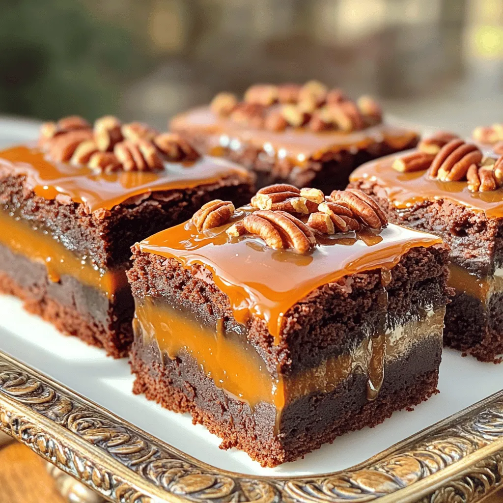To create these rich and decadent Caramel Pecan Turtle Brownies, you will need the following ingredients: - 1 cup unsalted butter (2 sticks) - 1 ½ cups granulated sugar - 1 cup brown sugar, packed - 4 large eggs - 1 teaspoon vanilla extract - 1 ½ cups all-purpose flour - 1 cup unsweetened cocoa powder - ½ teaspoon baking powder - ½ teaspoon salt - 1 cup semi-sweet chocolate chips - 1 cup chopped pecans - 1 cup caramel sauce (store-bought or homemade) These ingredients will work together to create layers of flavor and texture. The butter adds richness, while the sugars provide sweetness. The eggs bind everything and give the brownies their nice texture. The flour and cocoa powder form the base, making them soft and fudgy. Chopped pecans add a delightful crunch, and the caramel sauce brings that gooey, sweet element that makes these brownies truly special. You can choose to use store-bought caramel for convenience or make your own for a personal touch. This combination of ingredients guarantees a treat that is both indulgent and satisfying. - Preheat your oven to 350°F (175°C). - Grease and line a 9x13-inch baking pan with parchment paper. - In a saucepan, melt 1 cup of unsalted butter over low heat. - Stir in 1 ½ cups of granulated sugar and 1 cup of packed brown sugar until smooth. - Remove from heat and let it cool slightly. - Add 4 large eggs, one at a time, whisking well after each addition. - Stir in 1 teaspoon of vanilla extract. - In a separate bowl, whisk together 1 ½ cups of all-purpose flour, 1 cup of unsweetened cocoa powder, ½ teaspoon of baking powder, and ½ teaspoon of salt. - Gradually add this dry mixture to the wet ingredients. Mix just until combined. - Pour half of the brownie batter into the prepared pan, spreading it evenly. - Drizzle half of the 1 cup of caramel sauce over the batter. - Carefully spoon the remaining brownie batter over the caramel layer. - Finish by drizzling the top with the remaining caramel sauce and sprinkling reserved pecans on top. - Bake in the preheated oven for 25-30 minutes. - Check doneness by inserting a toothpick into the center; it should come out with a few moist crumbs. - Allow the brownies to cool in the pan for about 15 minutes. - Use the parchment overhang to lift them out and cool completely on a wire rack before cutting into squares. To get the ideal brownie texture, start with room temperature ingredients. This helps them mix smoothly. Always measure your ingredients accurately. Too much flour can make brownies dry. Use a kitchen scale for the best results. Mix the batter gently. Overmixing can lead to tough brownies. When you add the dry ingredients, stop mixing as soon as you see no dry flour. The batter should be thick and fudgy, not runny. For fun flavor twists, add a pinch of sea salt on top. This enhances the sweetness and adds depth. You can also use flavored caramel, like vanilla or salted caramel, to change the taste. Consider adding toppings like chocolate chips or crushed toffee. You can mix in extra nuts, too. Try walnuts or almonds for a different crunch. These small tweaks can elevate your brownies to a new level of yum! {{image_2}} You can easily switch up the nuts in your Caramel Pecan Turtle Brownies. If you want a different flavor, try using walnuts or almonds. Walnuts add a rich taste and a nice crunch. Almonds bring a sweet and nutty touch. Both options will still give you that great texture and flavor. The type of chocolate you use can change the taste of your brownies. For a creamier flavor, use milk chocolate instead of semi-sweet. Dark chocolate gives a more intense taste, perfect for chocolate lovers. Feel free to mix and match chocolate types to find your favorite blend. You can make these brownies gluten-free with a simple swap. Replace all-purpose flour with a gluten-free flour blend. Make sure the blend has a good mix of starches and flours. This way, you can enjoy delicious brownies without gluten. To keep your Caramel Pecan Turtle Brownies fresh, store them at room temperature. Place them in an airtight container. This helps prevent them from drying out. You can also cover the container with plastic wrap for extra protection. You can freeze these brownies for later enjoyment. First, let them cool completely. Then, cut them into squares. Wrap each square tightly in plastic wrap. Place the wrapped brownies in a freezer-safe bag or container. When you want to eat them, take them out and thaw overnight in the fridge. You can also warm them in the microwave for a few seconds to enjoy a freshly baked taste. Caramel Pecan Turtle Brownies stay fresh for about 3 to 5 days at room temperature. Keep them in an airtight container to maintain their softness. If you want them to last longer, you can refrigerate them for up to a week. Just remember, chilling can change the texture a bit. For the best taste, I recommend enjoying them fresh! Absolutely! Homemade caramel sauce adds a rich, fresh flavor to your brownies. Making your own allows you to control the sweetness and texture. To make it, cook sugar, butter, and cream until it thickens. Just let it cool before adding it to the brownies. This extra step makes your treats even more special! If your brownies are too gooey, they may need more baking time. Check them a few minutes before the timer goes off. Insert a toothpick into the center. If it comes out with wet batter, bake for a few more minutes. If they are too gooey after cooling, try putting them in the fridge for a bit. This can help them firm up. You learned how to make delicious Caramel Pecan Turtle Brownies with simple steps. We discussed key ingredients, preparation, and tips for perfect texture. You can customize these brownies using different nuts and chocolate types. Storing your brownies properly will keep them fresh. Enjoy experimenting with flavors and techniques. These brownies are sure to impress and satisfy any sweet tooth! Happy baking!